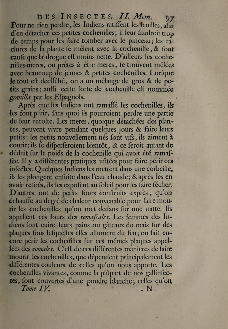 Polir ne lieu perdre, les Indiens ratifient les feuilles, afin d’en détacher ces petites cochenilles; il leur faudrait trop de temps pour les faire tomber avec le pinceau ; les ra¬ clures de la plantefe mêlent avec la cochenille,& font caufe que lav drogue eft moins nette. D’ailleurs les coche- nilles-meres, ou prêtes à être meres, fe trouvent mêlées avec beaucoup de jeunes & petites cochenilles. Lorfque Je tout eft decflehé, on a un mélange de gros & de pe¬ tits grains ; auffi cette forte de cochenille eft nommée granilla par les Efpagnols. Après que les Indiens ont ramafle les cochenilles, ifs les font périr, fans quoi ils pourraient perdre une partie de leur récolté. Les meres, quoique détachées des plan¬ tes, peuvent vivre pendant quelques jours & faire leurs petits : les petits nouvellement nés font vifs, ils aiment à courir; ils fe difperferoient bientôt, & ce ferait autant de déduit fur le poids de la cochenille qui avoit été ramaf- fée. Il y a différentes pratiques ufitées pour faire périr ces infeétes. Quelques Indiens les mettent dans une corbeille, ils les plongent enfuite dans l’eau chaude ; & après les en avoir retirés, ils les expofent au foleil pour les faire fécher. D’autres ont de petits fours conftruits exprès, qu’on échauffe au degré de chaleur convenable pour faire mou¬ rir les cochenilles qu’on met dedans fur une natte. Us appellent ces fours des temafcales.. Les femmes des In¬ diens font cuire leurs pains ou gâteaux de maiz fur des plaques fous lefquelles elles allument du feu; on fait en¬ core périr les cochenilles fur ces mêmes plaques appel- lées des comales. C’eft de ces différentes maniérés de faire mourir les cochenilles, que dépendent principalement les différentes couleurs de celles qu’on nous apporte. Les cochenilles vivantes, comme la plupart de nos gallinfec- tes, font couvertes d’une poudre blanche; celles qu’on
