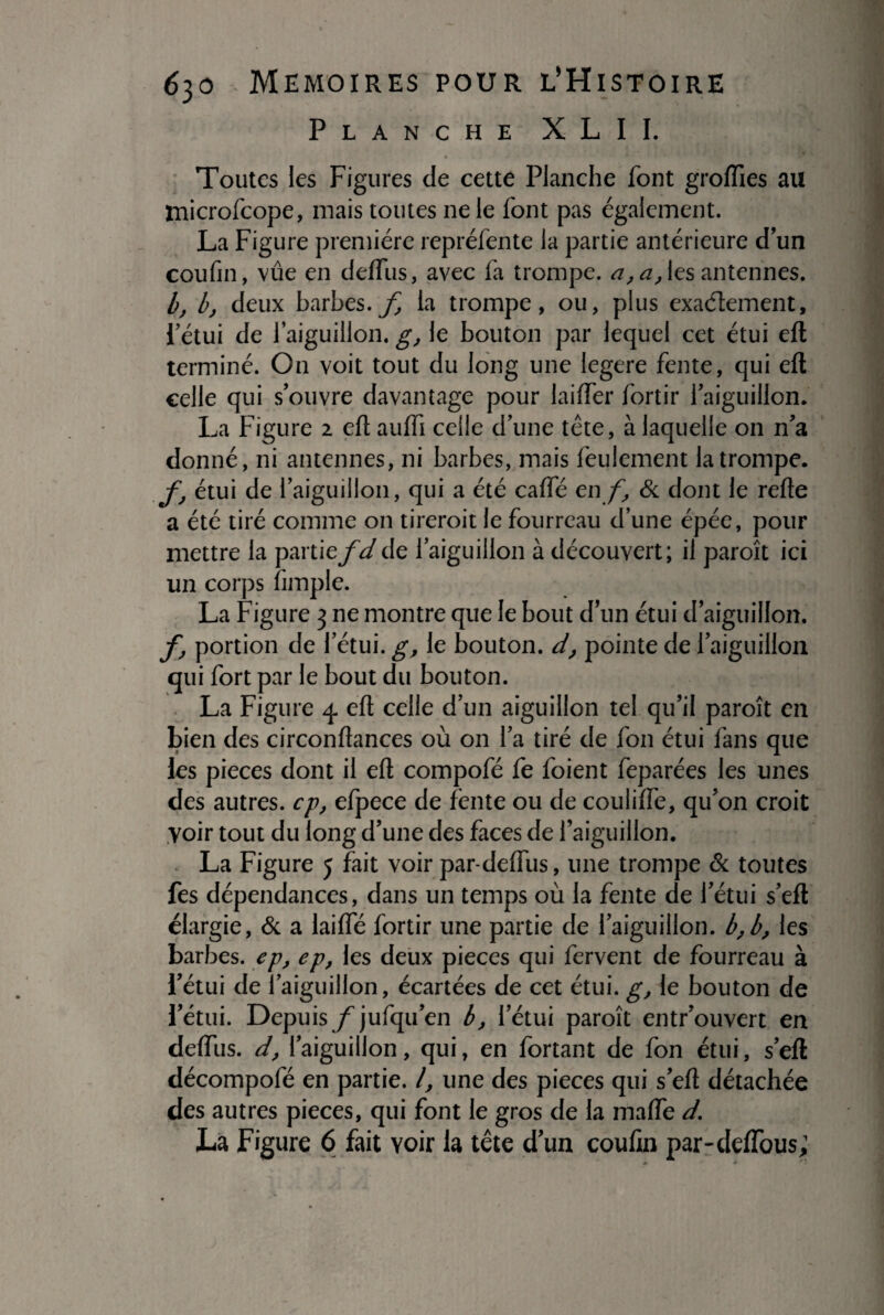 Planche X L I I. Toutes les Figures de cette Planche font groffies au microfcope, mais toutes ne le font pas également. La Figure première repréfente la partie antérieure d’un coufin, vue en deffus, avec fa trompe, a, a, les antennes. b, b, deux barbes.la trompe, ou, plus exactement, Fétui de l’aiguillon, g, le bouton par lequel cet étui eft terminé. On voit tout du long une legere fente, qui eft celle qui s’ouvre davantage pour biffer fortir l’aiguillon. La Figure 2 eft auffi celle d’une tête, à laquelle on n’a donné, ni antennes, ni barbes, mais feulement la trompe. f, étui de l’aiguillon, qui a été caffé enf, & dont le refte a été tiré comme on tireroit le fourreau d’une épée, pour mettre la partiefdde l’aiguillon à découvert; il paroît ici un corps fimple. La Figure 3 ne montre que le bout d’un étui d’aiguillon. f, portion de l’étui, g, le bouton. d> pointe de l’aiguillon qui fort par le bout du bouton. La Figure 4 eft celle d’un aiguillon tel qu’il paroît en bien des circonftances où on l’a tiré de fon étui fans que les pièces dont il eft compofé fe foient feparées les unes des autres, cp, efpece de fente ou de codifié, qu’on croit Voir tout du long d’une des faces de l’aiguillon. La Figure 5 fait voir par-deffus, une trompe & toutes fes dépendances, dans un temps où la fente de l’étui s’eft élargie, & a biffé fortir une partie de l’aiguillon, b,b, les barbes, ep, ep, les deux pièces qui fervent de fourreau à l’étui de l’aiguillon, écartées de cet étui, g, le bouton de l’étui. Depuis /jufqu’en b, l’étui paroît entr’ouvert en deffus. d, l’aiguillon, qui, en fortant de fon étui, s’eft décompofé en partie. I, une des pièces qui s’eft détachée des autres pièces, qui font le gros de b maffe d. La Figure 6 fait yoir la tête d’un coufin par-deffous;