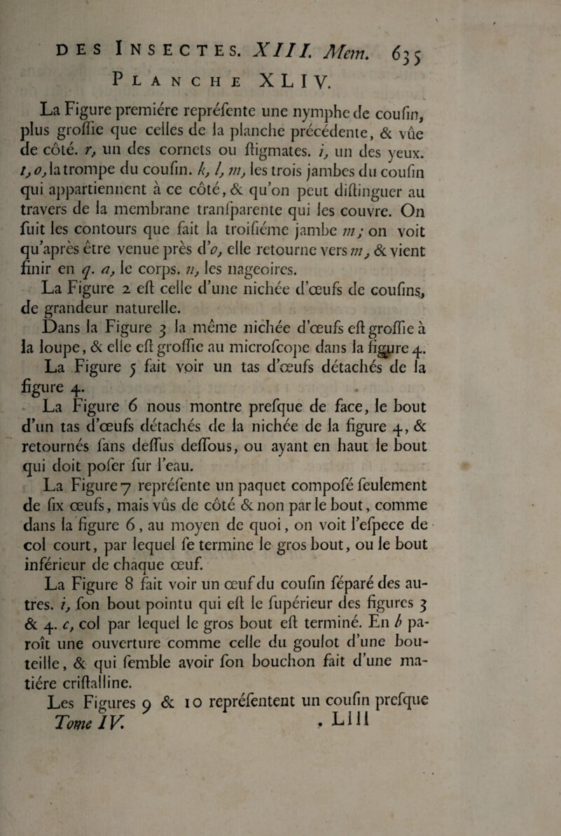 Planche XLIV. La Figure première repréfente une nymphe de cou fin, plus groffie que celles de la planche précédente, & vûe de côté, r, un des cornets ou ftigmates. i, un des yeux. t,o, la trompe du coufm. k, 4 m, les trois jambes du coufin qui appartiennent à ce côté,& qu’on peut diftinguer au travers de la membrane tranfparente qui les couvre. On fuit les contours que fait la troifiéme jambe m ; on voit qu après être venue près d’o, elle retourne vers m, & vient finir en q. a, le corps, n, les nageoires. La Figure 2 eft celle d’une nichée d’œufs de coufins, de grandeur naturelle. Dans la Figure 3 la même nichée d’œufs eft groffie à la loupe, & elle eft groffie au microfcope dans la figure4. La Figure 5 fait voir un tas d’œufs détachés de la figure 4. La Figure 6 nous montre prefque de face, le bout d’un tas d’œufs détachés de la nichée de la figure 4, & retournés fans deffus deffous, ou ayant en haut le bout qui doit pofer fur l’eau. La Figure 7 repréfente un paquet compofé feulement de fix œufs, mais vus de côté & non par le bout, comme dans la figure 6, au moyen de quoi, on voit l’efpece de col court, par lequel fe termine le gros bout, ou le bout inférieur de chaque œuf. La Figure 8 fait voir un œuf du coufin féparé des au¬ tres. 4 fon bout pointu qui eft le fupérieur des figures 3 & 4. c, col par lequel le gros bout eft terminé. En b pa- roît une ouverture comme celle du goulot d’une bou¬ teille, & qui femble avoir fon bouchon fait d’une ma¬ tière criftalline. Les Figures o & 10 repréfentent un coufin prefque Tome IV. , LUI