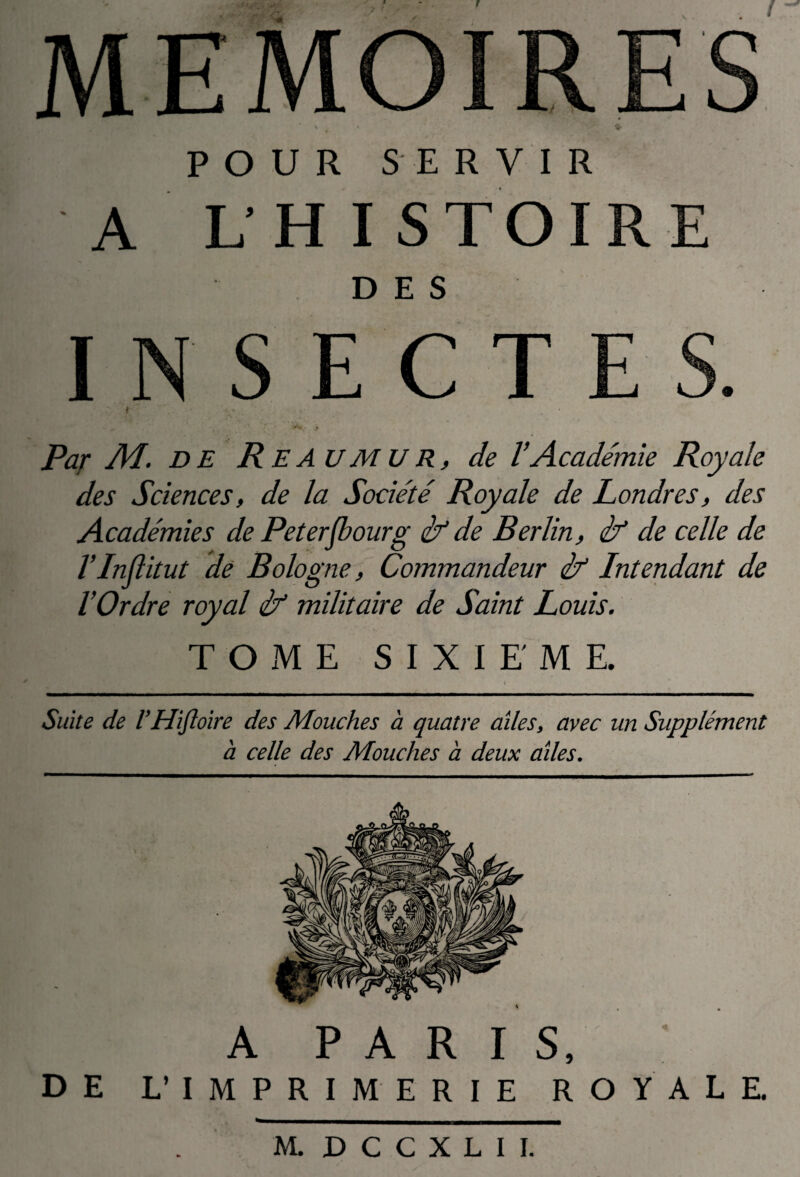 POUR SERVIR A L’HISTOIRE DES Par M. DE Re AU MU R, de V Académie Royale des Sciences, de la Société Royale de Londres, des Académies de Peterfbourg if de Berlin, if de celle de VInflitut de Bologne, Commandeur if Intendant de VOrdre royal if militaire de Saint Louis. TOME S I X I E M E. Suite de l’Hifloire des Mouches à quatre ailes, avec un Supplément à celle des Mouches h deux ailes. A P A R I S, DE L’IMPRIMERIE ROYALE. M. D C C X L 1 I.