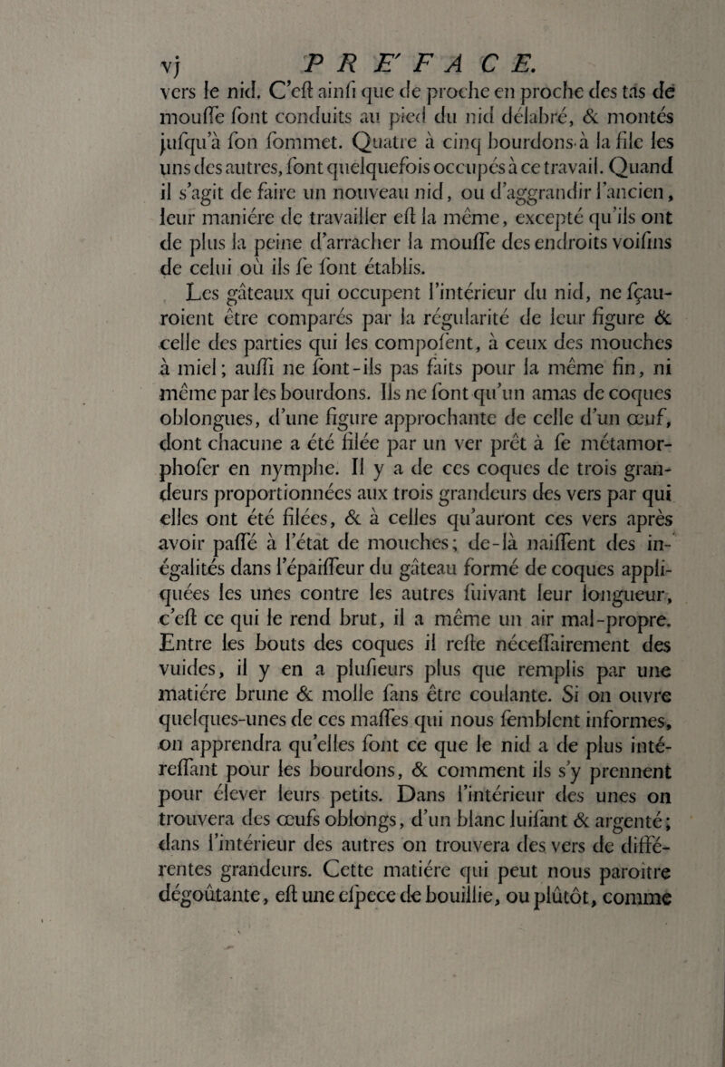 vers le nid, Ceft ainfi que de proche en proche des tas de moufle font conduits an pied du nid délabré, & montés Mu à fon foinmet. Quatre à cinq bourdons à la file les uns des autres, font quelquefois occupés à ce travail. Quand il s’agit de faire un nouveau nid, ou d’aggrandir l’ancien, leur manière de travailler eft la même, excepté qu’ils ont de plus la peine d arracher la mouffe des endroits voifins de celui où ils fe font établis. Les gâteaux qui occupent l’intérieur du nid, nefçau- roient être comparés par la régularité de leur figure & celle des parties qui les compolènt, à ceux des mouches à miel; auffi ne font-ils pas fiiits pour la même fin, ni même par les bourdons. Ils ne font qu’un amas de coques oblongues, d’une figure approchante de celle d’un œuf, dont chacune a été filée par un ver prêt à fe métamor- phofer en nymphe. Il y a de ces coques de trois gran¬ deurs proportionnées aux trois grandeurs des vers par qui elles ont été filées, & à celles qu’auront ces vers après avoir paffé à l’état de mouches; de-là naiffent des in¬ égalités dans l’épaiffeur du gâteau formé de coques appli¬ quées les unes contre les autres fuivant leur longueur, c’eft ce qui le rend brut, il a même un air mal-propre. Entre les bouts des coques il refie néceiïairement des vuides, il y en a plufieurs plus que remplis par une matière brune & molle fans être coulante. Si on ouvre quelques-unes de ces mafies qui nous femblcnt informes, on apprendra quelles font ce que le nid a de plus inté- reffant pour les bourdons, & comment ils s’y prennent pour élever leurs petits. Dans l’intérieur des unes on trouvera des œufs oblongs, d’un blanc luifant & argenté; dans l’intérieur des autres on trouvera des vers de diffé¬ rentes grandeurs. Cette matière qui peut nous paroitre dégoûtante, eft une elpece de bouillie, ouplûtôt, comme