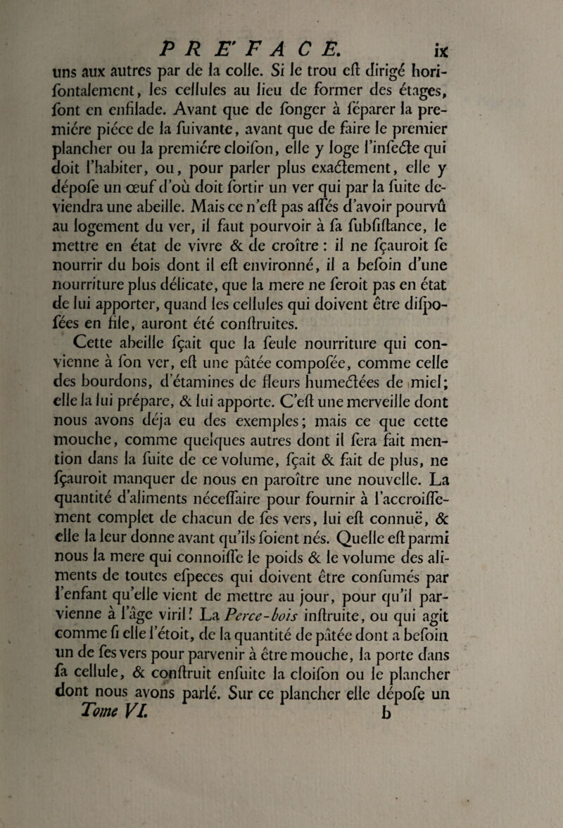 uns aux autres par de la colle. Si le trou eft dirigé hori- fontalement, les cellules au lieu de former des étages, font en enfilade. Avant que de fonger à féparer la pre¬ mière pièce de la fuivante, avant que de faire le premier plancher ou la première cloifon, elle y loge finfeète qui doit l’habiter, ou, pour parler plus exactement, elle y dépofe un œuf d’où doit fortir un ver qui par la fuite de¬ viendra une abeille. Mais ce n’eft pas affés d avoir pourvû au logement du ver, il faut pourvoir à fa fubfiftance, le mettre en état de vivre & de croître : il ne fçauroit fe nourrir du bois dont il eft environné, il a befoin d’une nourriture plus délicate, que la mere ne feroit pas en état de lui apporter, quand les cellules qui doivent être difpo- fées en file, auront été conftruites. Cette abeille fçait que la feule nourriture qui con¬ vienne à fon ver, efl une pâtée compofée, comme celle des bourdons, d étamines de fleurs humectées de imiel; elle la lui prépare, & lui apporte. C’eft une merveille dont nous avons déjà eu des exemples; mais ce que cette mouche, comme quelques autres dont il fera fait men¬ tion dans la fuite de ce volume, fçait & fait de plus, ne fçauroit manquer de nous en paroître une nouvelle. La quantité d’aliments néceffaire pour fournir à i’accroifle- ment complet de chacun de fes vers, lui eft connue, & elle la leur donne avant qu’ils foient nés. Quelle eft parmi nous la mere qui connoiffe le poids & le volume des ali¬ ments de toutes efpeces qui doivent être confumés par l’enfant qu’elle vient de mettre au jour, pour qu’il par¬ vienne à l’âge viril î La Perce-bois inftruite, ou qui agit comme fi elle l’étoit, de la quantité de pâtée dont a befoin un de fes vers pour parvenir à être mouche, la porte dans fa cellule, & conftruit enfuitc la cloifon ou le plancher dont nous avons parlé. Sur ce plancher elle dépofe un