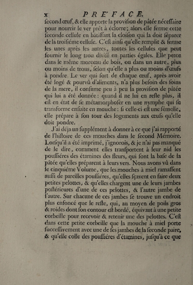 fécond œuf, & elle apporte la provifion de pâtée néceflaire pour nourrir le ver prêt à éclorre ; alors elle ferme cette fécondé cellule en bâti fiant la cloifon qui la doit fëparer de la troifiéme cellule. C’cft ainfi qu'elle remplit & ferme les unes après les autres, toutes les cellules que peut fournir le long trou divifé en parties égales. Elle perce dans le même morceau de bois, ou dans un autre, plus ou moins de trous, félon qu’elle a plus ou moins d'œufs à pondre. Le ver qui fort de chaque œuf, après avoir été logé & pourvû d’aliments, n’a plus befoin des foins de la mere, il confume peu à peu la provifion de pâtée qui lui a été donnée: quand il ne lui en refte plus, il efl en état de fe métamorphofcr en une nymphe qui fe transformeenfuiteen mouche: fi celle-ci eftunefémelle* elle prépare à fon tour des logements aux œufs qu’elle doit pondre. J’ai déjà un fupplément à donner à ce que j’ai rapporté de fliifloire de ces mouches dans le fécond Mémoire. Lorfqu’il a été imprimé, j’ignorois, & je n’ai pas manqué de le dire, comment elles tranfportent à leur nid les pouffiéres des étamines des fleurs, qui font la bafe de la pâtée qu’elles préparent à leurs vers. Nous avons vu dans le cinquième Volume, que les mouches à miel ramaffent aiîfli de pareilles pouffiéres, qu’elles fçavent en faire deux petites pelottes, & qu’elles chargent une de leurs jambes pofiérieures d’une de ces pelottes, & l’autre jambe de l’autre. Sur chacune de ces jambes fe trouve un endroit plus enfoncé que le refte, qui, au moyen de poils gros & roides dont fon contour efl bordé, équivaut à une petite corbeille pour recevoir & retenir une des pelottes. C’efl dans cette petite corbeille que la mouche à miel porte fucceiïi veulent avec une de fes jambes de la fécondé paire, & qu’elle colle des pouffiéres d etaniines, jufqu’à ce que i