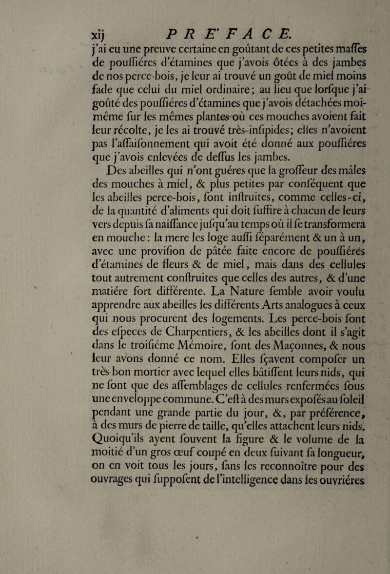 j’ai eu une preuve certaine en goûtant de ces petites mafTes de pouffiéres d'étamines que j’avois ôtées à des jambes de nos perce-bois, je leur ai trouvé un goût de miel moins fade que celui du miel ordinaire; au lieu quelorfque j’ai goûté des pouffiéres d'étamines que j'avois détachées moi- même fur les mêmes plante^où ces mouches avoient fait leur récolte, je les ai trouvé très-infipides; elles n avoient pas l'aflaifonnement qui avoit été donné aux pouffiéres que j’avois enlevées de defliis les jambes. Des abeilles qui n'ont guéres que la groffieur des mâles des mouches à miel, & plus petites par conféquent que les abeilles perce-bois, font inffiuites, comme celles-ci, de la quantité d’aliments qui doit liiffire à chacun de leurs vers depuis fa naiffance jufqu'au temps où il fe transformera en mouche : la mere les loge auffi féparément & un à un, avec une provifion de pâtée faite encore de pouffiéres d'étamines de fleurs & de miel, mais dans des cellules tout autrement conftruites que celles des autres, & d'une matière fort différente. La Nature femble avoir voulu apprendre aux abeilles les différents Arts analogues à ceux qui nous procurent des logements. Les perce-bois font des efpeces de Charpentiers, & les abeilles dont il s'agit dans le troifiéme Mémoire, font des Maçonnes, & nous leur avons donné ce nom. Elles fçavent compofer un très bon mortier avec lequel elles bâtiflent leurs nids, qui ne font que des aflemblages de cellules renfermées fous une enveloppe commune. C'eft à des murs expofés au foleil pendant une grande partie du jour, &, par préférence, à des murs de pierre de taille, qu'elles attachent leurs nids» Quoiqu’ils ayent fouvent la figure & le volume de la moitié d'un gros œuf coupé en deux fuivant fa longueur, on en voit tous les jours, fans les reconnoître pour des ouvrages qui fuppofent de l'intelligence dans les ouvrières