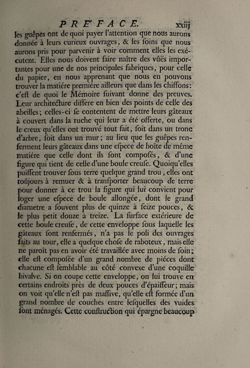 PREFACE. xxîij les guêpes ont de quoi payer l’attention que nous aurons donnée à leurs curieux ouvrages, & les foins que nous aurons pris pour parvenir à voir comment elles les exé¬ cutent. Elles nous doivent faire naître des vues impor¬ tantes pour une de nos principales fabriques, pour celle du papier, en nous apprenant que nous en pouvons trouver la matière première ailleurs que dans les chiffons: c’efl de quoi le Mémoire fuivant donne des preuves. Leur architeélure différé en bien des points de celle des abeilles ; celles-ci fe contentent de mettre leurs gâteaux à couvert dans la ruche qui leur a été offerte, ou dans le creux qu’elles ont trouvé tout fait, foit dans un tronc d’arbre, foit dans un mur ; au lieu que les guêpes ren¬ ferment leurs gâteaux dans une efpece de boîte de même matière que celle dont ils font compofés, & d’une figure qui tient de celle d’une boule creufe. Quoiqu’elles puiffent trouver fous terre quelque grand trou, elles ont toujours à remuer & à tranfporter beaucoup de terre pour donner à ce trou la figure qui lur convient pour loger une efpece de boule allongée, dont le grand diamètre a fouvent plus de quinze à feize pouces, 6c le plus petit douze à treize. La furface extérieure de cette boule creufe, de cette enveloppe fous laquelle les gâteaux font renfermés, n’a pas le poli des ouvrages faits au tour, elle a quelque chofe de raboteux, mais elle ne paroît pas en avoir été travaillée avec moins de foin ; elle efl compofée d’un grand nombre de pièces dont chacune efl femblable au côté convexe d’une coquille bivalve. Si on coupe cette enveloppe, on lui trouve en- certains endroits près de deux pouces d’épaiflèur ; mais on voit qu’elle n’efl pas maffive, qu’elle efl formée d’un grand nombre de couches entre iefquelles des vuides font ménagés. Cette conftruÆon qui épargne beaucoup
