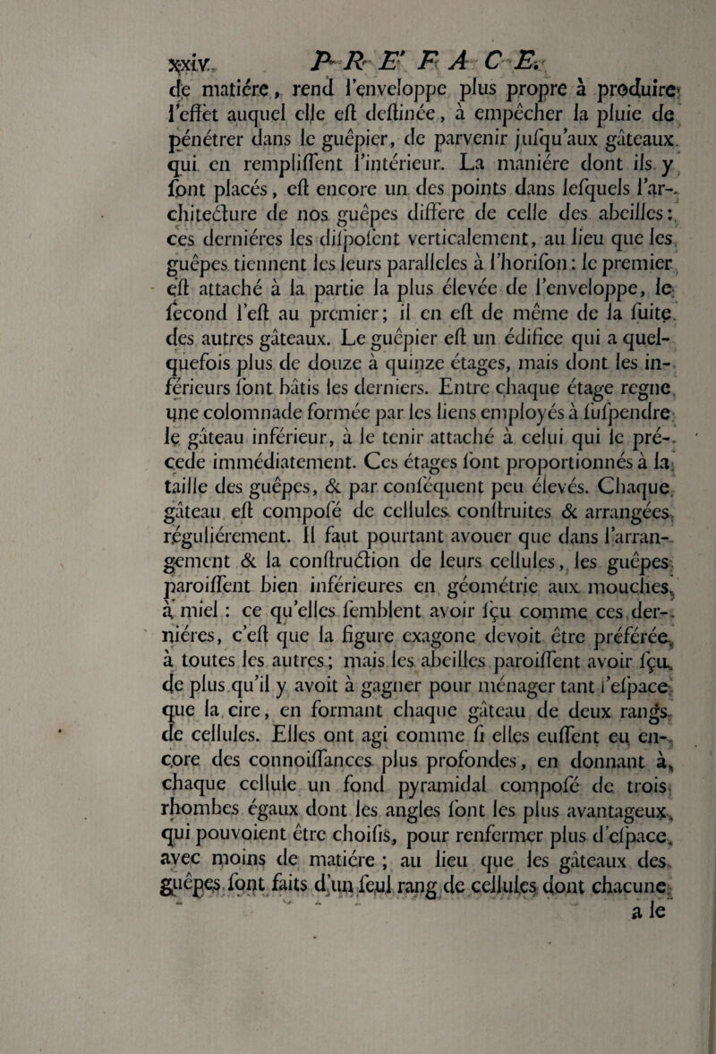 3çxt\r, P* Rr E\, F A C Eij de matière, rend l’enveloppe plus propre à produire* 1 effet auquel elle eft deftinée, à empêcher la pluie de pénétrer dans le guêpier, de parvenir jufqu’aux gâteaux, qui en rempiiffent l'intérieur. La manière dont ils y font placés, eft encore un des points dans lefquels lar-. chiteéture de nos guêpes diffère de celle des abeilles: ces dernières les dilpofent verticalement, au lieu que les guêpes tiennent les leurs parallèles à l’horifon : Je premier éft attaché à la partie la plus élevée de l'enveloppe, le fécond l’eft au premier; il en eft de même de la fuite, des autres gâteaux. Le guêpier eft un édifice qui a quel¬ quefois plus de douze à quinze étages, mais dont les in¬ férieurs font bâtis les derniers. Entre chaque étage régné une colomnade formée par les liens employés à fufpendre. le gâteau inférieur, à le tenir attaché à celui qui le pré-, cede immédiatement. Ces étages font proportionnés à la taille des guêpes, & par conféquent peu élevés. Chaque gâteau eft compofé de cellules confiantes & arrangées régulièrement. Il faut pourtant avouer que dans l’arran¬ gement & la conftruétion de leurs cellules, les guêpes paroiffent bien inférieures en géométrie aux mouches à miel : ce qu’elles femblent avoir lçu comme ces dei>. niéres, c’eft que la figure exagone devoit être préférée, à toutes les autres; mais les abeilles paroiffent avoir fçu. de plus qu’il y avoit à gagner pour ménager tant i’efpaçe; que la cire, en formant chaque gâteau de deux rangs, de cellules. Elles ont agi comme fi elles euffènt eu en¬ core des connoiffances plus profondes , en donnant à, chaque cellule un fond pyramidal compofé de trois rhomhes égaux dont les angles font les plus avantageux, qui pouvoient être choifis, pour renfermer plus d elpace. avec moins de matière ; au lieu que les gâteaux des guêpes font faits d.’uivfquj rang de cellules dont chacune a le