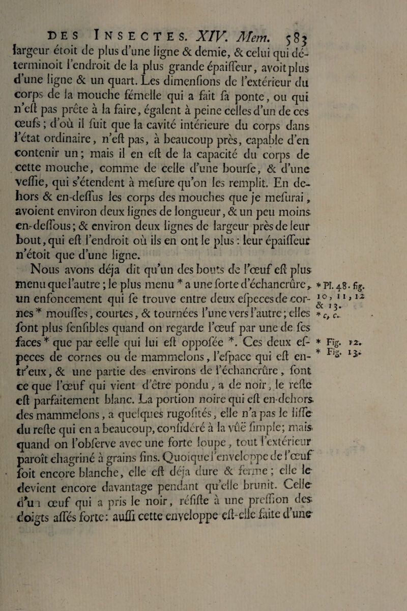 largeur étoit de plus d'une ligne & demie, & celui qui dé- terminoit l'endroit de la plus grande épaifleur, avoitplus d’une ligne & un quart. Les dimçnfions de l'extérieur du corps de la mouche femelle qui a fait fa ponte, ou qui nell pas prête à la faire, égalent à peine celles d'un de ces œufs ; d'où ii fuit que la cavité intérieure du corps dans l'état ordinaire, n'eft pas, à beaucoup près, capable d'eu contenir un ; mais il en eft de la capacité du corps de cette mouche, comme de celle d'une bourfe, de d'une veffie, qui s’étendent à mefure qu’on les remplit. En de¬ hors & en-deflus les corps des mouches que je mefurai, avoient environ deux lignes de longueur, & un peu moins en-delfous; & environ deux lignes de largeur près de leur bout,qui efl l'endroit où ils en ont le plus : leur épaifleur n’étoit que d’une ligne. Nous avons déjà dit qu’un des bouts de l’œuf eft plus menu que l'autre ; le plus menu * a une forte d'échancrure* un enfoncement qui fe trouve entre deux efpeces de cor¬ nes * moufles, courtes, & tournées l'une vers l'autre ; elles font plus fenfibles quand on regarde l'œuf par une de fes faces * que par celle qui lui efl oppofée *. Ces deux ef¬ peces de cornes ou de mammelons, l'efpace qui efl en- tr’eux, & une partie des environs de l’échancrure , font ce que l’œuf qui vient d’être pondu * a de noir, le relie eft parfaitement blanc. La portion noire qui efl en-dehors des mammelons, a quelques rugofités, elle n'a pas le lifte du relie qui en a beaucoup, conlidéré à la vue Ample; mais quand on l'obferve avec une forte loupe, tout l'extérieur paroît chagriné à grains fins. Quoique l’enveloppe de l’œuf * foit encore blanche, elle eft déjà dure & renne ; elle le- devient encore davantage pendant qu elle brunit. Cclle> d\n œuf qui a pris le noir, réfifte a une prelfion des doigts allés forte: auüx cette enveloppe df-ede faite d une * PI. 48* fig. 10, I I , I Z & 13. * £> C- * Fig. F2v * Fig. 1$. 1