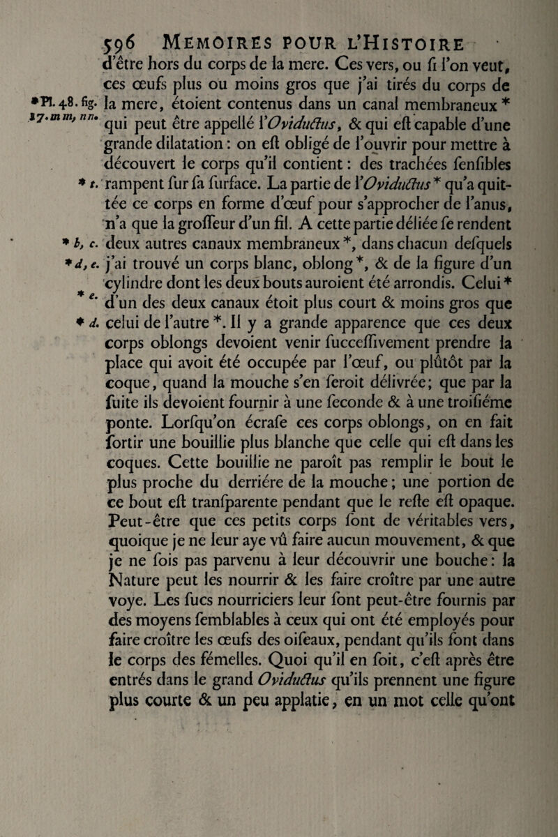 d’être hors du corps de la mere. Ces vers, ou fi l’on veut, ces œufs plus ou moins gros que j’ai tirés du corps de g- la mere, étoient contenus dans un canal membraneux * qui peut être appellé XOviduflus, & qui efl capable d’une grande dilatation : on eft obligé de l’ouvrir pour mettre à découvert le corps qu’il contient : des trachées fenfibles t. rampent fur fa furface. La partie de XOviduChis * qu’a quit¬ tée ce corps en forme d’œuf pour s’approcher de l’anus, n’a que la grofleur d’un fil. A cette partie déliée fe rendent c. deux autres canaux membraneux *, dans chacun defquels t. j’ai trouvé un corps blanc, obiong*, & de la figure d’un cylindre dont les deux bouts auroient été arrondis. Celui * e' d’un des deux canaux étoit plus court & moins gros que d. celui de l’autre *. Il y a grande apparence que ces deux corps oblongs dévoient venir fucceflivement prendre la place qui avoit été occupée par l’œuf, ou plûtôt par la coque, quand la mouche s’en feroit délivrée; que par la fuite ils dévoient fournir à une féconde & à une troifiéme ponte. Lorfqu’on écrafe ces corps oblongs, on en fait fortir une bouillie plus blanche que celle qui eft dans les coques. Cette bouillie ne paroît pas remplir le bout le plus proche du derrière de la mouche ; une portion de ce bout eft tranlparente pendant que le refte eft opaque. Peut-être que ces petits corps font de véritables vers, quoique je ne leur aye vû faire aucun mouvement, & que je ne fois pas parvenu à leur découvrir une bouche: la Nature peut les nourrir & les faire croître par une autre voye. Les fucs nourriciers leur font peut-être fournis par des moyens fembiables à ceux qui ont été employés pour faire croître les œufs des oifeaux, pendant qu’ils font dans le corps des fémelles. Quoi qu’il en foit, c’eft après être entrés dans le grand Oviduâus qu’ils prennent une figure plus courte & un peu applatie, en un mot celle qu’ont