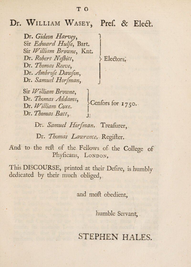 1 Dr. William Wasey, Pref. & Ele&, Dr. Gideon Harvey, 1 Sir Edward Hulfe, Bart. Sir William Browne, Knt. Dr. Robert Nejbitt, > Elector si Dr. 'Thomas Reeve,. Dr. Ambrofe Dawfon, Dr. Samuel Horfman, j Sir William Browne, Dr. Thomas Addams. _ r- r Dr. William Coxe. \CeaSm for 1730- Dr. Thomas Bait, j . Dr.: Samuel Horfman, Treafurer,, < Dr. Thomas Lawrence, - Regifter,. And to the reft of the Fellows of the College of Bhyftcans, London, This DISCOURSE, printed at their Delire, is humbly dedicated by their much obliged, . and moft obedient, - ’: \ , humble Servant,. STEPHEN HALES, I