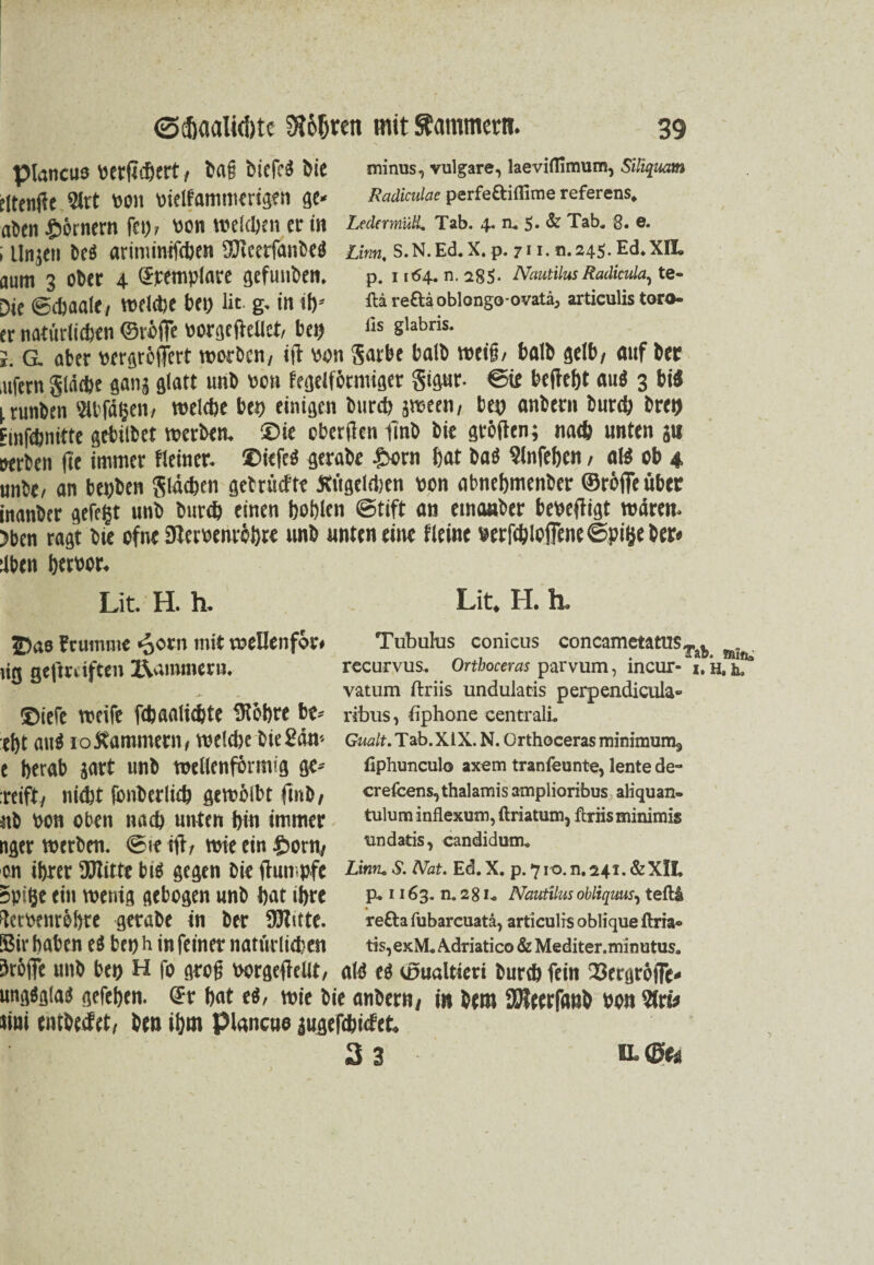 plancus Perftchcrt , ba§ btefc^ bie minus, vulgare, laevidimum, SiRquam Cltenjk 2ltt von Pielfammerigen ge» Kcidkv.lac perfeödflime referens. oben Körnern fei), von wcldjen er in Ledermua. Tab. 4. n. s- & Tab. 8. e. ; llnjen bc« armiinifcben flJteerfanbe« um. s.N.Ed.x.p. 711.0.245.Ed.xn. aum 3 ober 4. (Sremplare gefutlben. p. 1164. n. 285- NautilusRadicula, te- Die ©djaale, Weicht bei) Iit. g. in lf)-' ftareftäoblongo-ovata, articulis toro- er natürlichen ©röjfe oorgeftcllet, bei) üs slabns* i. G. aber pergröffert worben, tft pöii garbe halb weiß/ halb gelb/ auf ber ,«fern gleiche gan; glatt unb oon fegeiförmiger gigur- Sie befleht au« 3 bi« ^ runben Stbfägen, welche bet) einigen burch jween, bet) anbern burch bret) Einfchnitte gebilbet werben. ®ie cberflcn linb bie grölten; na* «nten a« »erben |te immer Heiner. ®iefe« gerabe £orn hat ba« Slnfehcn, al« ob 4 unbe/ an bepben gläcfjen gebrücfte Kügelchen pon abnehmenber ©röfie übet inanber gefegt unb burch einen bohlen Stift an emanber bepeftigt wären, ?ben ragt bie ofne ÜterPenröhre unb unten eine fleine perfchloffeneSpigeber» äben hetPor. Lit. H. h. Lit. H. h. J)ao Frumnie «gorn mit vpellenför* iig geftrciften jammern. ©iefe weift febaalidjte fHöbre be- tbt au« 10Kammern, welche bie San- e herab gart unb wellenförmig ge* ireift, nicht fbnberlich gewölbt fmb, ab Pon oben nach unten hin immer nger werben. Sie ift, wie ein £>om, Tubulus conicus concametatus-,. . „ 7 . aaB. Jniru recurvus* Orthoceras parvum, incur- 1. h. h* vatum ftriis undulatis perpendieula* ribus, bphone centrali. Gualt. Tab.XiX. N. Orthoceras minimum^ fiphunculo axem tranfeunte, lente de- crefcens^thalamis amplioribus aliquan- tulum inflexum, ftriatum, flriisminimis undatis, candidum* on ihrer SDtitte bi« gegen bie ftumpfe Linn*s•Nat- E<3-x- p- 7««• n.241. &XH. spige ein wenig gebogen unb hat ihre p*' 163. n.281. Nautilus obttqms, tefti fteCPenrÖhrt gerabe in btr fUtitte. rettafubarcuatö, articulis oblique ftria» Birhaben e« beph infeiner natürlichen tis,ex\i.Adriatico&Mediter.minutus. öröjTe unb bei) H fo gred Porgeftellt, al« e« cüualtieri burch fein iSergröfTe* ung«gia« gefehen. ©r hat e«, wie bie anbern, in bem SWeerfanb bon 2tw Jini ewöecfet, ben ihm piancue jugefchicfet, 33 > iLditi