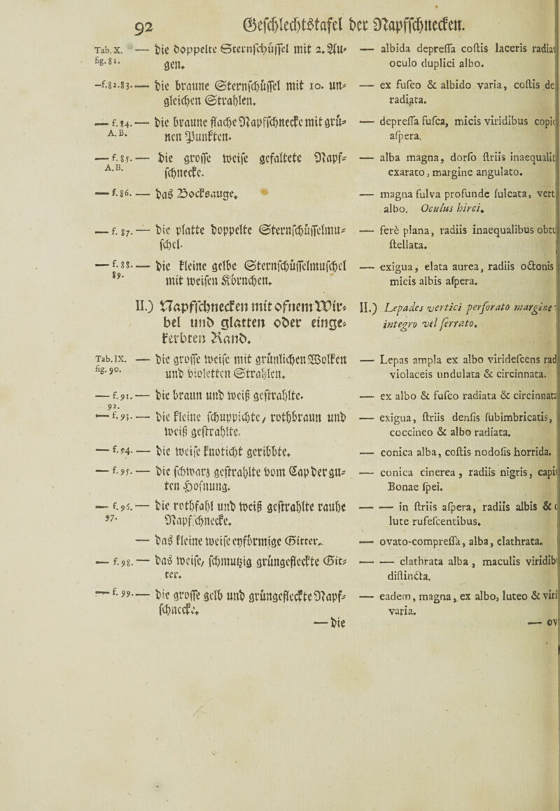 Tab. X. fig.8». —f.8 2.8 3-. — f. *4- A.B. bte doppelte ©ternfdpuffel mit sein bie braune ©ternfcbuiTd mit io. un^ gleichen ©trablen«. bie braune fM)cD?apffcbnecfcmitgru* neu fünften* albida deprefla coftis laceris radial oculo duplici albo. ex fufco & albido varia, coftis .de radiata. deprefla fufca, micis viridibus copic afpera. -— f. 8 t- A.B. bie grofie tocife gefaltete 9tapfc fcbnccfc. alba magna, dorfo ftriis inaequalit exarato, margine angulato. — f. 86-ba£ 23oct64lt0e^ magna fulva profunde fulcata, vert albo. Oculus hi reu — f. g7.— tue platte doppelte ©ternfc&uffdmu* febet — f.g 8.— bie Heine getbe ©ternf#jTelmufcbcl l9‘ mit tpcifcit ^brncbem. fer£ plana, radiis inaequalibus obti ftellaca. exigua, elata aurea, radiis o&onis micis albis afpera. II.) HapffcbnecEen mit ofhetuTDir« II, bei unb glatten ober einge« Kerbten 2\anb, ) Lepades vertici perforato margine', tntegro 'vel ferrato. Tab.ix. — bie groffe tucifc mit gruntie^enRolfen ng- 9°* unb bioktten ©trabten«. Lepas ampla ex albo viridefeens rad violaceis undulata & circinnata. f. 9i. — bie braun unb treij? gcftrabltc. ex albo & fufco radiata & circinnan 9*- — f-9h— tue Heine fcbuppiebtc/ rotöbraun unb ft>d§ geftrablte« — f.?4— bie meife tnotiept gertbbte«. — f-9T- — bic febftars geftrablte bem @apbergu~ ten £ofnung. f — bie rctbfaf)! unb tt>cig geftrabtte raube Ütapfcbnecfe«. —- ba£ fletne rneifc epfbrmige (Süttav — f. 98. bas toeifc, febmutjig grüngefteette (Bit* ter. exigua, ftriis denfis fübimbricatis, coccineo & albo radiata. 97- f. 99— b'e groffe gelb unb grungcflccfte9tapfc ftbaccfvV — bie conica alba, coftis nodotis horrida. conica cinerea, radiis nigris, capii Bonae fpei. -— in ftriis afpera, radiis albis &( lute rufefeentibus. ' t ovato-compreffä, alba, clathrata. — clathrata alba, maculis viridibi diftin&a. j eadem, magna, ex albo, luteo & viril varia. o\ I