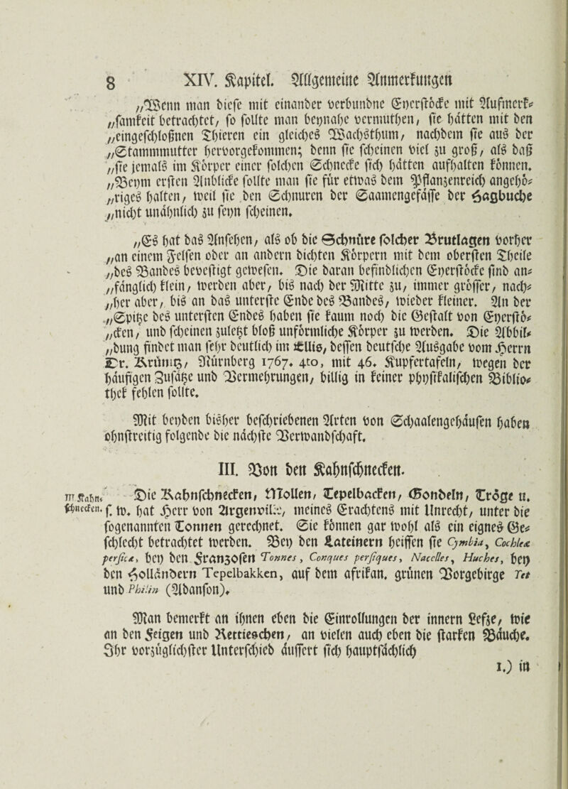 S 4 XIV. Kapitel. Stffgemeirie Qfnmerfimgett /,38enn man tiefe mit einanber perbunbne (Epcrgocfe mit 2fafmcrf* „famfeit betrachtet, fo follte man bet;naf>e permutben, fte batten mit ben „eingefcblogtten agieren ein gleicbeg ^acbStbum, naebbem ge aug ber „Stammmutter berporgefommen; benn fte febeinen Piel su grog, afg bag „ge jemat§ im Körper einer folcben 6cbnccfe geh batten aufbalten tonnen, „Vcpm ergen 2l'nbti<fe füllte man ge für etmag bem ^Pflanzenreich angego* „rigeg halten, tpeil ge ben 6cbnurcn ber (Saamengcfdffe ber 6^ßbud)e „nicht unähnlich $u fepn febeinen, v ' ■ ■ . % „(gg bat bag 2lnfeben, aig ob bic Bcbnttre folcber Umlagen borget „an einem Reifen ober an anbern bid)ten Körpern mit bem obergen £beile „beg Vanbes bepegigt getoefen, £)ie baran begnblicben Qrpergocfc gnb an* „fdnglicbKein, toerben aber, big nach ber füiitte zu, immer grofier, nach* „ber aber, big an bag unterge @rnbe beg 23anbeg, nrieber Keiner. 2ln ber „„Spitze beg untergen (£nbe$ haben ge faum noch bic ©eftalt pon Qtrpergb* „den / unb febeinen $ulegt blog unförmliche Körper zu merben, £)ie tybbiU „bung flnbet man fegt bcutlicb im «Uis, bejTen beutfebe 3l'u^gabe Pom £crrn iDr. Ärtimts, Nürnberg 1767. 4to, mit 46* ftupfertafeln, toegen bet häufigen Sufdfje unb Vermehrungen, billig in feiner pbpgfalijcben Viblio* tgef fehlen follte. Wt bepben bisher befebriebenen Wirten Pon ©cbaalengegdufen habe« ebngreitig folgcnbe bie ndepge Vermanbfcbaft, III. 93ott beit ftaWd&necfett. in ®ie ^abnfcbnecFen, HTollen, Cepelbacfen, (Bonbeln, Croge n. ^neefen. f ft. bat £crr Pon 2irgenx>iUe, meinet Qrracbteng mit Unrecht, unter bie fogenannten Connen gerechnet. 8ie fbnnen gar tpolfl aig ein eignet ©e^ jebteebt betrautet toerben. 93ep ben Lateinern beigen ge cymbiay ca perßety bep ben 5tan30fert Tonnes y Conques perßques, Naccües, Huches, bet) ben ^olldnbetn Tepelbakken, auf bem afrifan, grünen Vorgebirge tu unb hum (2lbanfon), 9)?an bemerft an ihnen eben bie (Einroüungcn bet innern £efSO toi* an ben feigen unb Kettiescben, an pielen auch eben bie garten Sßducbe. 3br porzüglicbger Unterfcbieb dugert geh bauptfdcblicb 1.) in