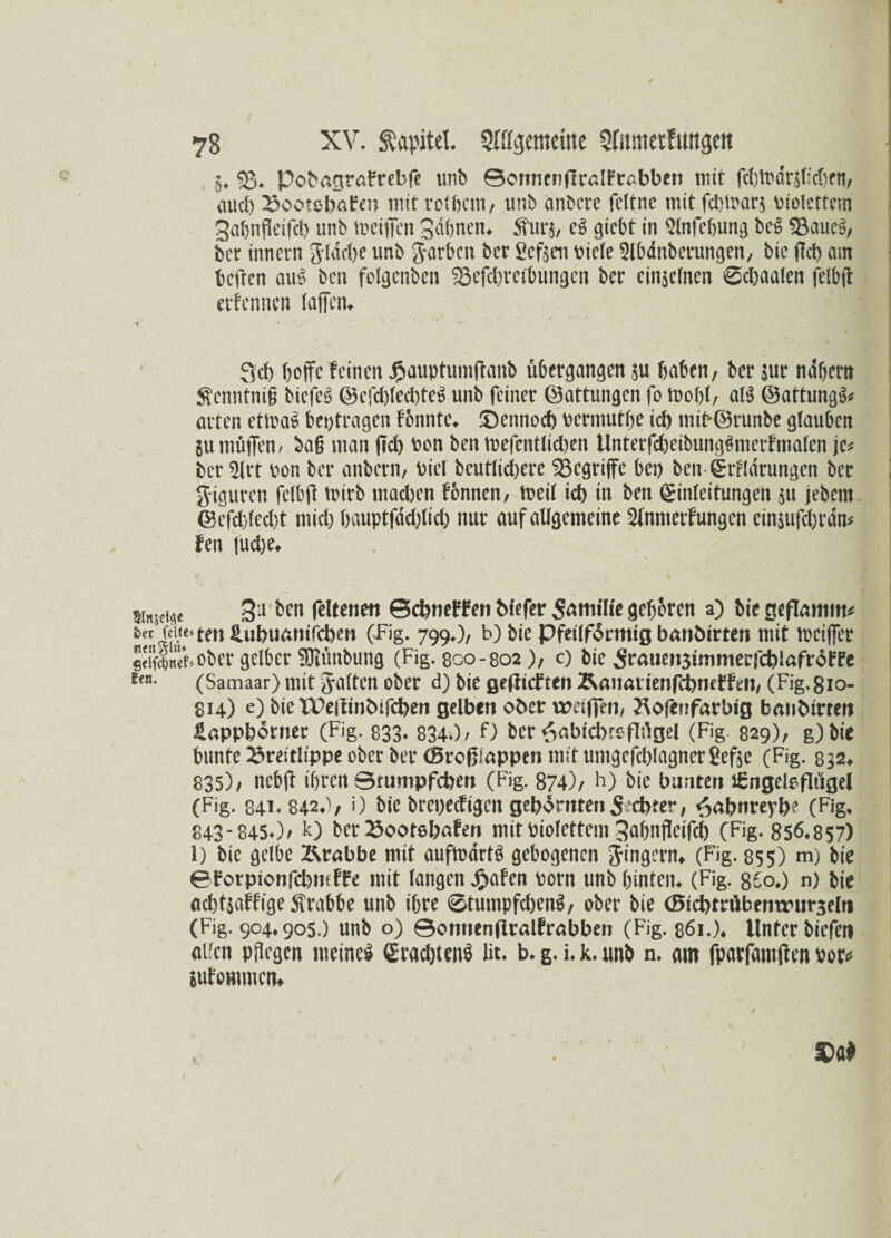 $, 33. Pobagrafrebfe unb Bonncnfiralfrc.bben mit aud) £>ootebafen mit rotbcm, unb anbcre feltnc mit fdffoarg violettem gabnfteifd) unb meiffen Sahnen, 5tur$, c$ giebt in Slnfebung bc§ $3aue$, bet innern Jlddje unb Jarbcn ber Scfj-en viele 2lbdnberungen, bie (leb um heften au£ ben folgcnben föefcl)teibunaen bet einseinen @d)aalen felbft erfennen (affen* 3d) boffc feinen Jpauptumftanb ubergangen ju haben, ber jur nähern Senntniß biefe$ ©cfd)led)te$ unb feiner ©attungen fo toohl, al$ ©attungfc arten etmaS beotragen fonnte, dennoch oermuthe icb mtb©runbe glauben gu muffen r baß man (Id) ton ben toefentlid)en Unterfc&eibungSmerfmalen je* beredt ton ber anbern, Diel beutlicfyere begriffe bei) ben Erflarungcn ber giguren felbft nurb macben fbnnen, fteil ict> in ben Einleitungen gu jebent ©efdffedft mid) hauptfddftid) nur auf allgemeine 2tnmerfungen eingufebrdn* fen |ud)e, uK.?idC gu ben fcltcnen Gebneffen Mefer Samilie geboren a) bie ge flamm* fccr'feit^ ten Hubuamfcben (Fig. 799.)/ b) bie Pfeilftrmig banöirten mit tociffer ceiiineKober gelber SRunbung (Fig. 800-802), c) bie 5röuen3immerfcblafroffe Efn- (Samaar) mit galten ober d) bie geftieften Äanatienfcbncfftn, (Fig. 810- 814) e) bie IPeftinbifcben gelben ober weiften, ^oftnfarbtg banbirrert tappborner (Fig. 833* 8340/ 0 ber ^abidbrofWgel (Fig 829), g)bie bunte 23reitlippe ober ber (Sroßiappen mit umgefcblagnergefge (Fig. 832* 835)/ nebft ihren Stumpferen (Fig. 874), h) bie bunten lßngeleflugel (Fig. 841- 8420/ i) bie brepeefigen gefr&nten lebtet; ^abnreyb? (Fig, 843-845*)/ k) ber 23ootebafen mit violettem Sahnfleifd) (Fig. 856,857) 1) bie gelbe &rabbe mit aufmdrtg gebogenen Ringern# (Fig. 855) m) bie Bforpionfcbmffe mit langen £afen porn unb hinten, (Fig. 86p,) n) bie achtgaffige Krabbe unb ihre ©tumpfdjenS, ober bie (Bicbtrübentrurselti (Fig. 904,905.) unb o) ©onnenftralfrabben (Fig. 861.)♦ Unter biefen allen pflegen meinet Erachtens lit. b. g. i. k. unb n. am fparfamften Por* gufommen*