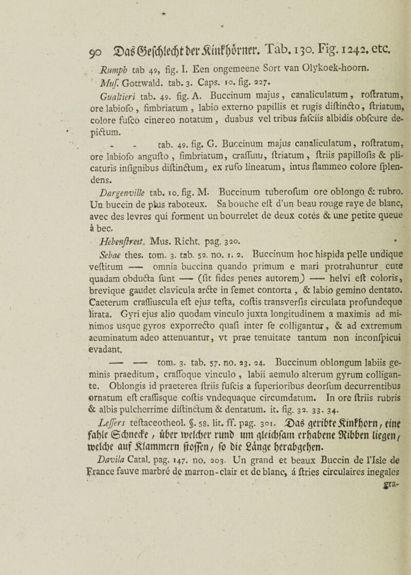 Rumph tab 49, fig. I. Een ongemeene Sort van Olykoek-hoorn. Muß Gottwald. tab. 3* Caps. io. fig. 227. Gualtieri tab. 49. fig. A. Buccinum majus, canaliculatum, roftratum, ore labiofo , fimbriatum , labio externo papillis et rugis diftin&o, ftriatum, colore fufco cinereo notatum, duabus vel tribus fafciis albidis obfcure de- pi&um. tab. 49. fig. G. Buccinum majus canaliculatum, roftratum, ore labiofo angufto , fimbriatum, craftum, ftriatum , ftriis papillofis & pli- caturis infignibus diftinftum, ex rufo lineatum, intus flammeo colore fplen- dens. Dargenville tab. 10. fig. M. Buccinum tuberofum ore oblongo &Tubro. Un buccin de plus raboteux. Sabouche eft d’un beau rouge raye de blanc, avec des levres qui forment unbourrelet de deux cotes & une petite queue ä bec. Hebenftreit. Mus. Rieht, pag. 320. Sebae thes. tom. 3. tab. 52. no. 1. 2. Buccinum hochispida pelle undique veftitum — omnia buccina quando primum e mari protrahuntur_ cute quadam obdutta funt — (fit fides penes autorein) - helvi eft coloris, brevique gaudet clavicula ardle in femet contorta , & labio gemino dentato. Caeterum crafiiuscula eft ejus tefta, coftis transverfis circulata profundeque lirata. Gyri ejus alio quodam vinculo juxta longitudinem a maximis ad mi- nimos usque gyros exporre&o quafi inter fe colligantur, & ad extremum acuminatum adeo attenuantur, vt prae tenuitate tantum non inconfpicui evadant. — — tom. 3- tab. 57. no. 23. 24. Buccinum oblongum labiis ge- minis praeditum, crafloque vinculo , labii aemulo alterum gyrum colligan- te. Oblongis id praeterea ftriis fufeis a fuperioribus deorfum decurrentibus ornatum eft craflisque coftis vndequaque circumdatum. In ore ftriis rubris & albis pulcherrime diftinölum & dentatum. it. fig. 32. 33. 34. Leßfers teftaceotheoi. §. 58. fit. ff. pag. 301. £>a$ geribte^infborn, eine fable (BcbnecFe, über achter runb um gleicbfam erhabene Hibben liefen/ belebe auf klammern ftofjen / fo Die Sange berabgeben. Davila Catal. pag. 147. no. 203. Un grand et beaux Buccin de l’Isle de France fauve marbre de marron-clair et de blanc, a ftries circulaires inegales gra-