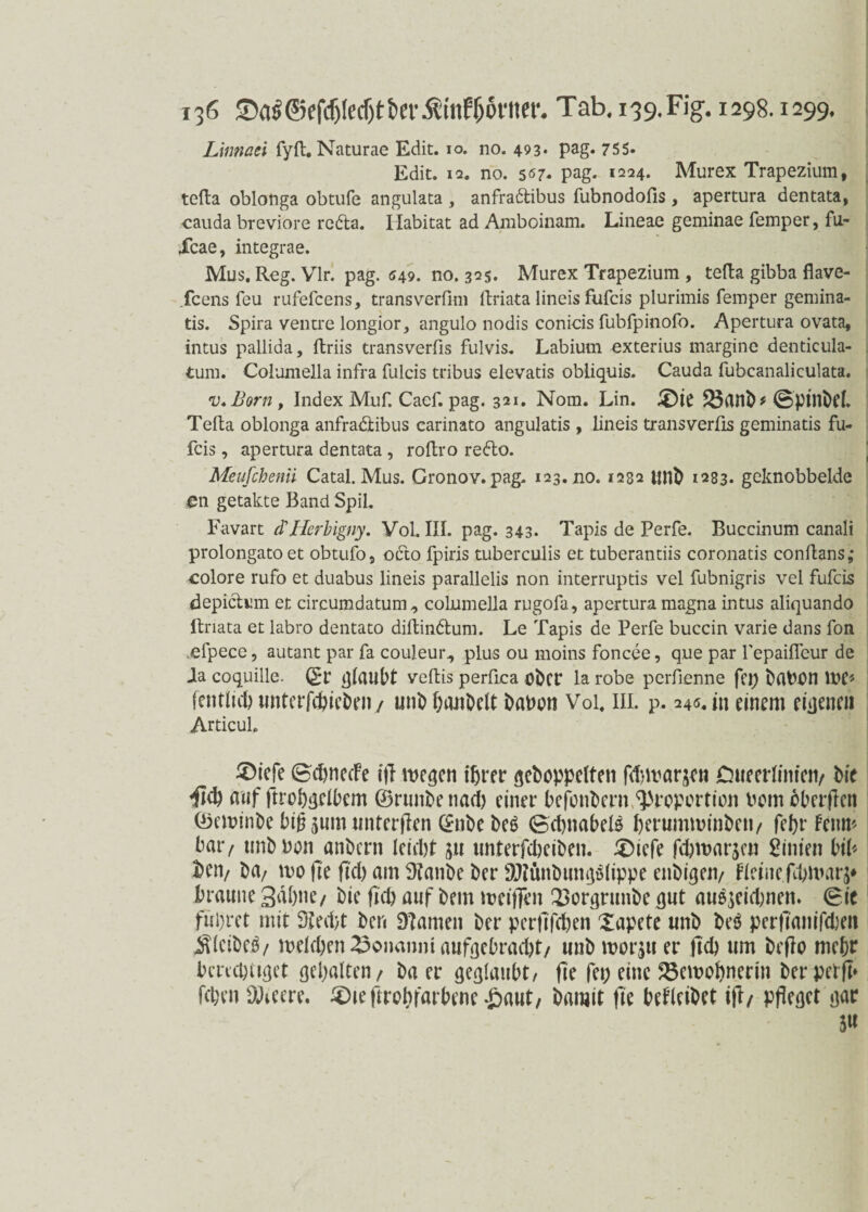 Linnaei Tyft. Naturae Edit. 10. no. 493* pag. 755* Edit. 12. no. 507. pag. 1224. Murex Trapezium, tefta oblonga obtufe angulata , anfraftibus fubnodofis, apertura dentata, cauda breviore redta. Ilabicat ad Amboinam. Lineae geminae Temper, Tu- Jfcae, integrae. Mus. Reg. Vir. pag. 549. no. 325. Murex Trapezium , tefta gibba flave- fcens feu ruTeTcens, transverfim ftriata lineis fufcis plurimis Temper gemina- tis. Spira ventre longior, angulo nodis conicis TubTpinoTo. Apertura ovata, intus pallida, ftriis transverfis Tulvis. Labium exterius margine denticula- tum. Columella inTra Tulcis tribus elevatis obliquis. Cauda Tubcanaliculata. v.Born, Index MuT. CaeT. pag. 321. Nom. Lin. £)ie Banb* ©ptnbef. Tefta oblonga anfradlibus carinato angulatis , lineis transverfis geminatis Tu- Tcis, apertura dentata , roftro redto. Meufebenii Catal. Mus. Gronov. pag. 123.no. 1232 Uttb 1283. geknobbelde en getaltte Band Spil. Favart d'Herbigny. Vol. III. pag. 343. Tapis de PerTe. Buccinum canali prolongatoet obtuTo, odto Tpiris tuberculis et tuberantiis coronatis conftans,- colore ruTo et duabus lineis parallelis non interruptis vel fubnigris vel TuTcis depictiun et circumdatum, coLumella rugoTa, apertura magna intus aliquando ftriata et labro dentato diftindtum. Le Tapis de PerTe buccin varie dans Ton .eTpece, autant par Ta couleur., plus ou moins Toncee, que par Pepaifleur de ia coquille. QBr glaubt veftis perfica ober la robe perfienne fei) baPon We* (entlidjunterfibirben/ unbbanbelt babon Vol. III. p. 240.111 einem eigenen Articul. ®icje Bdjnede ifl wegen ihrer gehoppelten fdiwarjen Oueerlinien/ bie flü) auf ftrobgclbem ©rtmbenad) einer befonbcrn.Proportion Pom öberflcn ©ewinbc bifl 3um unterflen ©nbe be6 <Sd)nabeI£ berumwinbeti/ febr Fenm bar/ tmbbon anbern leidjt j« unterfdjeiben. £)iefe fcpwarjcn Linien biU bcn/ ba/ wo fie fid) am Staube ber SJtünbungölippe enbigen/ fleinefcbmarj* braune 3di)ne/ bie fid) auf bem weiften Borgrunbe gut auöjeidwen. (Bie führet mit Sted)t ben Stamen ber perfifeben Xapete unb beö perftanifdKii Üllctbcö/ weld)en23o»anntaufgebrad)t/ unb worju er fid) um befto mehr berechtiget gehalten/ ba er geglaubt/ fie fei; eine Bewohnerin berpetft» feben DJieere. X)ieftrobfarbene £aut, bamit fie betleibet ij}/ pfleget gar 5«