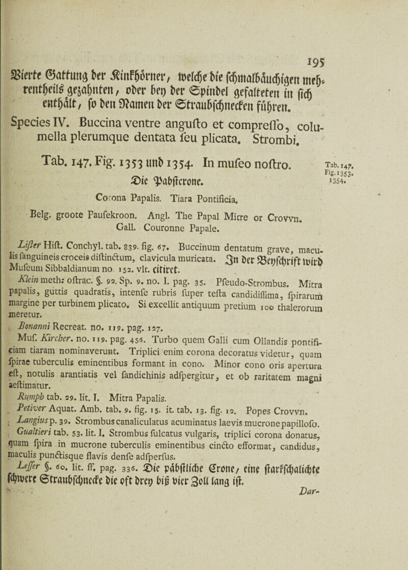 f&itttt ©atfung ber Ämf&ortter, wcfcfje bte fd^marboucSt^n mefi* rentbettögesabnten, ober bet) bcr ©pütbel gefalteten tu ficfj enthalt/ fo beit Sbameit bet* ©traubfdjnecfen fubreit. SpeciesIV. Buccina ventre angufto et compreffo, colu- mella plerumque dentata leu plicata. Strombi. • » Tab. 147, Fig. 1353 unb 1354. In mufeo noftro. mi4?. Fig.1353. £>ie ‘JMbjlcrone. *354.' Corona Papalis. Tiara Pontificia. Belg, groote paufekroon. Angl. The Papal Miere or Crown. Call. Couronne Papale. Lifier Hift. Conchyl. tab. 839. fig. <57. Buccinum dentatum grave, macu- lis fanguineis croceis diftindlum, clavicula muricata. 3n Der 23ei)fd)rift lttirb Mufeum Sibbaldianum no 152. vlt. citirct. Klein meth; oftrac. §. 92. Sp. 9. no. I. pag. 35. Pfeudo-Strombus. Mitra papalis, guttis quadratis, intenfe rubris fuper tefia candidiffima, fpirarum margine per turbinem plicato. Si excellit antiquum pretium 100 thalerorum meretur. Bonanni Recreat. no. 119. pag. 127. Muf. Kircher. no. 119. pag. 450. Turbo quem Galli cum Ollandis pontifi- ciam tiaram nominaverunt. Triplici enim corona decoratus videtur, quam fpirae tuberculis eminentibus formant in cono. Minor cono oris apertura eft, notulis arantiatis vel fandiefiinis adfpergitur, et ob raritatem magni aeftimatur.  . , Rurnph tab. 29. lit. T. Mitra Papalis. Petiver Aquat. Amb. tab. 9. fig. 15* it. tab. 13. fig. 10. Popes Crown. ; Rangiusp. 39. Strombus canaliculatus acuminatus laevis mucronepapillofo. Gualtieri tab. 53. lit. I. Strombus fulcatus vulgaris, triplici corona donatus, quam fpira in mucrone tuberculis eminentibus cindlo efformat, candidus, maculis pun&isque flavis denfe adfperfus. §. 60. lit. ff. pag. 33«. £>ie päDfliicbe Breite/ eine ftarFfd)alid)fe Wwrc BtratiDfcDnecfe Die oft Drei; Dig Pier Soli fang i(L h - ; Lar-