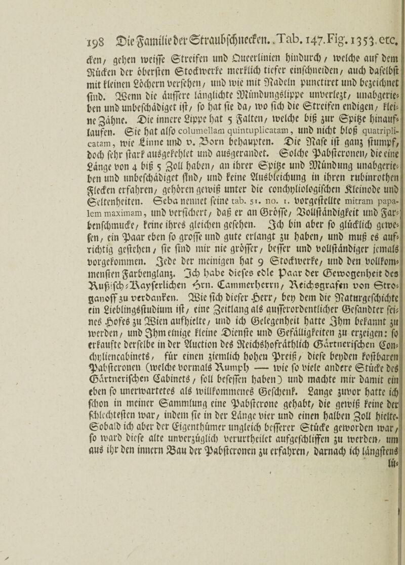 den/ gehen meifa Streifen unb Oweertinicn l)int)iirc& / melcbe auf bem SKücfcn ber oberen ©todmerfe merfltch tiefer einfebneiben/ aud> bafelbft mit Keinen S6d)ern Uerfcßen / unb mte mit fabeln punctiret tmb bezeichnet (jnb. Söenn bie duffere Idnglichte 9Rün&ung$lippe unberlejt'/ unabgerie* ben unb unbefchdbiget ig/ fo bat fte ba/ mo geh bie Streifen enbigen/ fleb ne Sahne. £>ie innere Sippe bat 5 galten/ welche big zur ©pi$e hinauf taufen, ©te bat alfo columellam quintuplicatam, unb nicht btog quatripli- catam, wie tone uni) v. Born behaupten. £>ie Otafe ig gang ftumpf, hoch febr darf atßgefehlet unb auägeranbet. ©old)e ^abfaronetv bie eine gange non 4 big 5 Soll haben/ an ihrer ©pige unb SJiunbung unabgerie* ben unb unbefchdbiget gtib/ unb feine SUßbfeic&ung in ihren rubinroten gleden erfahren/ gehören gewiß unter bie eonchbliotogifchcn Äfeinobe unb ©eltenheiten. ©eba nennet feine tab. 51. no. 1. borgegellte mitram papa- lemmaximam, unb üerficbert/ bag er an©rofie/ Bollgdnbigfeit unb gar* benfvhmucfe/ feine ibreg gleichen gefehen. 3t bin aber fo gliidlich gerne* fen; ein <paar eben fo groffe unb gute erlangt zu haben/ unb mug e$ auf* tid)tig gefaben / ge finb mir nie grbffer/ beffer unb bollgdnbiger jemaß borgefommen. 3ebe ber meinigen hat 9 ©todmerfe/ unb ben bollfom* mengen garbenglan$. 3t habe biefeo eble paar ber ©emogeifaeit bes ^ttfjifcb^lxayferUdbcn ^>rn. <£aimnerl;errit/ 3\eid>osrafen t>on ©tro* ganoff zu Derbanfen. SHBie geh biefer £err/ bet; bem bie 9fiaturgefd)id)tc ein Sieblingöftubium ig/ eine Seitlang aß gufarorbentlicher ©efanbter feg ne£ ßofe^u QÖBicn aufbtelte/ unb ich (Beledenheit batte 3hm befannt z« merben/ unb3hnteinige Fleine Stenge unb ©efdlligfeiten zu erzeigen: fo erfaufte berfelbe in ber Stuction be$ Dteidßhofrdthlich (25artnerifcben ©on* chpliencabinetö, für einen ziemlich hoben ^reig/ biefe bepbett fogbaren ^>abftcronen (meldte bormaß Bumpl; — mie fo biele anbere ©tude bß <35drtnenfd;en ©abineß/ foll befegen babetO unb machte mir bamit ein eben fo unermarteteä aß millfommeneS ©efd)ettf. Sange zubor hatte ich fdon in meiner Sammlung eine ^abgerone gehabt/ bie gemig feine ber fd)led;tegen mar/ inbem ge in ber Sange hier unb einen halben Soll hielte« ©obalb id) aber ber ©igenthumer ungleich befferer ©tude gemorben mar/ fo marb biefe alte unberzuglid) berurtheilct aufgefcbltffen zu merben, um atß ihr ben innern Bau ber ^abftcrctten zu erfahren/ barnad? id; langgetß lu*