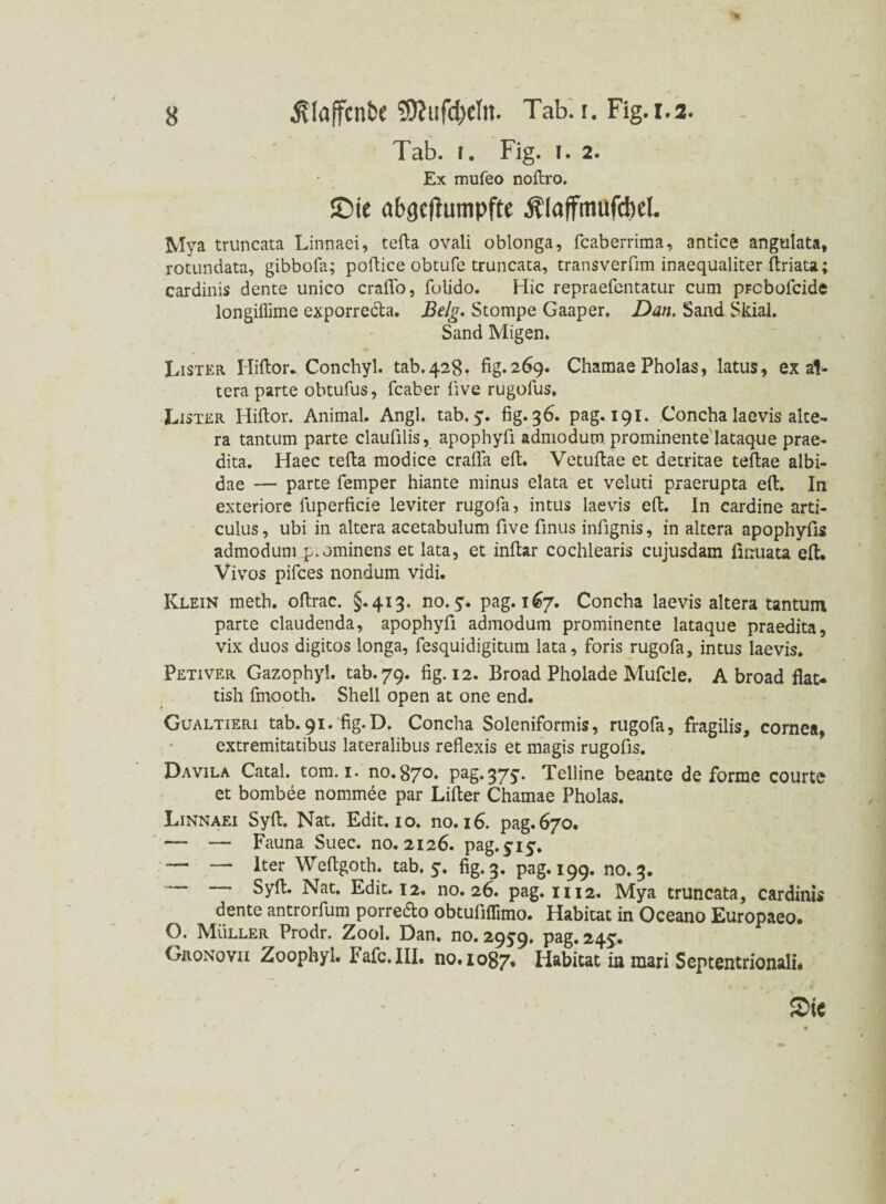 Tab. i. Fig. i. 2. Ex mufeo noftro. ©ie abgcfiumpfte Älaffmufcbel. Mya truncata Linnaei, tefta ovali oblonga, fcaberrima, antice angulata, rotundata, gibbofa; poftice obtufe truncata, transverfim inaequaliter ftriata; cardinis dente unico craffo, folido. Hic repraefentatur cum pFcbofcide longiflime exporrecta. Belg. Stompe Gaaper, Dan. Sand Skial. Sand Migen. Lister Hiftor* Conchyl. tab. 428. fig.269. Chamae Pholas, latus, ex al¬ tera parte obtufus, fcaber live rugofus. Lister Hifior. Animal. Angl. tab. y. fig. 36. pag. 191. Concha laevis alte¬ ra tantum parte claufilis, apophyfi admodum prominente lataque prae- dita. Haec tefta modice crafla eft. Vetuftae et detritae teftae albi- dae — parte femper hiante minus elata et veluti praerupta eft. In exteriore luperficie leviter rugofa, intus laevis eft. In cardine arti- culus, ubi in altera acetabulum five finus infignis, in altera apophyfts admodum p.ominens et lata, et inftar cochlearis cujusdam iinuata eft* Vivos pifces nondum vidi. Klein meth. oftrac. §.413. no. y. pag. 167. Concha laevis altera tantum parte claudenda, apophyfi admodum prominente lataque praedita, vix duos digitos longa, fesquidigitum lata, foris rugofa, intus laevis. Petiver Gazophyl. tab.79. fig-12. Broad Pholade Mufcle, A broad flat* tish fmooth. Shell open at one end. Gualtieri tab. 91. fig. D. Concha Soleniformis, rugofa, fragilis, cornea, extremitatibus lateralibus reflexis et magis rugofis. Davila Catal. tom. 1. no.870. pag*37y. Teiline beante deforme courte et bombee nommee par Lifter Chamae Pholas. Linnaei Syft. Nat. Edit. 10. no. 16. pag. 670. — — Fauna Suec. 110.2126. pag.yiy. — —- lter Weftgoth. tab, y. fig. 3. pag. 199. no. 3. Syft. Nat. Edit. 12. no. 26. pag. 1112. Mya truncata, cardinis dente antrorfum porre&o obtufiflimo. Habitat in Oceano Europaeo. O. Müller Prodr. Zool. Dan. no. 29y9» pag. 245. Gronovii Zoophyl. fafc.III* no. 1087* Habitat in mari Septentrionali*