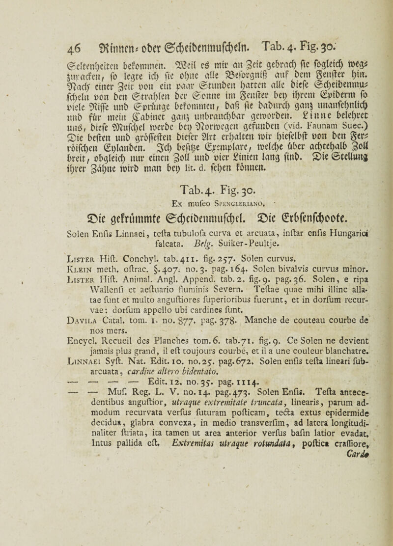 (Seltenheiten bekommen. Sßeil cS mir an 3ett gebrach fte foglcid) weg* Suracfen, fo Icv^te td) fte ohne alle SSeforgnig auf bem genfer b*K- ^ad; einer Seit non ein paar (Stitnben buttert alle biefe (Scheibenntu* fd)dn oon beit Strahlen ber (Sonne im genfer bet) ihrem <£piberm fo Diele Üfitjfe imb (Sprünge bekommen, bah fte baburcf) gan$ tmattfebnltcb unb für mein gmbinet gait$ unbrauchbar geworben. £ittttc belehret naß, biefe ^ttfd)el werbe bet) Norwegen gefunben (vid. Faunam Suec.) S5te befreit unb grojfejlen btefer 2frt erhalten wir biefelbft t>on bett ger* roifchen <St)lattben. 3d) beft^e (Exemplare, welche über ad)tehalb 3oU breit, obgleich nur einen Soll unb Pier Sirtien lang ftnb. Sie Stellung ihrer gähne wirb man bet) iit. d. fel)en formen. Tab.4. Fig. 30. Ex mufeo Spkngleriano, - £>ie gefn'immfc @d)eit>emmifd)d. $Di« €r6fenf<i)oote. Solen Enfis Linnaei, tefta tubulofa curva et arcuata, inftar enfis Hungarict falcata. Belg. Suiker-Peultje. Lister Hift. Conchyl. tab.411. fig. 257. Solen curvus. Klein meth. oftrac. §.407; 110.3. pag. 164. Solen bivalvis curvus minor. Lister Hifi:. Animal. Angl. Append. tab. 2. fig.9. pag. 36. Solen, e ripa Wallend ct aeftuario fiuminis Severn. Teftae quae mihi illinc alla* tae funt et multo angufiiores fuperioribus fuerunt, et in dorfum recur- vae: dorfum appello ubi cardines funt, Davila Catal. tom. 1. 110. 877, pag. 378. Manche de couteau courbe de nos mers. Encycl, llecueil des Planches tom. 6. tab.71. fig. 9. Ce Solen ne devient jamais plus grand, il eft toujours courbe, et il a une couleur blanchatre. Linnaei Sylt. Nat. Edit. 10. no. 25. pag. 672. Solen enfis tefta lineari fub- arcuata, cardine altero bidentato. — — — — Edit. 12. no. 3y. pag. 1114. — — Muf, Reg. L. V. 110.14. pag. 473. Solen Enfis. Tefta antece- dentibus anguftior, utraque extremitate truncata, linearis, parum ad- modum recurvata verfus futuram pofticam, tecla extus epidermide decidua, glabra convexa, in medio transverfim, ad latera longitudi- naliter ftriata, ita tarnen ut area anterior verfus bafin latior evadat. Intus pallida eft. Extremitas utraque rotundata, poftict crafliore, Card* / I