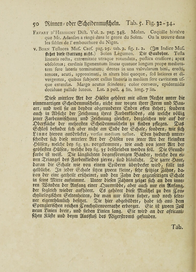 Favart d’Herbigny Di£t. Vol. 2. pag. 348. Molan. Coquille bivalve que Mr. Adanfon a ränge dans le genre du Solen. O11 la trouve dans les fables de 1* embouchure du Niger. v. Born Teftacea Muf. Caef. pag. 25. tab. 2. fig. 1. 2. 0m Indice Muf. tfe&et ©attung nicht.) Solen Legumen. SDie ©autogne. Telia linearis refta, extremitate utraque rotundata, poftica cralfiore; apex obfoletus; cardinis ligamentum lineas quatuor longum prope medieta- tem fere lateris terminatum; dentes in una valvularum bini, erecti, tenues, acuti, approximati, in altera bini quoque, fed latiores et di¬ vergentes, quibus fubjacet callus linearis in mediam fere cavitatem uf- que extenfus. Margo acutus feindens; color corneus, epidermidis deciduae pallide luteus. Lat. 2 poll. 4 lin. long. 7 lin. Siefe mittlere Sfrt ber £f»lfett gehöret mit allem 9?ecf)te unter bie rinnenartigen (Scheibenmufcheln, nicht nur megett if>rer gorm unb 8$au* art, unb meil fte an bepbett abgerunbetett (fnben offen ffel)et; fonbern auch in 2lbftd)t ber geid)nung ihre*? garbenfleibe£, al$ voelcf>e rollig jener garbenmifchung unb geichnung gleichet, begleichen mir auf ber Oberfläche ber mehreren (Scheibenmufdjeln $u ftnben pflegen. £)a$ (Schloß beftnbet ftcf> aber nicht am 0tbe ber (Schale, fonbern, mie ftd) £tnne hieron au$brüdet, verfus medium tellae. (Eben hieburd) untere fcheibet ftch biefe mittlere 5(rt ber hülfen oou jener 5lrt ber fleinffett hülfen, n>eld)e bep fig. 31. oorgefommen, tote auch ron jener 2lrt ber größeren hülfen, welche bep fig. 35 befchrieben werben foll. 2)ie ®runte färbe iff weiß. £)ie langlid)ten bogenförmigen S3änber, weld>e ben ei* neu Triangel be3 garbenfleibeg gieren, ftnb bldttlicht. 2>ie jarte £aut, baran bie (Schale wie ron einem (Epiberm fcberbedet wirb, fallt in$ gelbliche. 3n jeber (Sd)ale ft^cn $weett f leine, fehr fpigige gähne, ba# rott ber eine getf>eilt erfd)einet, unb ben gähn ber gegenfeitigen (Schale in feine 9)?itte aufnimmt. Unter biefen gähnen §eig*t ftch an ben inne* ren SÜSdnben ber Anfang einer Oueerribbe, aber auch uur ein Sfnfang, ber fogleich wieber aufhoret. gehöret biefe Sftttfchel ju ben (£on* chpliologifchen (Seltenheiten, bie man nur feiten ftehet, unb noch feiten ner eigentümlich beftget. £ie hi^’ abgebilbete, hübe ich uu£ beut ^penglerifchen reichen (Jonchplienrorrathe erborget. (Sie iff $ween goll neun Finiett breit, unb fiebert £inien lang. (Sie wirb an ber africanb fd;en unb bepm Ausfluß beS 9?igerffrom$ gefunben. Tab.