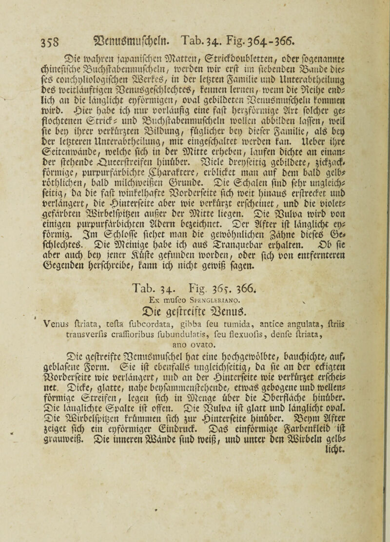 353 58eiui£mufd[>elft. Tab.34- Fig.364-366. Sie mafyrcn japanifcßenSDlatten, ©tricbboubletten, ober fogenamtte (^itteftfcbeS3uc{)jlabenmufc()eliT/ m erben mir erß im ftebenbett %$aribebie? feS eond)t)liologifd)en 28erbeg, in ber lebten gamilie unb Unterabteilung be£ meitlduftigcn 23emtggefd)le$teS, bauten lernen, memt bie Sfteilje enb? lieb an bie langlicbt eiförmigen, ooal gebildeten S3enu$mufcl)elu bomrnen rntrb. d)ier habe id) nur vorläufig eine fafb keilförmige 2lrt fold)er ge? flod)tenen ©triebe unb S8udjfbabenmufd)eln mellen abbtlben lajfen, meil fte bet) il)rer zerbörsten Gilbung, föglidjer bet) biefer gamilie, al$ bet) ber lederen Unterabteilung, mit eingefcf>altet merben ban. lieber ü>re ©eitenmänbe, melcke ftd) in ber Glitte erbeben, laufen bicf>te an einan? ber jfebenbe Äucerfireifett l)ittöber. £3iele brepfeitig gebildete, §icb§adb# förmige, purpurfdrbid)te gd)arabtere, erblicbet man auf beut halb gelb? rötl)lid)en, halb milckmeißen ©ruttbe. Sie ©egalen finb fef>r ungleich? fettig, ba bie fafb minfelßafte S3orberfeite fted meit hinauf erfbreebet uitb verlängert, bie d)interfeite aber mie zerbör&t erfechtet, unb bie zielet? gefärbten 2ßirbelfpif$en außer ber Glitte liegen. Sie 23ulza mirb zott einigen purpurfdrbid)ten Albern bc^eicdnet. Ser Elfter ijb länglich et)? förmig. 3nt ©cßloffe fielet man bie gen>6f)nlicf>en gakne biefeS ®c* fd)led)te$. Sie Peinige t)abe id) au£ Srattquebar erhalten. £>b fte aber auch bet) fetter $öffe gefuttben morben, ober fied t>on entfernteren (Begenbett d^rfedretbe, bann id) niekt gemiß fagen. Tab. 34. Fig. 3b>. 366. Ex mufeo Spengleriano. v ©je geftretfte 23enu$. Venus ftriata, tefta fubcordata, gibba feu tumida, antice angulata, itriis transverfis craffioribus fubundulatis, feuflexuofis, denfe ftriata, ano ovato. Sie gejlreifte 23cnttSmufd)el ßat eine ßocßgemolbte, battd)id)te, auf. geblafette gorm. ©ie ifb ebenfalls ttngleicßfeitig, ba fte an ber eebigten SÖorbetfeite mie verlängert, unb an ber «dinterfeite mie verbötet erfckei? net. Siebe, glatte, naße bet)fammenfbel)enbe, etmaS gebogene unb mellen? förmige ©tretfen, legen fiel) in SDlcnge über bie £>berfldd)e ßittöber. Sie langliedte ©palte ifb offen. Sie SÖttlza ifb glatt unb ldnglicf)t ozal. Sie SBirbelfpi^cn brömnten fiel) $ur £interfeite l)ittöber. S3epm Elfter zeiget ftd) ein eiförmiger ©ütbrueb. Sa$ einförmige garbenbleib ifb gvaumeiß. Sie inneren $$dnbe finb metß, unb unter ben Hßtrbeln gelb?