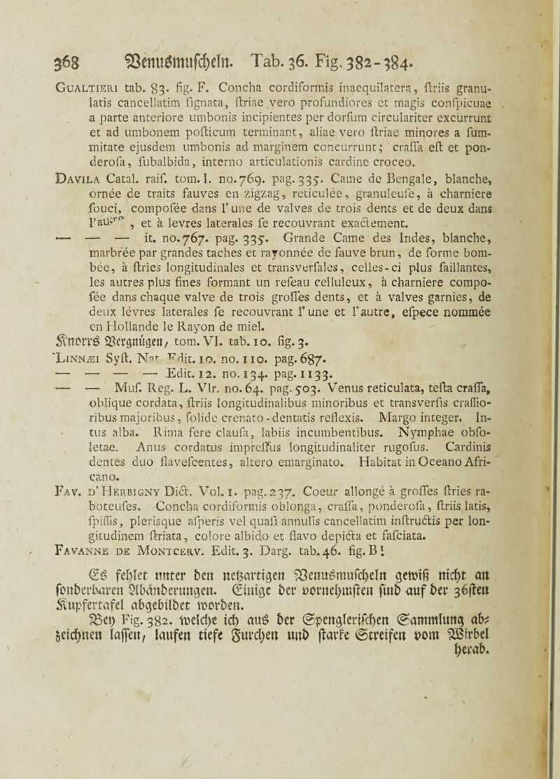 Gualtieri tab. 83. fig. F. Concha cordiformis inaequilatera, (Iriis granu- latis cancellatim fignata, ftriae vero profundiores et magis confpicuae a parte anteriore umbonis incipientes per dorfum circulariter excurrunt et ad umbonem pofticum terminant, aliae vero ftriae minores a fum- mitate ejusdem umbonis ad marginem concurrunt; crafla eft et pon- derola, fubalbida, interno articuiationis cardine croceo. Davila Catal. raif. tom. I. no.769. pag. 335'. Came de Bengale, blanche, ornee de traits fauves en zigzag, reticulee, granuleufe, ä charniere fouci, compofee dans l’une de valves de trois dents et de deux dans l’au*rP , et ä levres laterales fe recouvrant exaclement. -— — — it. no.767. pag. 335. Grande Came des Indes, blanche, marbree par grandes taches et rayonnee de fauve brun, de forme hom- bee, ä flries longitudinales et transverfales, celles-ci plus faillantes, les autres plus fines formant un refeau celluleux, a charniere compo¬ fee dans chaque valve de trois grofles dents, et a valves garnies, de deux levres laterales fe recouvrant l’une et fautre, efpece nommee en Hollande le Rayon de miel. $norr£ SScrgnügeii/ tom. VI. tab. io. fig. 3. *Linn;ei Sylt. Nnt- ^dit. 10. no. 110. pag. 687* — — — — Edit. 12. no. 134. pag. 1133. — — Muf. Reg. L. Vir. no. 64. pag. 503. Venus reticulata, tefta crafla, oblique cordata, ftriis Iongitudinalibus minoribus et transverfis cralfio- ribus majoribus, folide crenato-dentatis reflexis. Margo integer. In¬ tus alba. Rima fere claufa, labiis incumbentibus. Nymphae obfo- letae. Anus cordatus impreftus longitudinaliter rugofus. Cardinis dentes duo flavefcentes, altero emarginato,. Habitat in OceanoAfri- cano. Fav. d’Herbigny Diel. Vol.i. pag. 237. Coeur allonge a grofles flries ra- boteufes. Concha cordiformis oblonga, crafla, ponderofa, flriis latis, fpiflis, plerisque afperis vel quafl annulis cancellatim inflrudtis per lon- gitudinem flriata, colore albido et flavo depidta et fafeiata. Favanne de Montcerv. Edit, 3. Darg. tab.46. fig.Bl <Eß fehlet unter beit neuartigen s23euu£mufcbeln gemtß nid)t an fcnberlwen 2lbänberungen. Einige her fcornefnnffen futb auf ber z6\itn üftupfertafel abgebilbet morben. ^ei) Fig. 382. m\d)t icb anß ber @penglerifc()en Sammlung ab* §eicf>ncn laßen, laufen tiefe gurren unb ffarfe ©treifeu uom Wirbel