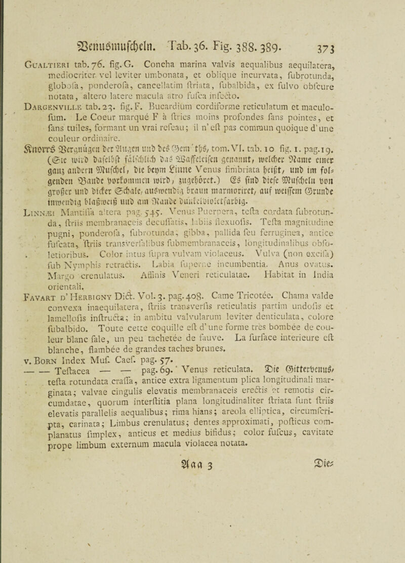 Güaltieri tab. 76. fig. G. Concha marina valvis aequalibus aequilatera, mediocritcr. vel leviter umbonata, ec oblique incurvata, fubrotunda, globofa, ponderofa, canceilatim ftriata, fubalbidä, ex fulvo obfcure notafca, alccro lacere macula atro fufca infeblo. Dargenville tab. 23. fig. F. Bucardium cordiforme reticulatum et maculo- fum. Le Coeur marque F a ftries raoins profondes fans pointes, et fans tuiles, formant un vrai refeau; il n’ eft pas comraun quoique d'une couleur ordinaire. $novr$ Vergnügen t>erUlu^en unt tc$Cbent'tk/ tom.VI. tab. io fig. i. pag.19, (@ic Wirt t>afelbfr fdftcfftt ta$ Sßaffcicifen genannt; weite ?iame einer gans andern OTufcbel# tte kprrt 1-iime Venus fimbriata kte unt int foL getiten Q3ante türfommcu wirb; juge&örct.) @3 ftnt tiefe duften ton großer unt> tiefer ©ctale, auSrocntnj braun marmoriret/ auf meinem ©runtc inwetttig Haßweiß mit am Dtante tuiifclöioietfarbig. Linnjbi Mantiiia altera pag. 545. Venus Puerpera, tefta co.rdata fubrotun¬ da, ftriis mcrabränaceis decuflatis* labiis flexuofis. Telia magnitudine pugni, ponderofa, fubrotunda, gibba, pallida feu ferruginea, antice fufeata, ftriis transverfiftibus fubmembranaceis, longitudinalibus obfo- letioribus. Color intus fupra vulvam violaceus. Vulva (non excifa) fub Nymphis rctraclis. Labia fuperne incumbentia. Anus ovatus. Margo erenulatus. Affinis Veneri reticulaiae. Habitat in India orientali. Favart d’ Herbigny Didt. Vol. 3. pag. 408. Came Tricotee. Chama valde convexa inaequilatera, ftriis transverlis reticulatis partim undofis et lamellofis inftructa; in ambitu valvularum leviter denticulata, colore fubalbido. Toute cette coquille eft d’une forme tres bombee de cou¬ leur blanc fale, un peu tachetee de fauve. La furface interieure eft blanche, flambee de grandes taches brunes. v. Born Index Muf. Caef. pag. 57. _Teftacea — — pag. 69.' Venus reticulata. £>ie ©ttterknuS/ tefta rotundata crafla, antice extra ligamentum plica longitudinali mar- ginata; valvae cingulis elevatis membranaceis eredtis et remotis cir- cumdatae, quorum interftitia plana longitudinaliter ftriata funt ftriis elevatis parallelis aequalibus; rimahians; areola elliptica, circumfcri- pta, carinata; Lirabus erenulatus; dentes approximati, pofticus com- planatus fimplex, anticus et medius bifidus; color fufeus, cavitate prope limbum externum macula violacea notata. 3