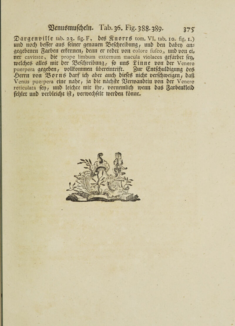 ^DargetttJtHe tab. 23. fig.F, beg $norr£ tom* vi. tab-. 10* fig. 1.) unb nod> befier aus feiner genauen 23efd)reibmtg, unb ben habet) an^ gegebenen garbett ernennen, benn er rebet non coiore fufco, unb non ei, net* cavitate, bie prope limbum externura macula violacea gefdt’bet fet), n>eld)eb aUeö mit ber 23efrf)reibung r fo un$ ginne non ber Venere puerpera gegeben f noltfommen i'ibereinttift. gur (£ntfcf>ulbigung be& ^errn non 23orn£ batf icb aber aud> biefe# nid)t nerfdnoeigen, bag Venus puerpera eine naf)^ a iu bie ndcf>)Te 23ermanbtitt non ber Venere reticuiata fet), unb leichte mit if>r / nornemlid) tnemt ba$ garbeufleib fehlet unb netbleid)t ijt* nevmecbfelt tnerben fomte.