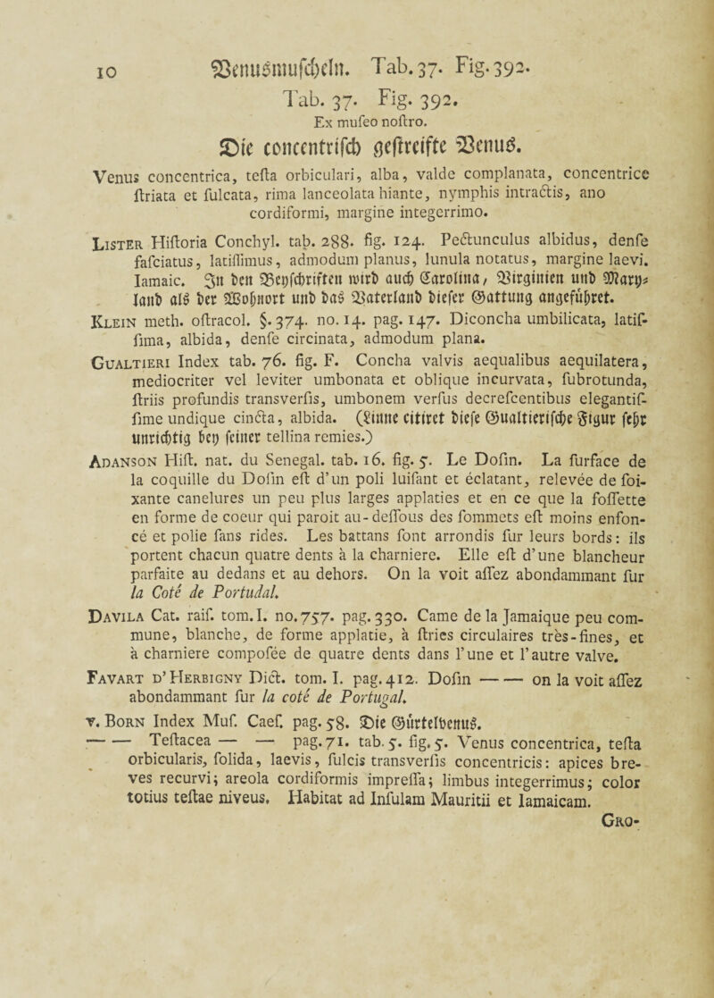 IO $8emtsmuftf)clit. Tab. 37. Fig. 392. Tab. 37. Fig. 392. Ex mufeo noftro. S>tc coiiccntrifd) ßcftrciffe 23cnuö. Venus concentrica, tefta orbiculari, alba, valde complanata, concentrice flriaca et fulcata, rima lanceolata hiante, nymphis intraclis, ano cordiformi, margine integerrimo. Lister Hiftoria Conchyl. tab. 288- fig. 124. Pedlunculus albidus, denfe fafciatus, latiflhnus, admodum planus, lunula notatus, margine laevi. Iamaic. 31t bett 25et;fci)rtfren wirb auch Carolina / 3$irgimen uub 9ftart;* laut» ai$ ber SBofjnort unb ba$ $$aterlanb biefer ©attung angefubret. Klein meth. oftracol. §.374. no. 14. pag. 147. Diconcha umbilicata, latif- fima, albida, denfe circinata, admodum plana. Gualtieri Index tab. 76. fig. F. Concha valvis aequalibus aequilatera, mediocriter vel leviter umbonata et oblique incurvata, fubrotunda, ftriis profundis transverfis, umbonem verfus decrefcentibus elegantif- fime undique cindla, albida. (£imte citiret biefe ©ualtierifcbe fttgur ftl)t unrichtig frei) feiner tellina remies.) Adanson Plifb. nat. du Senegal, tab. 16. fig. 5. Le Dofin. La furface de la coquille du Dofin eft d’un poli luifant et eclatant, relevee de foi- xante canelures un peu plus larges applaties et en ce que la foffette en forme de coeur qui paroit au-defious des fommets eft moins enfon- ce et polie fans rides. Les battans font arrondis für leurs bords: ils portent chacun quatre dents ä la charniere. Elle eft d’une blancheur parfaite au dedans et au dehors. On la voit allez abondammant für la Cote de PortudaL Davila Cat. raif. tom.I. no.757. pag. 330. Came de la Jamaique peu com¬ mune, blanche, de forme applatie, a ftries circulaires tres-fines, et a charniere compofee de quatre dents dans Tune et l’autre valve. Favart d’Herbigny Dict. tom.I. pag. 412. Dofin-on la voit allez abondammant für la cote de Portugal. v. Born Index Muf. Caef. pag. 58. SDte ©ürtelbcnuS. --Teftacea — — pag. 71. tab. 5. fig» 5. Venus concentrica, tefta orbicularis, folida, laevis, fulcis transverfis concentricis: apices bre- ves recurvi; areola cordiformis imprefifa; limbus integerrimus; color totius teftae niveus. Habitat ad Infulam Mauritii et lamaicam. Gro-