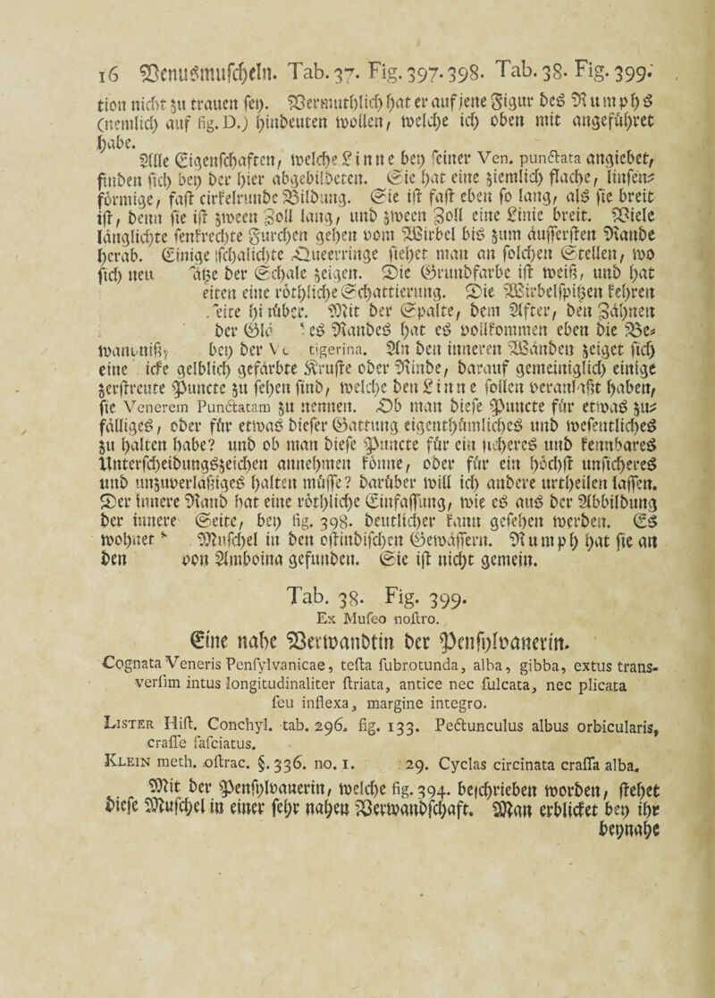 ttctt nid)t $u trauen fet>. iöermutblicb l)at er auf jene gigttr beS 9t u nt p f) $ (nemlid) auf fig. D.) Anbeuten mollen, meld)e kl) oben mit angeföl)ret habe. Me ©igenfdjaften, meld>e Sinne bep feiner Ven. punftata angicbet, ftnben fiel) bet) ber l>icr abgebilbetett. ©ie f>at eine $iemlid> flache, linfen* förmige, fajl cirfelrtmbcGilbung, ©ie ijl fall eben fo lang, als fte breit ijf, bemt fte tjl §meen gell lang, tmb $tt>een Soll eine Sinie breit. ?Oiele ldttglid)te fenfred)te gureben geben Pont Wirbel bis £itm dufierflen 9tattbe herab. ©inige ifd)alid)te «Oueerringe fielet man an foldjen ©teilen, rno ftd) neu Itpc ber ©d)ale feigen. S)ie 0nmbfarbe ift meifi, unb l;at eiten eine r6tl)!id)e ©ebattientttg. 2>ie ^Birbelfpipen tel)ren /eite bisher. 9)tit ber ©palte, bem Elfter, bett gdl)nen ber 0ld - eS Raubes? bat eS pollfommen eben bie $3e* toanonißy bet) ber Vc tigerina. 2(n bett inneren ^Battbett geiget ftd) eine iefe gelblich gefärbte STrufte ober 9tinbe, baraitf gemetttiglid) einige $erfireute fpunctc fel)en ftttb, meld)e bett Sinne follen peranlaßt babett, fte Venerem Pun&atam $u nennen. «Ob man biefe ^tutete fitr etmaS fälliges, ober für etmaS biefer ®attmtg eigentümliches itnb mefentltcbeS ju halten habe? unb ob man biefe gVnncte für ein (td)ercS unb femtbareS Xtnterfd)eibungS^etd)en annel)men fottne, ober für ein bbd)(l unftd)ere$ unb itn&uperldfngeS galten rnüffe? barüber mH td) aubere urtl)eilen faflfett. £)er Untere 9lanb bat eine rötliche ©infaffung, n>ie eS aus ber Slbbilbung ber innere ©eite, bet) fig. 398. beutlicber fantt gefebett toerben. ©S mol)ners 9ftufd)el in bett o(iittbifd)en ©emaffern. 91 u m p 1) bat fte att ben oon Slmboina geftmben. ©ie ift nicht gemein. Tab. 38. Fig. 399. Ex Mufeo noitro. Sine nabe Sßevtoanbtin bet '])cnfi)lpanevin. Cognata Veneris Pcnfylvanicae, tefta fubrotunda, alba, gibba, extus trans- vcrlim intus longitudinaliter firiata, antice nec fulcata, nec plicata feu inflexa* margine integro. Lister Hifi. Conchyl. tab. 296. fig. 133. Pe&unculus albus orbicularis, crafie fafeiatus. Klein raeth. oftrac. §.336. no. 1. 29. Cyclas circinata crafifa alba. 93?it ber ^enfploauerin, rneldje fig.394. beicbriebett morbett, (lebet btefe 9^ufd;el ttt einer febr nabüt 93erö?gnbfd)aft. $Ran erbltdet bet) ihr bepnabe