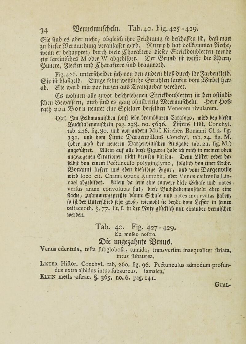 (gte ftnt> aber nicht, obgleich tl)re getdjmtrtg fo befchaffen ijl, baß matt biefer 33ermuthung PeranlafiTet wirb. u nt p 1) hat oollfomntett SHecht, wenn er behauptet, burch ptele gharabtere biefer ©tricfboubletten werbe ein lateinisches? M ober W abgebilbet. £)er ®riwb i\l weiß: bie 2(bern, ^nutete, glecfen uttb STf>arafterc ftnb braunrotf). Fig. 426. unterfcheibet fiel) Pon ben anbern bloß burch ihrgarbenfleib. @te iß- blaßctelb. Einige feine weißliche Strahlen laufen Pont Wirbel her* <tb. ©te warb mir Por furjett au£ £ranquebar perehret. €$ tpohuett alle jttpor befebrtebenett ©tricfboubletten in ben oßinbte fcheu ®ewäflfern, auch ftnb qanä ohnßreiriq 9tteermufcbeltt. *£>err tyoft vatl; ppu S3orn nennet eine ©ptelart berfelben Venerem rivularem. Obf. 3m gelbmamiifcbctt fonft fehr brauchbaren Gatalogo, wirb ben btefett 95uchftabenmufd)dn pag. 238. no. 5636. £tßers$ Hifi. Conchyl. tab. 246. fig. 8°. unb Port anbern Muf. Kircher. Bonanni CI. 2. fig. 131. unb Pom £inne S)argenPillen^ Conchyl. tab. 24. fig. M. (ober nach ber neueren £)argenpiuifcben Ausgabe tab. 21. fig. M.) angefu&ret. 5tUein auf aUe biefe Figuren habe ich mich in meinen oben angejogenen Cttationen nicht berufen bitrfen. £)emt £ißer rebet ba# felbft Pon einem Pedunculo polyginglymo, folglich Pon einer Kirche, bonanni liefert un$ eben btefelbtge gigur, unb Pom 2)arqenptlle Wirb loco cit. Chama optica Rumphii, ober Venus caftrenlis.Lin- naei abgebilbet. 3ülein ba jene eine conPere biefe Schale unb nates verfus anum convolutas bat, biefe SBucbftabcnmufcbcltt aber eine flache, $ufammengepreßt-e buttne ©chale unb nates incurvatas haben, fo tjb ber Unterfchieb fehr groß, mtemohl fte bepbe Pom £e(fer in feiner teftaceoth. $.77. lit.f. in ber 9?ote glucflich mit etnanber Permifchet werben. - '1 Tab. 40. Fig. 427-429. Ex mufeo noftro. SMe ungeja{)nte SctiuS. Venus edentula, tefta fubglobofa, tumida, transverfim inaequaliter ftriata, intus fubaurea. Lister Hiftor. Conchyl, tab. 260. fig. 96. Pedunculus admodum profun- dus extra albidus intus fubaureus. Iamaica.' Klein meth. oftrac. §. 365, no, 6. pag. 141, Gual-