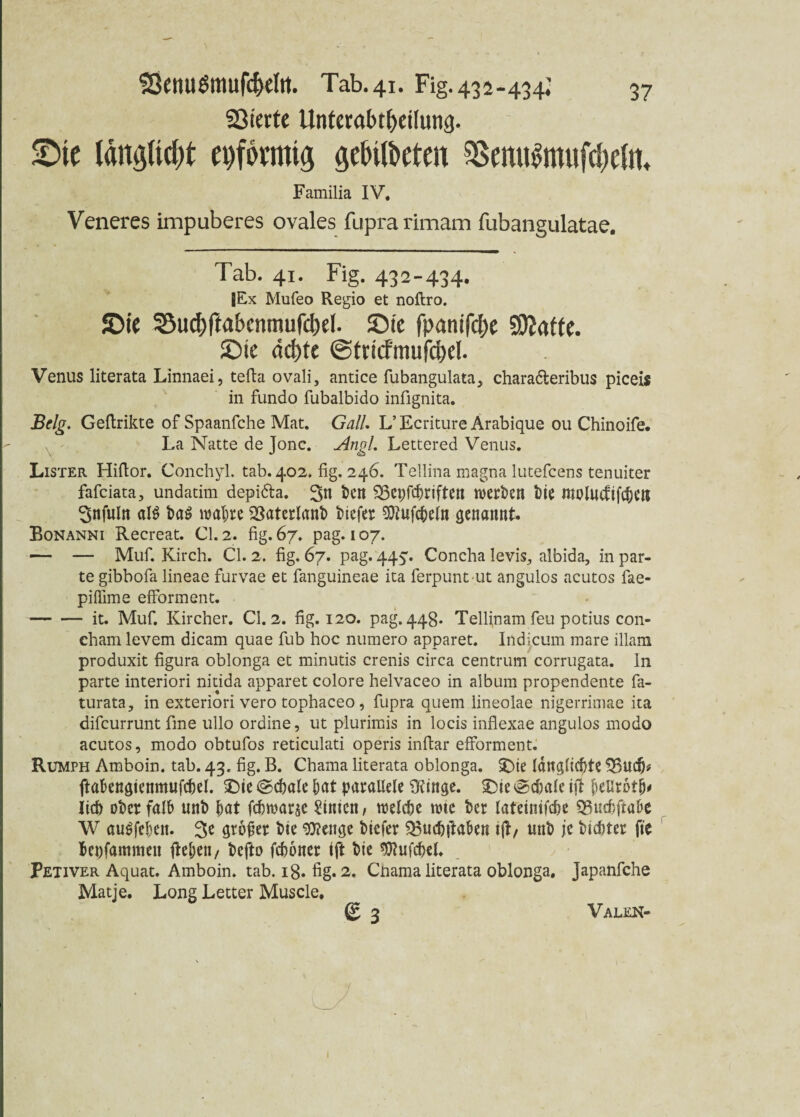 SÖierte Unterabteilung. 5Dtc längltcpt eiförmig gefolgten SBemtömufcpeln. Familia IV. Veneres impuberes ovales fuprarimam fubangulatae. Tab. 41. Fig. 432-434. jEx Mufeo Regio et noflro. ©ie SSudjftabenmufcfyel. ©ie fpanifd)e Statte. ©ie dd)te ©tricfmufcpel. Venus literata Linnaei, tefta ovali, antice fubangulata, chara&eribus piceis in fundo fubalbido infignita. Belg. Geftrikte of Spaanfche Mat. Gail. L’Ecriture Arabique ou Chinoife. La Natte de Jone. -Angl. Lettered Venus. Lister Hiflor. Conchyl. tab. 402. fig. 246. Tellina magna lutefeens tenuiter fafeiata, undatim depifta. foen Sßcpfc^riften werben bie moludifcpeit 3>nfuln al$ ba$ mW SSaterlanb tiefer $fufcfceln genannt. Bonanni Recreat. CI. 2. fig. 67. pag. 107. — — Muf. Kirch. CI. 2. fig. 67. pag. 445:. Concha levis, albida, in par- te gibbofa lineae furvae et fanguineae ita ferpuntut angulos acutos fae- piffime efforment. -it. Muf. Kircher. CI. 2. fig. 120. pag. 44g. Telfinam feu potius con- cham levem dicam quae fub hoc numero apparet. Indicum mare illam produxit figura oblonga et minutis crenis circa centrum corrugata. ln parte interiori nitida apparet colore helvaceo in albura propendente fa- turata, in exteriori vero tophaceo, fupra quem lineolae nigerrimae ita difeurrunt fine ullo ordine, ut plurimis in locis inflexae angulos modo acutos, modo obtufos reticulati operis inftar efforment. Rumph Amboin. tab. 43. fig. B. Chama literata oblonga. SDte längltcpte 5$ucf)( ftabengtenmufcpel. £)ie ©cpale pat parallele fßinge. SD«e fetale tft fieUrDtjj* lieft überfall) unb ftat fcfjruarse Linien, welche me ber lateinifcfte Q3nd}ft«be W au^fefteit. 3e größer bie Selige tiefer ^uetftaben tft, unb je bteftter fte Bepfammen ftel;en, befto feftoner ift bie ^ufcftel. Petiver Aquat. Amboin. tab. iS. fig. 2. Cnama literata oblonga. Japanfche Matje. Long Letter Muscle. (£ 3 Vaeen- 1