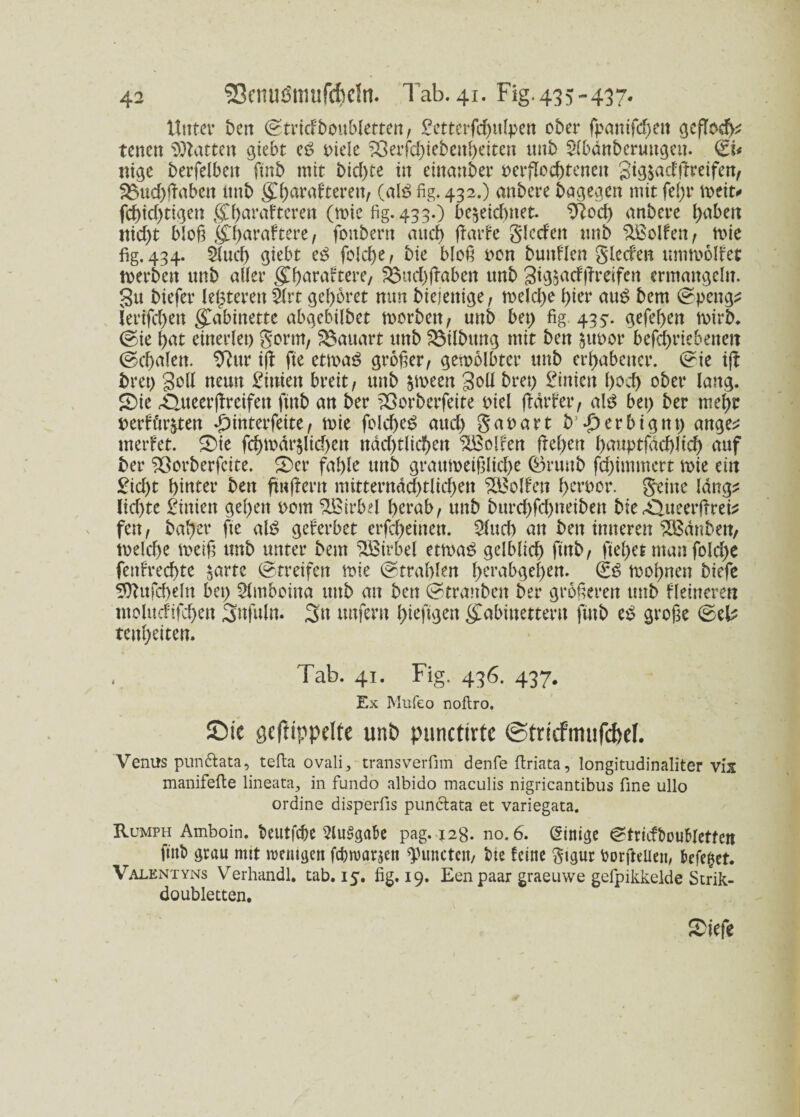 ltntev t>cn (Stricfboubletten, £etterfcf)ulpen ober fpanifcf>ett gcfloeb; tenen hatten giebt e£ viele ?Oerfd)iebenheiten unb Slbdnberungeu. nige berfelbat ftnb mit bid)te in einander verflochtenen gi^adflreifen, 25ud)ßabcn unb STf>ara^terett, (al$ fig. 432.) anbere bagegen mit fef>r ivcit* fd)id)tigen gßarafteren (mie fig.433.) bc^eicf^net- 9?od) anbere haben nid)t bloß gtf)araftere, fonbern auch ftarfe glcden unb ££olfett, tvie fig. 434. 2lud) giebt fold)e, bie bloß von buitflen glcden ummolfet tverben unb aller gCßaraHere, £3ud)ß;abcn unb 3ig$adßreifcn ermangeln. 3u biefer letzteren 5lrt gehöret mm biejettige, tveldje hier att$ bem (Spenge jerifd)en Kabinette abgebilbet morbett, unb bet) fig 435'. gefef>en tvirb. (Sie hat einerlei) gorm, Bauart unb Gilbung mit ben ^uvor befd)riebenett (Schalen. 9?ur ijl fte ettvaö großer, gemolbtcr unb erhabener. (Sie ift bret) Soll neun £tnten breit, unb ^veen Soll bret) £inien hoch ober lang. £>ie rQueerßreifett ftnb an ber ^Sorberfeite viel ffdrfer, a!3 bet) ber mehr vetdör&ten ^interfeite, rnie folcheS aud) gavart b d)erbtgttt) ange^ merfet. 3)te fc^tvdr$licf>ett nad)tlichen Rolfen freien hauptßichlid) auf ber ?Öorberfctte. £>er fahle unb grautveißliche (äruttb fdjimmcrt mie eitt £id)t hinter ben fünftem mitterndd)tltd)en Rolfen hervor, geine lang* lid)te £inien gehen vom $Birbd herab, unb burd)fd)neiben btegQtteerfrrei? fett, bal)er fte al£ geferbet erscheinen. 2luch an ben inneren ^Bdnbett, tveld)e meiß unb unter bem Wirbel ettvaö gelblich fittb, fielet man fold)e fettFrecbte $arte ©tretfett rote (Strahlen herabgef)en. tvohnen biefe ^ufcheln bet) Slmboina uttb an ben (Strauben ber größeren unb Heinere« moludifd)en Sttfufo. 3tt unfern hiefigen (£abiuetteru ftnb eb große ©el? tenheiten. , Tab. 41. Fig. 436. 437. Ex Mufeo noflro. ©ie geftippdte unb punctirtc ©tricfmufcftel. Venus pun&ata, tefta ovali, transverfim denfe ftriata, longitudinaliter vix manifefte lineata, in fundo albido maculis nigricantibus fine ullo ordine disperfis punctata et variegata. Rumph Amboin. beutfebe 5lus>gaf>e pag. j2g. no. 6. Crinige ©triifbcuHetten ftnb grau rntt wenigen fdnuarjen Amteten, bie feine gtgur Vorfteiien, kfefcet. Valentyns Verhandl. tab. 15. fig. 19. Een paar graeuwe gefpikkelde Strik- doubletten. Spieße
