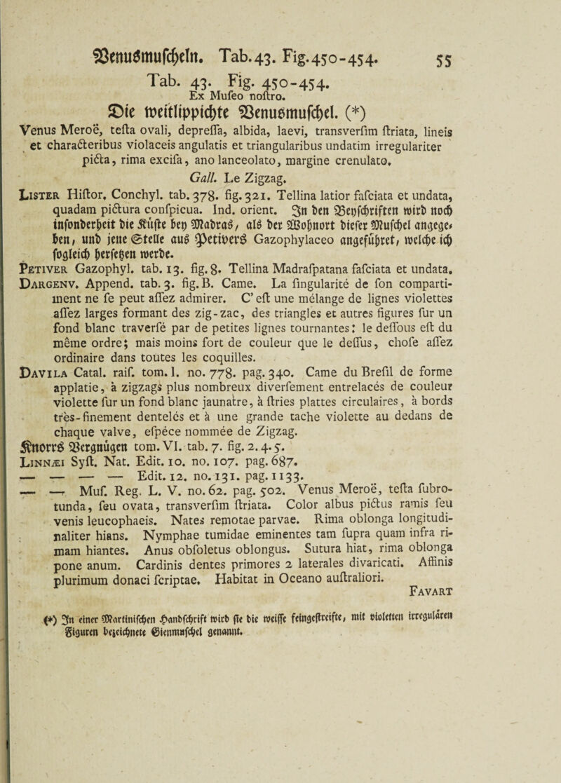 Tab. 43. Fig. 450-454. Ex Mufeo noltro. ©ie weitlippicbte S3enuemufd>el. (*) Venus Meroe, tefta ovali, deprefla, albida, laevi, transverfim ftriata, lineis et chara&eribus violaceis angulatis et triangularibus undatim irregulariter pidla, rima excifa, ano lanceolato, margine crenulato. Gail. Le Zigzag. Lister Hiftor, Conchyl. tab. 378. fig. 321. Tellina latior fafciata et undata, quadam pi&ura confpicua. Ind. Orient. 3n fceit 33epfd)riften Wirt ttod) tnfonbcr^ett t>ie Stifte &ep ?0?at>ra^ / öl$ fcer 2Bo&nort tiefer 5*J?ufd>el angege* ten, uni jene ©teile au$ 5>etU>er£ Gazophylaceo angefupret; welche tc^ Meid) ^erfepen werte. Petiver Gazophyl. tab. 13. fig. 8» Tellina Madrafpatana fafciata et undata. Dargenv. Append. tab. 3. fig.B. Came. La fingularite de fon comparti- ment ne fe peut aflez admirer. C’ eft une melange de lignes violettes aflez larges formant des zig-zac, des triangles et autres figures für un fond blanc traverfe par de pedtes lignes tournantes: le deflous eit du meine ordre; mais moins fort de couleur que le deflus, chofe aflez ordinaire dans toutes les coquilles. Davila Catal. raif. tom. 1. no. 778. pag. 340. Came du Brefil de forme applatie, a zigzags plus nombreux diverfement entrelaces de couleur violette für un fond blanc jaunatre, a ftries plattes circulaires, a bords tres- finement denteles et ä une grande tache violette au dedans de chaque valve, efpece nommee de Zigzag. ÄttOrrö 23cr3nugen tom. VI. tab. 7. fig. 2.4.5. LiNNiEi Sy ft. Nat. Edit. 10. no. 107. pag. 687« .— — — — Edit. 12. no. 131. pag. 1133. — —r Muf. Reg. L. V. no.62. pag. 502. Venus Meroe, tefta fubro- tunda, feu ovata, transverfim ftriata. Color albus pi&us ramis feu venis leucophaeis. Nates remotae parvae. Rima oblonga longitudi- naliter hians. Nymphae tumidae eminentes tarn fupra quam infra ri- mam hiantes. Anus obfoletus oblongus. Sutura hiat, rima oblonga pone anum. Cardinis dentes primores 2 laterales divaricati. Affinis plurimum donaci feriptae* Habitat in Oceano auftraliori. Favart (*) 3« einer 5D?<trtinifc&en £nnbfcfjrift tt>icb fl« bi« weiffe feinä«fldifie, wit bioletten ittcaulareii Sisuwn b«ici(^n«t( ©ienmnfcjjel genannt»