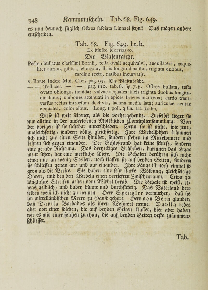 e£ nun bennoc^ füglid) oftrea fafciata Linnaei fet)n? 2>a$ mögen anbere etttfd)eiben. Tab. 68* Fig. 649. lit. b. Ex Mufeo Moltkiano. ©ie SMafentafcfre. Peden bullatus clariffimi Bornii, tefta ovali aequivalvi, aequilatera, aequa- liter aurita, gibba, elongata, ftriis longitudinalibus triginta duobus, cardine redo, natibus incurvatis. v. Born Index Muf. Caef. pag. 95. $)ie 523Iafcntafd>e. -Teftacea — — pag. 110. tab.6. fig. 7-8- Oftrea bull ata, tefta ovato oblonga, tumida; valvae aequales fulcis triginta duobus longitu¬ dinalibus; umbones attenuati in apices breves incurvos; cardo trans- verfus redus introrfum declivis, lacuna media lata; auriculae acutae aequales; color albus. Long. 1 poll. 3 lin. lat. iolin. £>tefe iff n>ett feltcner, als bie t>or^>er^e()enbe. £iefelbft lieget fte mtr alleine in bet auSerlefenen SOtoltfifc&ert gonchhltenfammlung. föort ber vorigen ift fte ftd)tbar unterfchteben. S)etm fte iff nicht, mit jene, mtgleichfeitig, fonbern wollig gleid)feitig. 3l)te SiBirbelfpihen frömmelt ftd) nid)t $ur einen ©eite hinüber, fonbern fielen im Sftittelpmtcte mb fehren ftd) gegen einanoer. 2)er ©chloftranb h<*t feine fd)iefe, fonbern eine gerabe Dichtung. £>aö bret)edigte ®rübchen, barinnen baS £iga* ment filset, l>at eine merkliche &iefe. £>ie ©d)alett berühren ftcf> nicht etwa nur an menig ©teilen/ noch Haffen fte auf bepben ©eiten, fonbern fte fd)lieffen genau an* unb auf eittanber. 3hre £4nge ijl nod) einmal fo groß al£ bie Breite, ©ie haben eine fel)r ffarfe Wölbung, gleichzeitige 'jbtyun, unb bet) ben Wirbeln einen oertieften 3^ifd)enraum. ©tma 32. länglichte ©treifen gehen oom Höirbel herab. £>ie ©d>ale ift toeifj, et* mag gelblich, unb habet) bönne unb burd)fid)tig. ®ag SBaterlanb ber* felben meih id) nicht $u neunen rr ©pettgler oermuthet, ba§ fte im mittclldnbifchen Sfteere $tt *£)aufe gehöre. d)err oon $3orn glaubet, bah 2>aoila 23arbabog ajg ihren Wohnort nenne. 2)aoila rebet aber oon einer folchett, bie auf bet)ben ©eiten flaffet, hier aber haben mir e* mit einer folchen $u thrnt, bie auf bet;ben ©etten oeffe $ufammen* fließet.