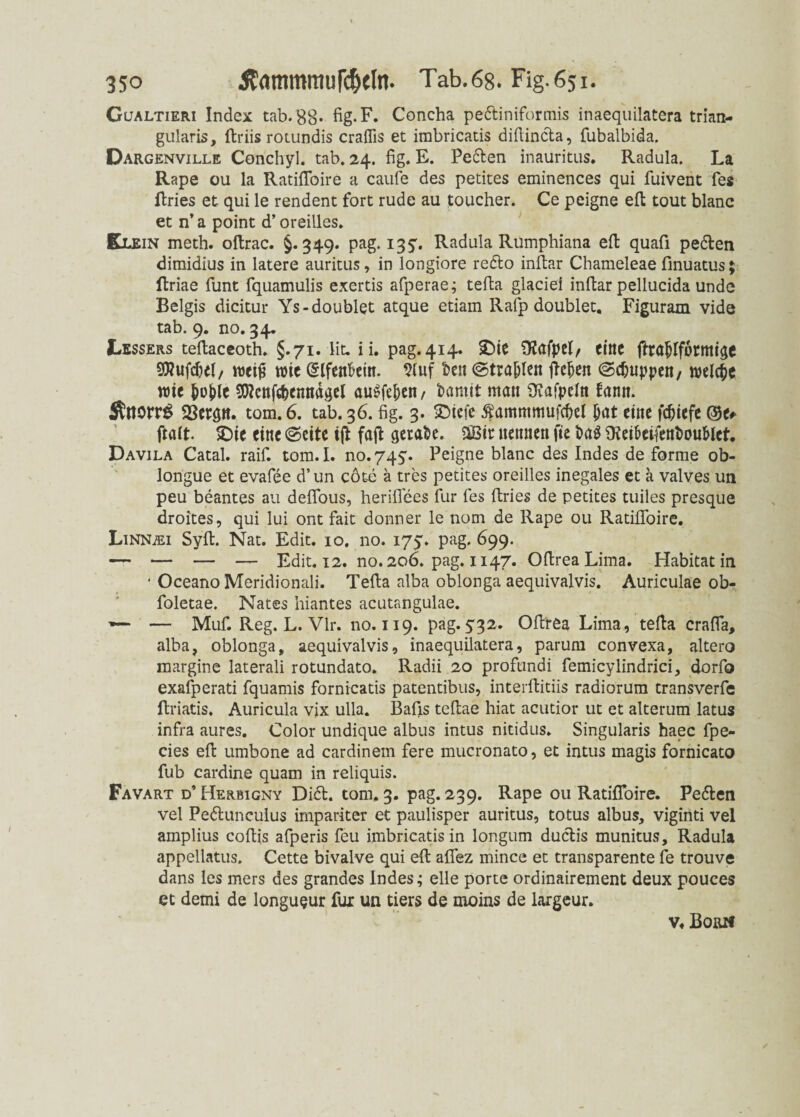 Gualtieri Index tab. 88* fig.F. Concha pedliniformis inaequilatera trian- gularis, flriis roiundis craflis et irabricatis diflincta, fubalbida. Dargenville Conchyl. tab. 24. fig. E. Pedlen inauritus. Radula. La Rape ou la RatifToire a caufe des petites eminences qui fuivent Tes flries et qui le rendent fort rüde au toucher. Ce peigne efl tout blanc et n’ a point d’ oreilles. Klein meth. oftrac. §.349. pag. 135'. Radula Rumphiana eft quafi pedlen dimidius in latere auritus, in longiore redto inftar Chameleae fmuatus; ftriae funt fquamulis exertis afperae; tefla glaciei inftar pellucida unde Belgis dicitur Ys-doublet atque etiam Rafp doublet. Figuram vide tab. 9. no. 34. Lessers teflaceoth. §.71. lit. i i. pag.414. SMe SKafpeL eine ftrafjlformtge SRufditf, weig wie (Slfetibem. feen ©tragen fteben ©cfnippett/ welche rnc &ople Sftcttfc&cmiägel au$fe&en, fcamit matt SKafpeln fantt. ÄttorrS 23ergn. tom. 6. tab. 36. fig. 3. SDtefe $ammmufcf)el &at ettte fcfjtefe ©e* ftaft. >Die eine ©eite ijt fafl gerate. 2Bir ttetttiett fte t>a$ {ReibeifentouMet, Davila Catal. raif. tom.I. no.745'. Peigne blanc des Indes de forme ob- longue et evafee d’un cote ä tres petites oreilles inegales et a valves un peu beantes au defTous, herifiees für fes ftries de petites tuiles presque droites, qui lui ont fait donner le nom de Rape ou RatifToire. Linnjei Syfl. Nat. Edit. io. no. 175:. pag. 699. — — — — Edit. 12. no. 206. pag. 1147. Oflrea Lima. Habitat in ‘ Oceano Meridionali. Telia alba oblonga aequivalvis. Auriculae ob- foletae. Nates hiantes acutangulae. — Muf. Reg. L. Vir. no. 119. pag.532. Oftrea Lima, tefla crafifa, alba, oblonga, aequivalvis, inaequilatera, parum convexa, altero margine laterali rotundato. Radii 20 profundi femicylindrici, dorfo exafperati fquamis fornicatis patentibus, interftitiis radiorum transverfe ftriatis. Auricula vjx ulla. Bafis teflae hiat acutior ut et alterum latus infra aures. Color undique albus intus nitidus. Singularis haec fpe- cies efl umbone ad cardinem fere mucronato, et intus magis fornicato fub cardine quam in reliquis. Favart d’ Herbigny Didt. tom. 3. pag. 239. Rape 011 RatifToire. Pedten vel Pedtunculus impariter et paulisper auritus, totus albus, viginti vel amplius coftis afperis feu imbricatis in longum duclis munitus, Radula appellatus, Cette bivalve qui efl afifez mince et transparente fe trouve dans les mers des grandes Indes; eile porte ordinairement deux pouces et demi de longueur für un tiers de moins de largeur. v» Born