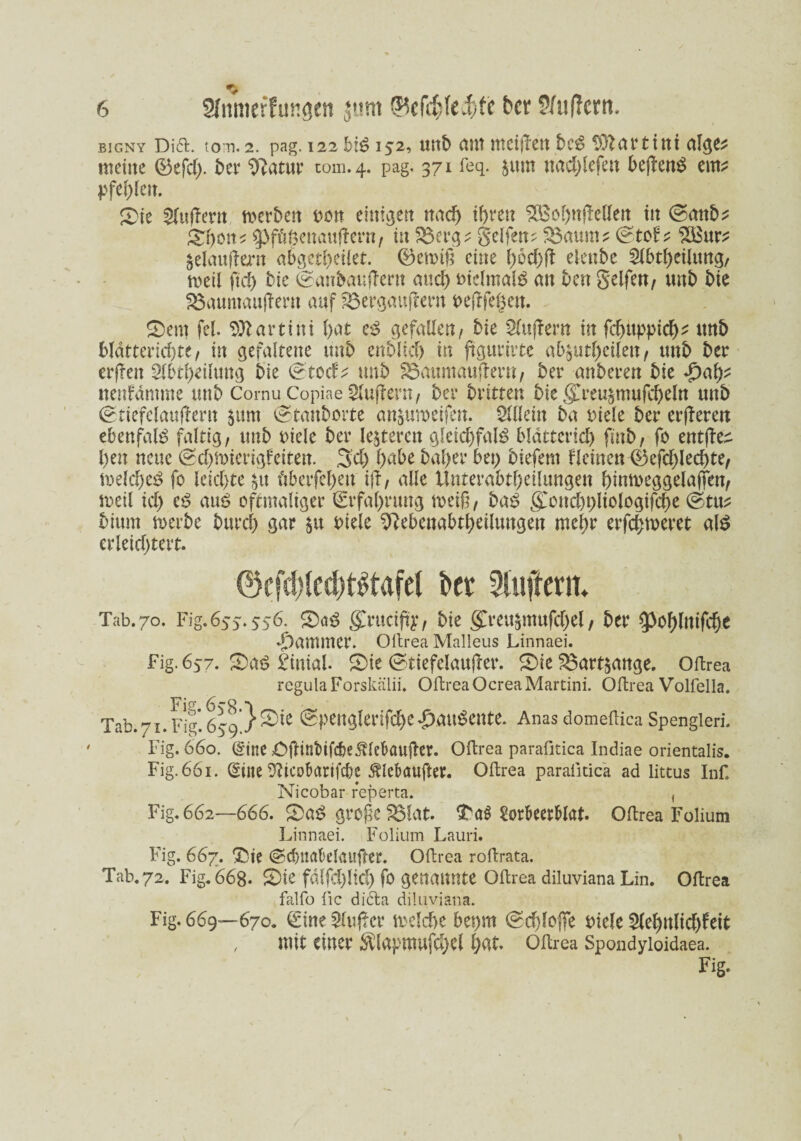 bigny Dia. ton. 2. pag. 122 bib 152, unb am meinen beb Martini alge* meine ©efd). t>er Sftatur tom.4. pag. 371 feq. £ttm nadjlefen beflenb ent? Pfeilen. £ie 5(ujlern merkest Dörr einigen und) ihren 2Bot)njMen in @anb? £l)on? Cpfüöenattßern, in $$erg? gelfen? 33aum? ©tof ^ SBur? $elatt(hrn abgeleitet. ©erniß eine i)ocf)ft eienbe 2lbtf)etltmg, meil ftd) bie (feanbaujTern and) melmalb an ben Seifen, tmb bie SBaumaußern auf £8ergaujlern oejlfegen. £)em fei. Martini (>at eb gefallen, bie Puffern in fd)ttppid)? tmb £>Iattericf>te, in gefältelte tmb enbüd) in ftguritte ab§utf)cilen, tmb bet erßeit 2lbtf)riltmg bie (£tod? tmb Söaumatiflew, bet anbeten bie £af)? nenfdmme tmb Cornu Copiae 2lu|?ern, bet btttten bie ffret^mufcbeln unb (stiefelaußern $um (stanborte an^umeifen. Allein ba Diele bet erßeren ebenfalb faltig, tmb Diele bet leiteten glcid)falb bldtterid) finb, fo entfiel i)en neue ($3d)ttrierigfeiten. 3;d) i)abe bai)et bei) biefem fleinen ©cfd)led)te, meld)cb fo leidste $tt überfein iß, alle Unterabtf)etUmgen binmeggelaffen, rneil id) cb aub oftmaliger (Erfahrung tt>eiß, bab £ond)t)liologifd)e ©ttt^ bittm metbe burd) gar $tt Diele 9?ebenabtl)eiltmgen mehr erfebmeret alb erleichtert. 0efd)(ed)tkafel kr 2l#ern. Tab.70. Fig.655.556. £utb gruciftp, bie grreu§mufd)el, bet Q3of)lnifc|e Rammet. Oltrea Malleus Linnaei. Fig. 657. S)ab £inial. S)ie ©tiefelaußer. £)ie £$art$ange. Oftrea regulaForskälii. Oftrea Ocrea Martini. Oftrea Volfella. FL. 658 1 Tab. 71. Fig*. 659 J ^P^wgletifc^e ^aubente. Anas domeftica Spengleri. Fig. 660. ©tue £>ftint>ifcbe5dekußer. Oftrea parafitica Indiae orientalis. Fig. 661. Sine ültco&arifc&e ^lekuftet. Oftrea paraiitica ad littus Inf. Nicobar reperta. , Fig. 662—666. 2>ab große 83lat. Tat ZortmMat. Oftrea Folium Linnaei. Folium Lauri. Fig. 667. T)ie ©cfntaklaußer. Oftrea roftrata. Tab. 72. Fig. 668* SDie fd(fd)lid) fo genannte Oftrea diluviana Lin. Oftrea falfo fic didta diluviana. Fig. 669—670. Sine $luficv trelcbe bepm @d)loffe Diele 5(e^nlid)feit mit einet Äfopmufcfyel bat. Oftrea Spondyloidaea. Fig.