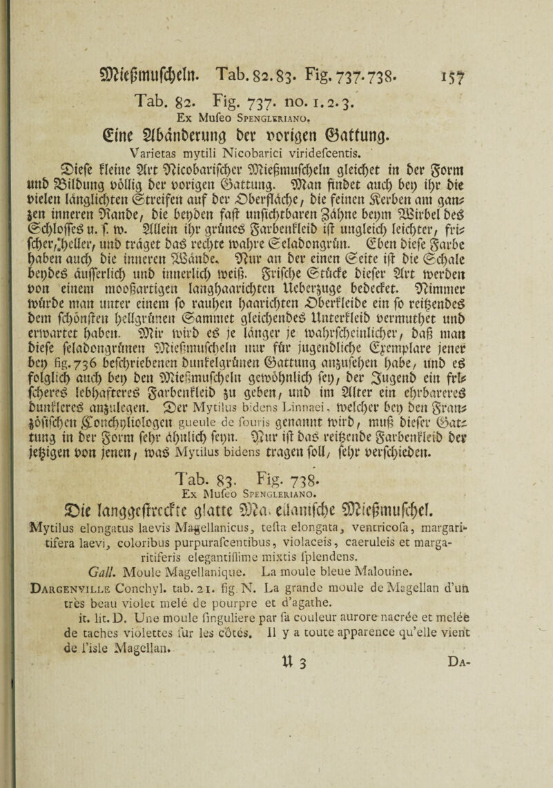 Tab. 82. Fig. 737. no. 1.2.3. Ex Mufeo Spenglkriano, (Eine 2Ibdnberung ber porigen ©atfutig. Varietas mytili Nicobarici viridefcentis. Oiefe Heine 2(rt SRicobarifcpcr 9ttießmufcpeln gleichet in ber gorm ttnb Gilbung böllig t>er bongen (Gattung. 9ftan ftnbet and; bet; ii>tr bie fielen langlicptett (Streifen auf ber -Oberfläche, bie feinen Serben am gan* Jen inneren SRanbe, bie bepben fafl unftcptbaren gapne bet;tn SBirbelbe^ (Sd;loffe£ u. f m. Wein ipr grünet garbenfleib ifl ungleich leichter, frv fcher,*pcller, unb traget baß rechte mapre (Selabongrütt. (Eben biefe garbc haben auch bie inneren %Bdnbe. 9vur an ber einen (Seite ifl bie (Schale bet;be£ dufferlich unb innerlich meiß. grifcpe (Stüde biefer Slrt merbett bon einem mooßartigen langhaarichtcn Ueber^uge bebecfet. Zimmer mürbe man unter einem fo raupen paaricpten Obetfleibe ein fo reipenbeS bent fcponflen hellgrünen (Sammet gleicpettbe£ Unterfleib oermutpet unb ermartet haben, Sttir mirb eß je langer je maprfd)einlicper, baß matt biefe felabcngrünen S^teßmufcpeltt nur für jugenbltcpe (Eyemplare jener bet; fig. 736 betriebenen bunfelgrünen Gattung an^ufepett pabe, unb eß folglich attep bet; bett TORieRmufcpein gemopnlicp fet;, ber Sugettb ein fr!^ fcpereS lebhafteres garbenfleib $u geben, unb im Sllter ein eprbarereS bunflcreS anjulegen. Oer Mytilus bidens Linnaei, melcper bet; ben gratis $6ftfd)cn g^oncppliolcgen gueule de fouris genannt mirb, muß biefer 0ati tung in ber gorm fepr dpttlicp fet;tt. vflur ifl ba£ reißenbe garbenfleib ber jeßigen pon jenen, mß Mytilus bidens tragen foll, fepr Perfcpiebett. Tab. 83. Fig. 738. Ex Mufeo Spengleriano. ©ie langgcftrccftc glatte 9)?a. eüamfd)c 93eic|lmufc[)e!. Mytilus elongatus laevis Magellanicus., telia elongata, ventricofa, margari- tifera laevij coloribus purpurafeentibus, violaceis, caeruleis et marga- ritiferis elegantifiime mixtis fplendens. Gail. Moule Magellanique. La moule bleue Malouine. Dargenville Conchyl. tab. 21. fig.N. La grande moule deMagellan d’uii tres beau violet mele de pourpre et d’agathe. it. lit. D. Une moule finguliere par fa couleur aurore naerde et melee de taches violettes für les cotes. 11 y a toute apparence qu’elle vient de i’isle Magellan. tt 3 Da- I