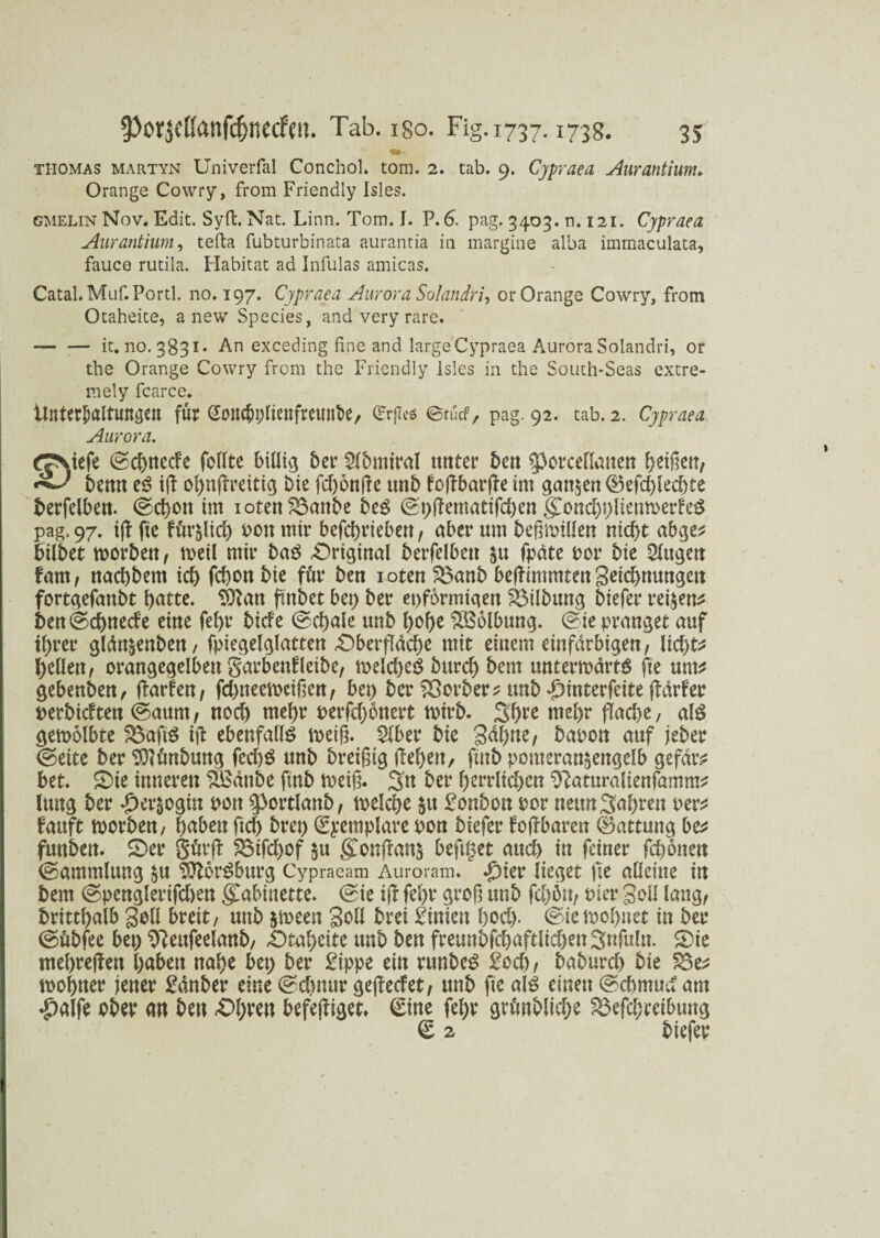 Thomas martyn Univerfal Conchol. tom. 2. tab. 9. Cypraea Aurantium* Orange Cowry, from Friendly Isles. gmelin Mov« Edit. Sylt. Nat. Linn. Tom. I. P.6. pag. 3403. n. 121. Cypraea Aurantium, tefta fubturbinata aurantia in margine alba immaculata, fauce rutila. Habitat ad Infulas amicas. CataLMuf. Porti, no. 197. Cypraea Aurora So/andri, or Orange Cowry, from Otaheite, a new Species, and very rare. -it.no.3B31. An exceding fine and large Cypraea Aurora Solandri, or tbe Orange Cowry from the Friendly isles in the South-Seas extre- raely fcarce. Unterhaltungen für (Sow&plienfrewtöe, (Erjies ©tuet, pag. 92. tab. 2. Cypraea Aurora. (JNiefe ©c^itccFe feilte billig ber £lbmiral unter ben 53orcefIanen beißen, benn eS iß obnßreitig Die fd)6nße unb toßbarße im ganzen ®efd)led>te berfelben. ©cbott im ioten£3anbe beg ©pßematißben gTondjpliemoerfeg pag. 97. iß fie fürstet) oon mir befebriebeu, aber um beßmillen nicht abge* bilbet morbett, weil mir baö Original berfelben $u fpdte oor bie Singen tarn, nad)bem icb febonbte für ben roten 23anb beßimmten Belehnungen fortgeßmbt batte. Sttan pnbet bep ber epformigen Gilbung btefer rei^en^ ben ©cbnecf'e eine febr biefe @cf)ale unb l>ef>e Wölbung, ©te pranget auf ihrer gldn&enben, fpiegelglatten Oberfläche mit einem einfarbigen, liebte bellen, orangegelbeu garbenfleibe, meld)e£ bttrd) bern untermalte fie um* gebenben, ßarfen, fd)tteemeißen, bep ber Korber * unb *£>interfcite ßdrfer verbietet ©aurn, noch mehr perfdjonert mirb. Sbl<e wehr flache / als gemolbte 23aft$ ift ebenfalls rneiß. Slber bie gdbne, bapon auf jeber ©eite ber Sftünbung fed)£ unb bretßig Heben, finb pomeran^engelb gefdr* bet. Oie inneren S&dnbe finb toeiß. Sn ber berrlicben ^aturalienfamm* Uutg ber *£>er§ogin pon ^ortlanb, melcbe §u £onbon por neun fahren per* lauft morben, haben ficb brep (gpemplare pon btefer foßbaren (Gattung be* funbeit. Oer güvß 23ifd)Of $u gonßan$ beftget and) in feiner fronen ©ammlung $u SOtorSburg Cypraeam Auroram. Sy'm lieget fte alleine in bem ©penglerifd)en Kabinette, ©ie iß febr groß unb fd)ön, Pier geil lang, brittbalb gell breit, unb §meen gell brei Linien hoch- ©iemobnet in ber ©übfee bep Sßettfeelanb, Otabctte unb ben freunbfcbaftlid>en3nfuln. Oie mehreren I>abett nabe bep ber £ippe ein runbeg £ocb, babureb bie S8e* mobner jener £dnber eine ©d)nur geßecfet, unb fie alö einen ©cbmucf am •palfe ober an ben Obren befeßiget, £ine febr grünblidje 23efd;reibung <£ 2 biefer