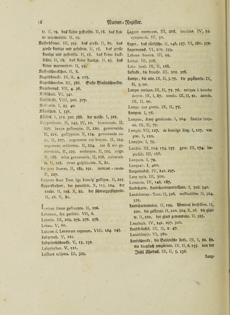 I $6 • fe. Ii, 19. basJ ficlnc gcftreifte. II, 18. bag flci< nc marmorirte. II, 19. Sfufferborncr. III, 393. ba$ große. II, 89. ba$ große ftiotige unb gefaltete. II, 18. baS große ftiotige ltttb geftreifte. II, iS. bat? Heine buef* lictjte. II, 18. ba3 Heine ftiotige. II, 93- ba$ flaue marmoritte. II, 93. ^ufferfcbitfcfc^cn. II, 8. Sfitgelfcbnccfe. IX, II, 4. 105. Sfugclfc^necfen. III, 386. (giebe 55Iafenfcbnecfen. S?ugclt>emnL VII, 4. 36. $n[)fd?a!e. VI, 341. ilul) febrile. VIII, 300. 307. SHtblarm. I, 23. 40. JS?ugeld>en. I, 338. $urbi$. I, 3K. 320.388. bet toeiße. I, 322. Kuypersboor. II, 143. IV, 10. bloedroode. II, 227. bruyn geftreepte. II, 229. gemarmelde. II, 22?. geftippelde. X, 124. gevoorende ro¬ de. II, 227. ongemeene ros bruyne. II, 224. ongemeen zeldzaame. II, 224. ros & wir ge- mavmelde. II, 225. rosbruyne. 11,22?. ruige. TI, j88. witte gevoorende. II, 228. zuiverwit- te. II, 228. zwart gefpikkelde. X, 81. Kuypers Boeren. II, 189. 191* incarnat - roode. II, 227. Kuypers Boor Toot ligt kleurig geftipte. II, 22?. $t)pergbi>brer, bet punctirte. X, 113. 124. bcc raube. II, 188. X, 82. bet febroarigejtippelte. II, 16. X, 81. Laaken blauw geftreepte. II, 106. Labaaren, fyn geribbd. VII, 6. Labarin. III, 269. 272. 276. 278. Labeo. V, 60. Labrum f. Lavacrum cupreum. VIII, 12^. 143* Jab^rliUb- V, 121. gabptintbfcbnecfe. V, 13. 132. Labyvinthus. V, I2T. Laftuca ciifpata. UI, 329, Lagena marmorea. III, 20$. toroides. IV, 24« tympanofa. IV, 30. gager, ba3 türfifebe. II, 146. 157. VI, 280. 359. 2ageroetm$. VI, 2>:o. 359. Lahnen - hoorns. III, 92. Laitue. III, 328. Lake Snail. IX, II, 168. gaftufe, bie frauße. III, 3°?. 328. gampe, bie alte. IX, II, 3.7?. bie gejabttelfe. IX, II, 3. 90. Lampe antique. IX, II, 7?. 76. antique ä bouche dentee. IX, I, 87. arm£e. IX, II, 91. dente'e. IX, II, 90. Lampe den gamlc. IX, II, 7?. gemtpen. I, 78. Lampen, fraay getekende. I, 104. Snekke bruy¬ ne. IX, II, 7?. Lampje. VII, 127. de hoekige Slag. I, 127. wat plat. I, 120. Lampjes. I, 79. Lambis. III, 114.IM.155- gros. HI, 174* parfait. III, 186. Lampera. I, 79. Lamprev. I, 4°°* gattjetmabel. IV, 241.297. Lana tyria. III, 300. Lanceola. IV, 148. 187» ganbebarfe, ganbcbactenporceflane. I, 316. 340. Landcharten - Toot. II, 326. weftindfehe. II, 324. 32?. ganbebarfentuten. II, 199. 2lbmitol berfclben. II, 220. biegefotnte.il, 220. 324.X, 26. bieglaU te. II, 220. bet glatt geroutibene. II, 325. Lancinufa. IV, 241. 297. 300. ganbfrdußri. IX, II, 2. 47. Landfchapje. VI, 360. ganbfebneefe, bie 55oltcnf(b« linfe. IX, I, 22. 89. bie brepfacb umgürtete. IX, II, 6.155. pon bee 3nf«l IX, II, 5. 136. gang*