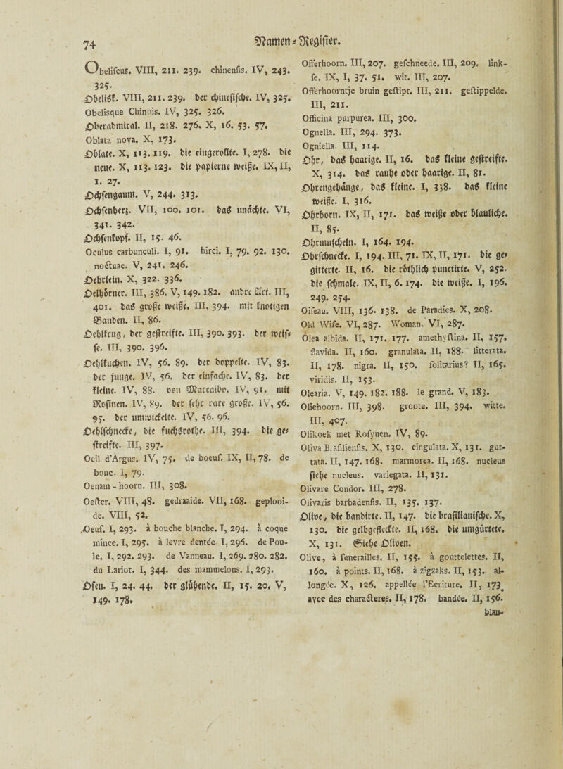 Obelifcus. VIII, 211. 239. chinenfis. IV, 243. 32v £)bdiöf. VIII, 211. 239. ber cbiitcflfche. IV, 32?. Obelisque Chinnis. IV, 32?. 326. £>betabmital. II, 218. 276. X, 16. 53. 57. Oblata nova. X, 173. £Mate. X, 113.119. bi« eingerollte. I, 278. bie neue. X, 113.123. bie papierne rniße. IX, II, 1. 27. ^cbfengaunt. v, 244. 313. £)chfcnher$. VII, 100. ior. ba$ undchte. VI, 341. 342. £>chfcnfopf. n, i?- 46. Oculus carbunculi. I, 91. hirci. I, 79, 92. 130, nodtuae. V, 24«. 246. £>ehcletn. X, 322. 336. £)elh&ntcr. III, 386. V, 149.182. cmbrc 2Jrf. III, 401. ba$ große toeife. III, 394. mit fnotigen 55anben. II, 86. £>eblfrug, ber öcflccifte. III, 390. 393. bec tocif* fe. III, 390. 396. ,Dd)lfuc&cn. IV, 56. 89. bet hoppelte. IV, 83. btt junge. IV, 56. ber einfache. IV, 83. bet Heine. IV, 88. oon CBJarcaibo. IV, 91. mit ücofmen. IV, 89. bet fe(;c rare große. IV, 56. 9?. ber umsvncfclte. IV, ?6. 96. £>eblfcbnccfe, bie fuchSrotbc. III, 394- bie ge* flrclfte. III, 397• Oeil d’Argus. IV, 7?. de boeuf. IX, II, 78. de bouc. I, 79. Oenam-hoorn. III, 308. Oefter. VIII, 48. gedraaide. VII, 168. geplooi- de. VIII, ?2. ,Oeuf. I, 293. a bouche blanche. I, 294. a coque mince. I, 29?. a levre dent^e I, 296. de Pou- le. I, 292. 293. de Vanneau. I, 269. 280. 282. du Lariot. I, 344. des mammelons. 1,293. £>fen. I, 24. 44. ber glübenbe. II, 1?. 20. V, 149. 178. Ofterhoorn. III, 207. gefchneede. III, 209, link- fe. IX, I, 37- wir. III, 207. Ofterhoorntje bruin geftipt. III, 211. geftippelde. III, 211. Officina purpurea. III, 300. Ognella. III, 294. 373. Ogniella. III, 114. £>br, bai haarige. II, 16. ba$ Heine gereifte. X, 314. bai? rauhe ober haarige. II, 81. £)hrengehdnge, ba$ Heine. I, 338. ba$ Heine toeiße. I, 316. Ehrhorn. IX, II, 171. ba$ rniße ober bläuliche. II, 8?. £>bnuu(cheln. I, 164. 194. £>hrfchnecfe. I, 194- m, 71* IX, II, *7r* bie ge* gitterte. II, 16. bie ththlich punctirte. V, 252. bie fehmale. IX, II, 6.174. bie toeiße. I, 196. 249. 2?4. Oifeau. VIII, 136. 138. de Paradies. X, 208. Old Wife. VI, 287. Woman. VI, 287. Olea albida. II, 171. 177. amethyftina. II, l?7. fiavida. II, 160. granulata. II, 188* litterata. II, 178. nigra. II, 150. folitarius? II, 165, viridis. II, 153. Olearia. V, 149. 182. 188. le grand. V, 183. Oliehoorn. III, 398. groote. III, 394. witte. HI, 407. Olikoek met Rofynen. IV, 89* Oliva Brafilienfis. X, 130. cingulata. X, 131. gut¬ tata. II, T47. 168. marmorea. II, 168. nucleus fichc nucleus. variegata. II, 131. Olivare Condor. III, 278. Olivaris barbadenfis. II, 13?. 137. £>liöe, bie hanbirte. II, 147- bie brafilianifche. X, 130. bie gelbgcfkcfte. II, 168. bie umgürtete. X, 131. @ichc £)lioen. Olive, ä funerailles. II, 1??. a gouttelettes. II, 160, a points. II, 168. ä z:gzaks. II, 153. al- longce. X, 126. appellde l’Ecriture. II, 173^ ayec des charadteres. II, 178. bandde. II, 156. bla»-