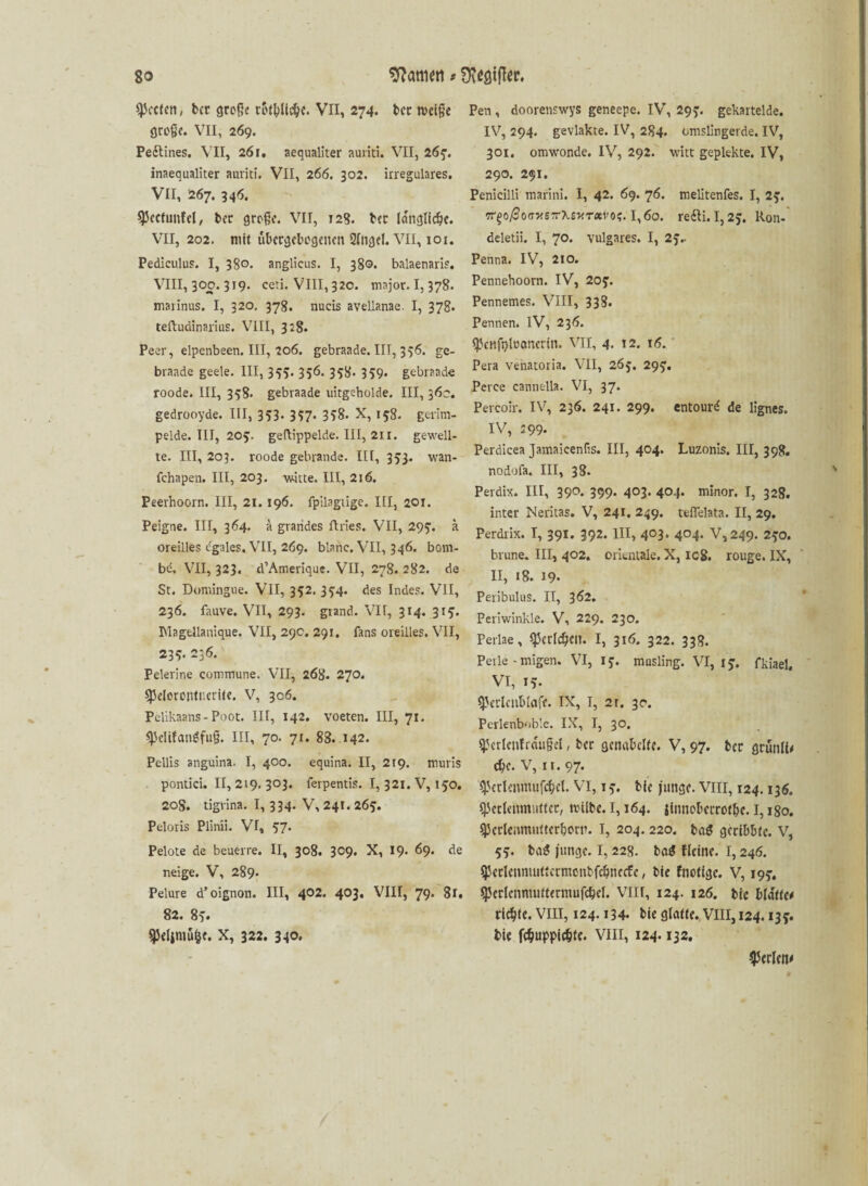 ^ccfcti, ber große tM&llcfje. VII, 274. bcc weiße große. VII, 269. Pe&ines. VII, 261, aequaliter auriti. VII, 26$. inaequaliter auriti. VII, 266. 302. irreguläres. VII, 267. 34(5. spccfutifcl, bcc große. VII, 128. bcc lunglidje. VII, 202. mit übcrgclcgencn Singel. VII, 101. Pediculus. I, 380. anglicus. I, 380. balaenaris. VIII, 300. 319. ceti. VIII, 320. major. I, 378. marinus. I, 320, 378. nucis avellanae. I, 378. teftudinarius. VIII, 3:8. Peer, elpenbeen. III, 206. gebraade. III, 356. ge- braade geele. III, 355. 356. 358* 359- gebraade roode. III, 358* gebraade uitgeholde. III, 36c. gedrooyde. III, 353. 357. 358. X, 158. gcrim- pelde. III, 205. gefh'ppelde. III, 211. gewell¬ te. III, 203. roode gebrande. III, 353. wan- fchapen. III, 203. witte. III, 216. Peerhoorn. III, 21. 196. fpilagtige. III, 201. Peigne. III, 364. a grandes flries, VII, 295:. ä oreilles dgales. VII, 269. blanc. VII, 346. bom¬ be. VII, 323. d’Amerique. VII, 278. 282. de St. Domingue. VII, 352. 3^4. des Indes. VII, 236. fauve. VII, 293. giand. VH, 314. 315. Magdlanique. VII, 29c. 291. fans oreilles. VII, 23* 236. Pelerine commune. VII, 268. 270. 93elerontncrUe. V, 306. Pelikaans-Poot. III, 142. voeten. III, 71. <pcUfatigfuß. III, 70. 71. 88. 142. Pellis anguina. I, 400. equina. II, 219. muris pontici. II, 219. 303. ferpentis. I, 321. V, 150. 20S. tigrina. I, 334. V, 241. 26$. Peloris Plinii. VI, $7. Pelote de beuerre. II, 308. 309. X, 19. 69. de neige. V, 289* Pelure d’oignon. III, 402. 403. VIII, 79. 81. 82. 8$. 9Jelimü&e. X, 322. 340. Pen , doorenswys geneepe. IV, 29$. gekartelde. IV, 294. gevlakte. IV, 284. omslingerde. IV, 301. omwonde. IV, 292. witt gepiekte. IV, 290. 291. Penicilli marini. I, 42. 69. 76. melitenfes. I, 2$. 7r%ofio<rxe7VkBMTxvot;. I,6o. re<fti.I,2$. Ron- deletii. I, 70. vulgares. I, 25V Penna. IV, 210. Pennehoorn. IV, 20$. Pennemes. VIII, 338. Pennen. IV, 2 36. ^cnftjloancrtn. VII, 4. 12. \6. Pera venatoria. VII, 26$. 29$. Perce cannella. VI, 37. Percoir. IV, 236. 241. 299. entour^ de lignes. IV, 299. Perdicea Jamaicenfis. III, 404. Luzonis. III, 398. nodofa. III, 38. Perdix. III, 390. 399. 403. 404. minor. I, 328. inter Neritas. V, 241. 249. teflelata. II, 29. Perdrix. I, 391. 392. III, 403. 404. V, 249. 2$o. brune. III, 402. orientale. X, ic8. rouge. IX, II, 18. 19* Peribulus. II, 362. Periwinkle. V, 229. 230. Perlae, SpcrldjCIT. I, 316. 322. 338. Perle - migen. VI, 1$. musling. VI, iy. fkiael, VI, 1$. Spetlcnhlafe. IX, I, 2t. 30. Perlenbob’.e. IX, I, 30. ^crlenfraußel, bcc genabelte. V, 97. bcc grunlk $c. V, rr. 97. ^erlenmuf<$el. VI, i$. Me junge. VIII, 124.135. ^eclenmirtfer, wilbc. 1,164. jinnobcrrotbc. 1,180. ^Jerlenmntterboru. I, 204. 220. ba$ gcribbfe. V, 5$. baS junge. I, 228. ba$ flcine. 1,246. $eclenmuttcrmenbf$nccfe, bic fnolige. V, 19$. gjerlennuutermufc^el. VIII, 124. 126. Me blatte* richte. VIII, 124.134. bic glatte. VIII, 124.13$. bic fc$uppicMe. VIII, 124* 132. perlen*