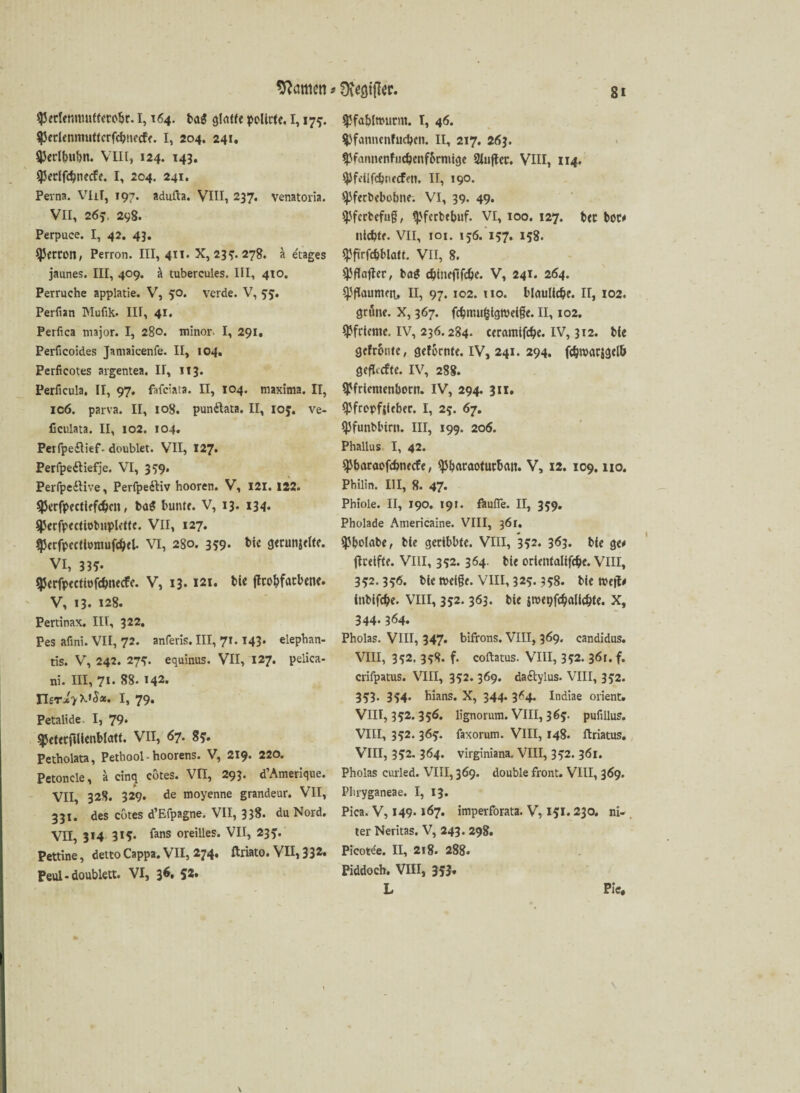 $etletmmffetobr. 1,164. ba$ glatte polirtc, 1,17?. SPerlenmnttcrfcbnccfe. I, 204. 241. (JJerlbubn. VIII, 124. 143. (Perifcbnecfe. I, 204. 241. Perna. VUr, 197. adufta. VIII, 237. venatoria. VII, 26?. 298. Perpuce. I, 42. 43. ipeccon, Perron. III, 411. X, 23?. 278. a e'tages jaunes. III, 409. k tubercules. III, 410. Perruche applatie. V, 50. verde. V, 33. Perfian Mufik. III, 41. Perfica major. I, 280. minor. I, 291, Perficoides Jamaieenfe. II, 104. Perficotes argentea. H, 113. Perficula. II, 97. fafciata. II, 104. maxima. II, ic6. parva. II, 108. pun&ata. II, 103. ve- ficulata. II, 102. 104. Perfpe&ief. doublet. VII, 127. Perfpe&iefje. VI, 359. Perfpedlive, Perfpe&iv hooren. V, 121. 122. 95crfpecticfc&cn, ba$ bunte. V, 13. 134. SJJerfpectiöbnpUtte. VII, 127. $erfpecttümufdjrt. VI, 280. 359- 9<cunjdtf. VI, 335* $)5erfpectit>fc&necfe. V, 13.121. bU fkobfacbene. V, 13. 128. Pertinax. III, 322, Pes afini. VII, 72. anferis. III, 71. T43. elephan- tis. V, 242. 27?. equinus. VII, 127. pelica- ni. III, 71. 88. 142. Ikriy I, 79* Petalide I, 79. t|Jet<cftllenblatt. VII, 67. 83. Petholata, Pethool-hoorens. V, 219. 220. Petoncle, a cinq cötes. VII, 293. d’Amerique. VII, 328. 329. de moyenne grandeur. VII, 331. des cötes d’Efpagne. VII, 338. du Nord. VII, 314 315. fans oreilles. VII, 235. Pettine, detto Cappa. VII, 274* ftriato. VII, 332. Peul-doublett. VI, 36. 52. I, 46. $}fanncnfucben. II, 217. 263. *ßfannenfiid)enf&rmige Slnftec. VIII, 114. ^fi'ilfcbnecfrn. II, 190. ^ferbebobne. VI, 39. 49. (JJfcrbefug, Ipferbtbuf. VI, 100. 127. bec bot# nicbte. VII, 101. 156. 157. 158. spftrfc&bUttt. VII, 8. ^flajter, boöt cbineflfc&e. V, 241. 264. pflaumen, II, 97. 102. 110. bläuliche. II, 102. grüne. X, 367. fcbnui§lgtoei§e. II, 102. Pfrieme. IV, 236.284* ceramifcbe. IV, 312. ble gefrönte, gefornte. IV, 241. 294. fcbtt>acsgel& gefTccfte. IV, 288. yfrientenbotn. IV, 294. 311. «ßfropfjicber. I, 23. 67. $JfunbHrn. III, 199. 206. Phallus I, 42. ^baraofehneefe, <)Jbaraotutbatt. V, 12. 109.110. Philin. III, 8. 47. Phiole. II, 190. 191. faufle. II, 339. Pholade Americaine. VIII, 361. (ßbolabe, ble geribbte. VIII, *392. 363. bie ge# (keifte. VIII, 392. 364. bie orlenfaltfdje. Vlir, 392.396. bie n>ei§e. VIII, 329.358. bie tve(k inbifche. VIII, 392. 363. bie jroegfcbalic&te. x, 344-364. Pholas. VIII, 347. bifrons. VIII, 369. candidus. VIII, 392. 398. f. coftatus. VIII, 392. 36 c. f. crifpatus. VIII, 392. 369. daftylus. VIII, 392. 353. 354* hians. X, 344. 364. Indiae Orient. VIII, 392. 336. lignorum. VIII, 363. pufillus. VIII, 332. 363. faxorum. VIII, 148. ftriatus. VIII, 332. 364. virginiana, VIII, 392. 361. Pholas curled. VIII, 369. double front. VIII, 369. Pluyganeae. I, 13. Pica. V, 149* »67. imperforata. V, 151.230. ni- . ter Neritas. V, 243. 298. Picot^e. II, 2i8. 288« Piddoch. VIII, 353* L Pie.