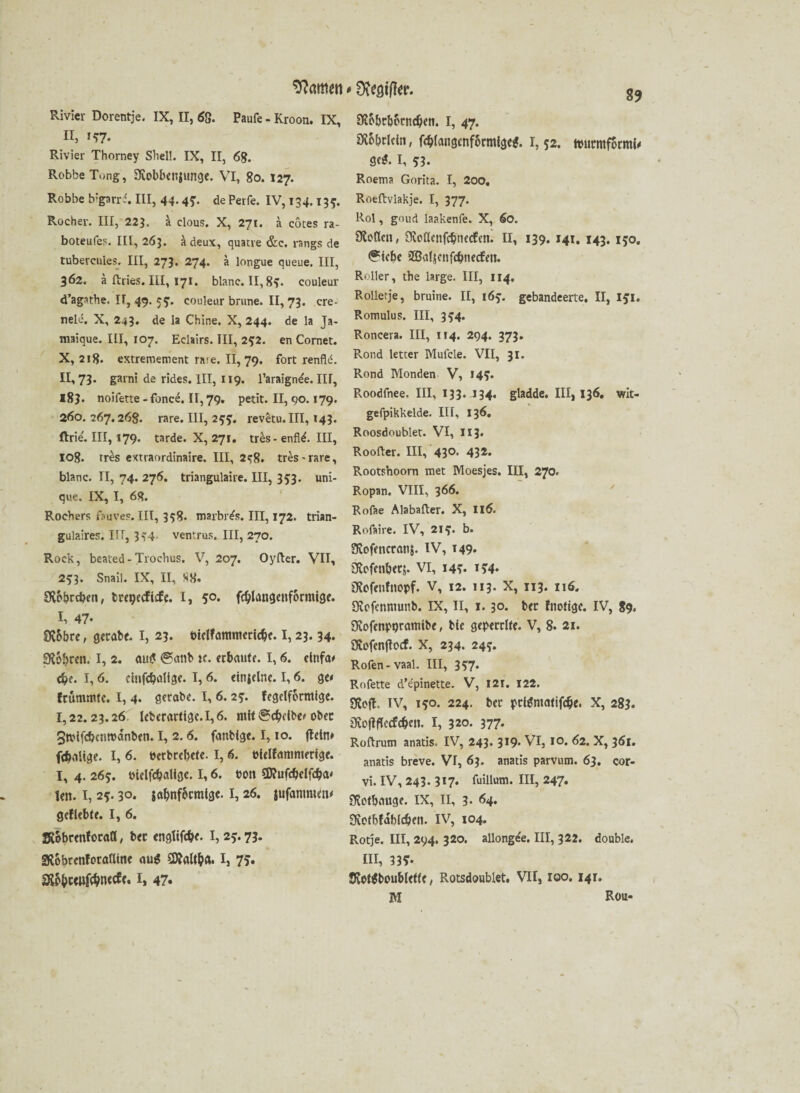 * Dfrßt'lfer. Rivier Dorentje. IX, II, 6g. Paufe - Kroon. IX, n, i?7- Rivier Thorney Shell. IX, II, 6g. Robbe Tung, SKobbenjunge. VI, 8o. 127. Robbe b;garri. III, 44.45;. dePerfe. IV, 134.135. Rocher. III, 223. ä clous. X, 27t. a cötes ra- boteufes. III, 263. ädeux, quarre &c. rangs de tubercules. III, 273. 274. ä longue queue. III, 362. a ftries. III, 171. blanc. II, 84. couleur d’agathe. II, 49. 5?. couleur brune. II, 73. cre- nele, X, 243. de la Chine. X, 244. de la Ja- maique. III, 107. Eclairs. III, 2?2. en Cornet. X, 2! 8. extremement rare. 11,79. fort renfle. 11,73. garni de rides. III, 119. l’araign^e. III, 183. noifette - fonce. 11,79. petit. II, qo. 179. 260.267.268. rare. III, 2ff. revetu.III, 143. ftrie'. III, 179. tarde. X, 271. tres - enfi^. III, log. tres extraordinaire. III, 248. tres-rare, blanc. II, 74. 276. triangulaire. III, 353. uni- que. IX, I, 68. Rochers fauves. III, 358. tnarbr^s. III, 172. trian- gulaires. III, 334 ventrus. III, 270. Rock, beated-Trochus. V, 207. Oyfter. VII, 253. Snail. IX, II, 88. Svbbrcben, trepccfiifc. I, 50. fcblangenformige. I, 47- Üvobre, gerat*. I, 23. tndfammericbe. I, 23.34. SRo&ren. I, 2. au£ ©anb k. erbaute. 1,6. dnfa« cbe. 1,6. cinfcbalige. 1,6. cinjclnc. 1,6. ge« frummte. I, 4. gerabe. I, 6. 25. fegelf&cmige. 1,22.23.26 leberartige. 1,6. mit ©cbdbe« ober 3tvifcbenn>dnben. I, 2.6. fanbige. 1,10. (fein* fcbalige. I, 6. öerbrebete. 1,6. tdelfammerige. I, 4. 265. uielfc&aligc. 1,6. t>ott SKufcbdfcba« len. I, 25:. 30. $abnf&rmtge. I, 26. jtifanmun« geflehte. I, 6. SRobrenforaö, bet engtifebe. I, 25.73. SRobrenforafline au$ Sföaltba. I, 75. 2töbceufä>necff. I, 47» £Robtbbrncbeti. I, 47. Sfö&tldn, feblangenfbrmige*. 1,52. ttmtmformi* I, 51. Roema Gorita. I, 2oo. Roeftvlakje. I, 377. Rol, goud laakenfe. X, 60. SKoflcn, Ovodenfcbnecfen. II, 139. 141. 143. 130. ©lebe ©aljenfcbnecfen. Roller, the large. III, 114, Rollerje, bruine. II, i6y. gebandeerte. II, IJI. Romulus. III, 344. Roncera. III, 114. 294. 373. Rond letcer Mulcle. VII, 31. Rond Monden V, 145. Roodfnee. III, 133. J34. gladde. III, 136. wit- gefpikkelde. III, 136. Roosdoublet. VI, II3* Roofter. III, 430. 432. Rootshoorn met Moesjes. III, 270. Ropan. VIII, 366. Rofae Alabafter. X, Il6. Rofaire. IV, 21?. b. SKofencranj. IV, 149. 3ftofe»fKG- VI, !45* *54* Üiofenfnopf. V, 12. 113. X, 113. 116. SJofenmunb. IX, II, 1. 30. ber fnotige. IV, 89. 3?ofenpnramibe, bie geperrlte. V, 8. 21. Stofenftocf. X, 234. 24?. Rofen-vaal. III, 3?7« Rofette d’epinette. V, 121. 122. £Rcft. IV, 150. 224. ber pritfmatifebe. X, 285. Ovoftfleefcben. I, 32°- 377* Roftrum anatis. IV, 243. 319. VI, 10. 62. X, 361. anatis breve. VI, 63. anatis parvum. 63. cor- vi. IV, 243. 317. fuillum. III, 247. SRotbauge. IX, II, 3* 64. Dietbfablcben. IV, 104. Rotje. III, 294. 320. allongee. III, 322. double. III, 335. SvotSboubletfc / Rotsdoublet. VII, iqo. 141. M Rou-