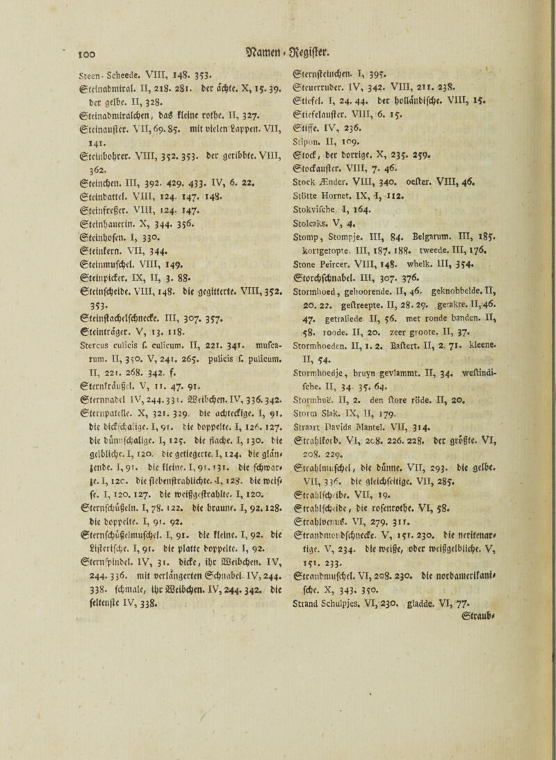 ioo Partim, 9^gt|^er. Steen- Scheede. VIII, 148. 3*3* ©teinabntical. II, 218. 281. t>ec äd)tt. X, 15.39. btt gelbe. II, 328. ©teinabniiralcbcn, ba$ fleine rotbe. II, 327. ©teinauficc. VII, 69.85. mit vielen Eappcit. VII, 141. ©tetubobrer. VIII, 3*2.353* her geribbte. VIII, 362. ©teineben. III, 392- 429. 433« IV, 6. 22. ©teinbattel. VIII, 124. 147. 148. ©teinfeeger. VIII, 124. 147. ©teinbauerin. X, 344. 356. ©teinbofen. I, 330. ©teinfecn. VII, 344. ©teinmufebd. VIII, 149. ©teinpiefer. IX, II, 3. 88« ©teinfebeibe. VIII, 148. bie gegitterte. VIII, 352. 3*3- ©teinjlacbelfcbnccfe. III, 3°7. 357* ©tcintra'ger. V, 13. 118. Stercus culicis f. culicutn. II, 221. 34T* mufea- rum. II, 3>o. V, 241. 265. pulicis f. pulicum. II, 221. 268. 342. f. ©ternfrdufjcl. V, n. 47. 91. ©tcrnnahel IV,244.331. äBeibcben.IV, 336.342. ©terupatene. X, 32t. 329. bte aebteefige. I, 91. bie bicfictaüge. 1,91. trie hoppelte. I, 126. 127. bic bünnfcbaligc. 1,12?. bie flache. 1,130. bie gelbliche. I, 120. bie getiegerte. 1,124. bie ginn# jenbe. 1,9». bie Heine. 1,9». »3t. bic febtvar# |e. 1,12c. bie fiebenilcnblicbte. *1, 128. bie rocifV fe. 1,120.127. bie tvciggeftrablte. 1,120. ©ternfcbügeln. i, 78. I22. bie braune. I, 92.128. bie hoppelte. I, 91. 92. ©ternfebugcimufcbel. I, 91. bie fleine. I, 92. bie £i|Ierif^e. 1,91. bie platte hoppelte. I, 92. ©ternfpinbcl. IV, 31. biefe, ibc 2Beibc^en. IV, 244.336. mit verlängerten @$nabcl- IV, 244. 338. fcbntale, ibc äöeibcben. IV, 244.342. bie feiten jie IV, 338. ©ternjtcindjen. I, 39?. ©teuerruber. IV, 342. VIII, 211. 238. ©tiefel. I, 24. 44. her bofldtibifcbe. VIII, 15, ©tiefclautfer. VIII, 6. 15. @tiffe. IV, 236. Stipon. II, 109. ©toef, her borrige. X, 23?. 259» ©tocfaufler. VIII, 7. 46. Stock iEnder. VIII, 340. oefter. VIII, 46, Stotte Hörnet. IX, I, II2. Stokvifcbe I, 164. Stolcaks. V, 4. Stomp, Stompje. III, 84. Belgarum. III, 185”. korrgetopte. III, l87« >88. tweede. III, 176, Stone Peircer. VIII, 148. whelk. III, 354* ©torc&fdjnabel. III, 307. 376. Stormboed, gelioorende. II, 46. geknobbelde.il, 20. 2?. geftreepte. II, 28. 29. gerakte. II, 46. 47. getraüede II, 96. met ronde banden. II, 58. roode. II, 20. zeer groote. II, 37. Stormboeden. II, 1. 2. Baftert. II, 2. 71. kleene. II, 54« Stormhoedje, bruyn gevlammt. II, 34. weftindi- febe. II, 34 39. 64. Stormbue. II, 2. den ftore rode. II, 20. Storni Slak. IX, II, J79, Straart Davids Mantel. VII, 314. ©trablfotb. VI, 208. 226. 228. her geegte. VI, 208. 229. ©trablnn.fcbel, bie bunne. VII, 293. bic gelbe. VII, 3 3^. bte gleiebfeitige. VII, 28s1. ©trablfcb ibe. VII, 19. ©trablföeibe, bie rofenrotbe. VI, 58. ©trablvcmitf. VI, 279. 311. ©tranhmet bfcbuecfc. V, 191.230. bie neritenatf tige. V, 234. bie tveige, ober tveiggclbliebc. V, 1*1. 233. ©tranhmufcbel. VI, 208.230. bie norbamerifemi' fdje. X, 343. 3*°. Strand Schulpjes. VI, 230. gladde. VI, 77* ©traub#