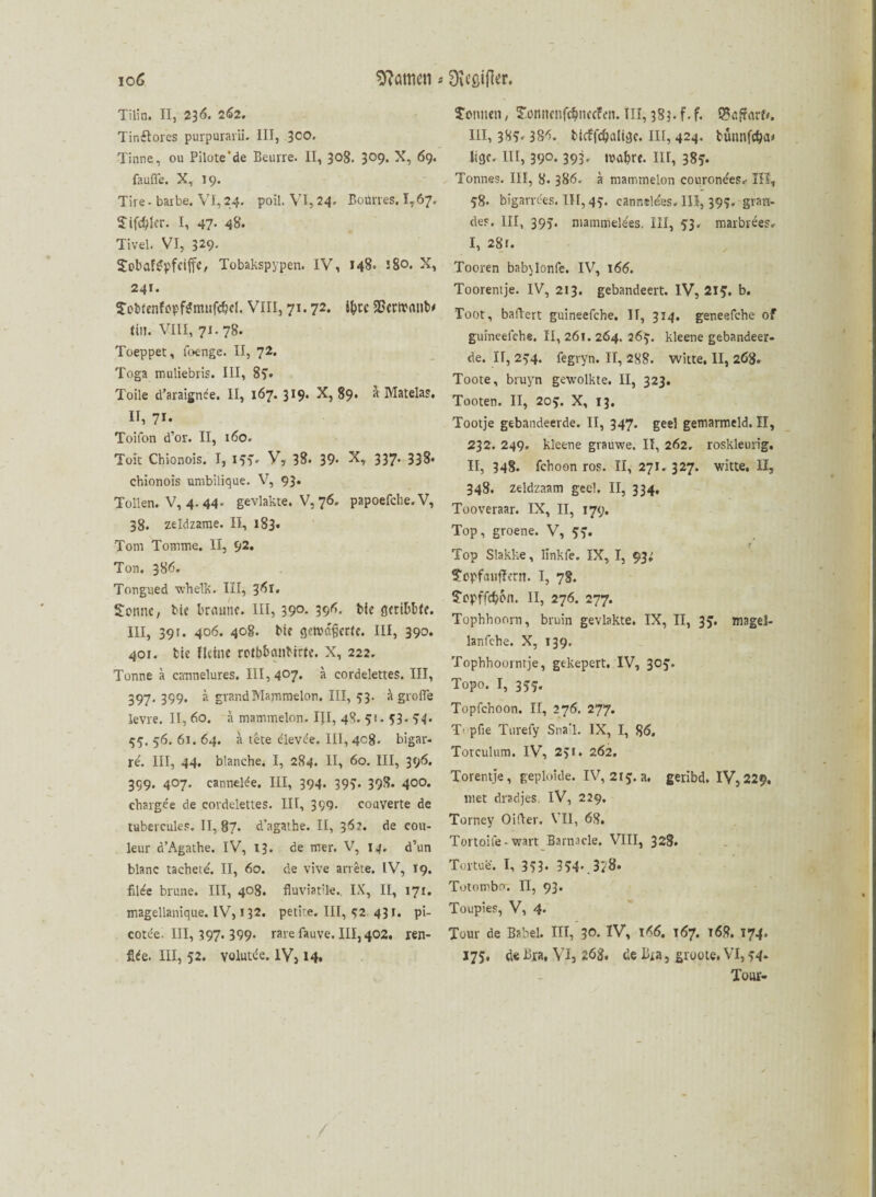 io C Göttien a Difßijler. Tilin. II, 236. 262. Tinflores purpuraiii. III, 3CO. Tinne, ou Pilote‘de Beiirre. II, 308. 3°9* X, 69. faufle. X, 19. Tire - barbe. VI, 24. poil. VI, 24, Boürres. 1,67. tifd;lcr. I, 47- 48. Tivel. VI, 329* tobaftfpfeiffc, Tobakspypen. IV, 148. s8o. X, 241. tcbtenfopftfmnfcbcf. VIII, 71.72. i&ce SSertvanb' tin. VIII, 71.78. Toeppet, foenge. II, 72. Toga muliebris. III, 85« Toile d’araignee. II, 167. 319. X, 89. ä Matelas. II, 71. Toifon d’or. II, 160. Tok Chionois. I, 135* V, 38. 39- X, 337. 338. chionois umbilique. V, 93. Tollen. V, 4. 44- gevlakte. V, 76. papoefche.V, 38. zeldzame. II, 183. Tom Tomme. II, 92. Ton. 386. Tongned whelk. III, 361. tonne, bie braune. III, 39°- 396. bk öcribbie. III, 39 r. 406. 408. bie <jftx»c§crfe. III, 390. 401. bie Heine rotb&cuibirte. X, 222. Tonne a camnelures. III, 4°7« a cordelettes. III, 397- 399- ^ gvandMammelon. III, 53. Ji grofie levre. II, 60. ä mammelon. IJI, 48. 51. 33. 54* 33. 56. 61. 64. a tete dlevde. III, 408* bigar- re\ III, 44. blanche. I, 284. II, 60. III, 396. 399. 407. cannelde. III, 394. 399. 398. 400. chargee de cordelettes. III, 399- coaverte de tubercules. II, 87. d’agathe. II, 362. de eou- leur d’Agathe. IV, 13. de mer. V, 14. d’un blanc tachete'. II, 60. de vive arrete. IV, 19. filde brune. III, 408. fluviatile. IX, II, 171. magellanique. IV, 132. petite. III, 32 431. pi- cotde. III, 397. 399- rare fauve. III, 402. ren- fl<e. III, 52. volutde. IV, 14, tonnen, tonnenf^ncefen. III, 383. f. f. Q3äf?arf*. III, 385» 384. bicffdjalitjc. III, 424. tünnfe^a# lige. III, 390.393. mabre. III, 385. Tonnes. III, 8- 386. ä mammelon couronees.- III, 38* bigarrdes. 111,45. canntl&s» III, 399. grarr- des. III, 393. mammele'es, III, 53. marbrees. I, 281. Tooren bafylonfe. IV, 166. Tooremje. IV, 213. gebandeert. IV, 213. b. Toot, balTert guineefche. II, 314. geneefche of guineelche. 11,261.264.263’. kleene gebandeer- de. II, 234. fegryn. II, 288. Witte, II, 268. Toote, bruyn gewölkte. II, 323. Tooten. II, 203. X, 13. Tootje gebandeerde. II, 347. geel gemarmeld. II, 232. 249. kleene grauwe, II, 262. roskleurig. II, 348. fchoon ros. II, 271. 327. witte. II, 348. zeldzaam geel. II, 334. Tooveraar. IX, II, 179. Top, groene. V, 53. Top Slakke, Iinkfe. IX, I, 93; topfauflern. I, 78. topffd?6n. II, 276. 277. Tophhoorn, bruin gevlakte. IX, II, 35. magel- lanfche. X, 139, Tophhoorntje, gtkepert. IV, 303. Topo. I, 333. Topfchoon. II, 276. 277. T- pfie Turefy Sna‘1. IX, I, 86, Torculum. IV, 231. 262. Torentje, geploide. IV, 213. a. geribd. IV, 229. inet dradjes. IV, 229. Torney Oifter. VII, 68. Tortoife-wart Barnacle. VIII, 328. Tortue. I, 333. 354*.3;8. Totombo. II, 93. Toupies, V, 4- Tour de Babel. III, 50. IV, 1*6. 167. t68. T74, 175. de Bra, VI, 268. de Bia, groote. VI, 34* Tour-