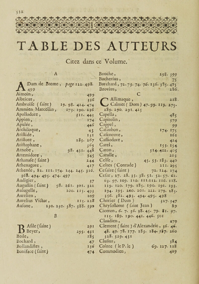 TABLE DES AUTEURS Citez dans ce Volume. 19* 98. *73- A A Dam de Breme , page 4 99 Aimoin, Albricus, Ambroife ( faint ) Ammien Marcellin, Apollodore , Appien, Apulée, Archiloque, Ariftide, Ariftote , Ariftophane, Arnobe, Artemidore , Athanafe ( faint ) Athenagore , Athenée, 82. m. 174. 244. $68. 494. 495. 474. 497 Audigier, Auguftin ( faint ) 98. 261. Aulugelle, xoo. Aurelien , Aurelius Vi&or, Aufone, 150. 230. 387. 122. 498. 499 336 424. 474 190. 236 311* 443 174 446 43 131 183. 267 565 448 545 244 417 $ï6. 98. 431, 245. $oi. 115* 115 ' $88. Bouche, 298. 399 Bucherius, 75 Burchard, 72.73. 74. 76. 136. 385.475 Bzovius, * 286 C CAllimaque, 218 Calmet ( Dom ) 47. 99. 119. 275. 289. 290. 291. 425 Capella, Capitolin, Cappel, Caîaubon, Cafeneuve, Cafiiodorc > Catel, Caton, Catulle , Celfe, 45, Celtes ( Conrade ) Ce fai te ( faint ) 485 379 99 *75 161 424 *54 405 20$ 53. 183. 440 211. 295 72. 124. 174 *74- I53- 314. 402. B BAfile (faint ) Beyer, Bede, Bochard , Bollandiftes , Boniface (faint) 295- 37 $22 493 209 228 393 291 431 iS5 47 136 474 Cefar, 27. 28. 33. 38, 51. 52. 57. 62. 63. 97. 109. no. ni.112. 116. 118. 119. 120. 179. 185. 190. 191. 193. 194. 195. 200. 201. 222. 279. 285. 356. 382. 495. 494. 495. 498 Chorier ( Dom ) 327. 347 Chryfoftome ( faint Jean ) 89 Cicéron, 6. 7. 36. 38.45. 79. 81. 97. 115. 189. 190. 441. 446. 501 Claudien, 279 Clement ( faint ) d’Alexandrie , 36- 46. 48. 49. 78. 177. 183. 184* 187. 260 328. 329. 431 Clufius, 384 Cointe ( le P. le ) 69. 127. 128 Commodien, 429