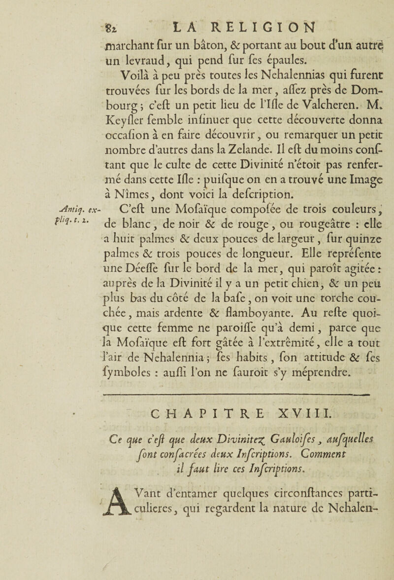 marchant fur un bâton, & portant au bout dun autre; un levraud, qui pend fur fes épaules. Voilà à peu près toutes les Nehalennias qui furent trouvées fur les bords de la mer , aflez près de Dom- bourg ; c’eft un petit lieu de lllle de Valcheren. M* Keyfler femble inflnuer que cette découverte donna occafion à en faire découvrir, ou remarquer un petit nombre d’autres dans la Zelande. Il eft du moins cont¬ rant que le culte de cette Divinité ne toit pas renfer¬ mé dans cette Ille : puifque on en a trouvé une Image à Nîmes, dont voici la defcription. •Antiq. ex- C’eft une Mofaïque compolée de trois couleurs, fhq. 1.1. cje J3]anc ^ nojr & roUge , ou rougeâtre : elle a huit palmes &c deux pouces de largeur , fur quinze palmes ôc trois pouces de longueur. Elle repréfente une Déelfe fur le bord de la mer, qui paroît agitée : auprès de la Divinité il y a un petit chien, & un peu plus bas du côté de la bafe, on voit une torche cou¬ chée , mais ardente & flamboyante. Au refte quoi¬ que cette femme ne paroilfe qu’à demi, parce que la Mofaïque eft fort gâtée à l’extrémité, elle a tout l’air de Nehalennia ; fes habits, fon attitude & fes fymboles : aufli Ton ne fauroit s’y méprendre. J CHAPITRE XVIII. Ce que c eft que deux Divinité^ Gauloifes y aufquelles font confacrees deux Infcriptions. Comment il faut lire ces Inftriplions« AVant d’entamer quelques circonftances parti¬ culières, qui regardent la nature de Nehalen-
