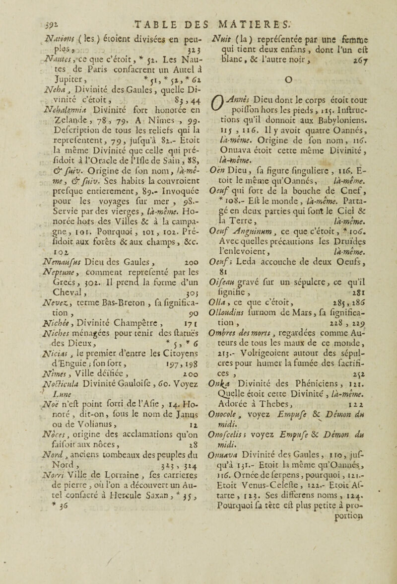 Nations ( les ) étoient divisées en peu¬ ples >o:. . 3Z 3 Nantes y*ce que c’étoit, * 52. Les Nau- tes de Paris confacrent un Autel à Jupiter, * ji, * 52, * 61 Neha 3 Divinité des Gaules, quelle Di¬ vinité c’étoic, 85,44 Nehalennia Divinité fort honorée en Zélande , 78 , 79. A Nîmes , 99. Defcription de tous les reliefs qui la reprefentent, 79, jufqua 82.- Etoit la même Divinité que celle qui pré- fidoit à l’Oracle de l’Ifle de Sain , 88, & fniv. Origine de fon nom, là-mê¬ me, & fuiv. Ses habits la couvroienc prefque entièrement, 89.- Invoquée pour les voyages fur mer , 98.- Servie par des vierges, là-même. Ho¬ norée hors des Villes & à la campa¬ gne, 101. Pourquoi, 101, 102. Pré- lîdoit aux forêts Ôc aux champs, Sec. 102, Nemaufns Dieu des Gaules , 200 Neptune, comment reprefenté par les Grecs, 302. Il prend la forme d’un Cheval, 305 Nevez., terme Bas-Breton , fa Lignifica¬ tion , 90 Nichée y Divinité Champêtre, 171 Niches ménagées pour tenir des ftatucs des Dieux, * 5, * 6 Nicias j le premier d’entre les Citoyens d’Enguie ; fon fort, *97 >198 Nîmes, Ville déifiée, 200 NoÜicula Divinité Gauloife , 60. Voyez '[ Lune Noè n’efl point forti de l’Afie , 14. Ho¬ noré , dit-on, fous le nom de Janus ou de Volianus, 12 Noces, origine des acclamations qu’on faifoit aux noces, z8 Nord , anciens tombeaux des peuples du Nord , 323 , 324 Nom Ville de Lorraine, fes carrières de pierre , où l’on a découvert un Au¬ tel confacré à Hercule Saxan , * 35 , * $6 Nuit (la) repréfentée par une femme qui tient deux enfans, donc l’un eft blanc, & l’autre noir, 267 O Armés Dieu dont le corps étoic tout poiflonhors les pieds, 115. Inltruc- tions qu’il donnoic aux Babyloniens, iij , 116. Il y avoir quatre Oannés, là-même. Origine de fon nom, in». Onuava étoit cette même Divinité , là-même. O en Dieu, fa figure fingulierc , 116. E- toit le même qu’Oannés, là-même. Oeuf qui fort de la bouche de Cnef, * iq8.- Eli le monde , là-même. Parta¬ gé en deux parties qui font le Ciel & la Terre, là-même. Oeuf Anguinnm 3 ce que c’étoit, * 106. Avec quelles précautions les Druides l’enlevoient, là-même. Oeufs Leda accouche de deux Oeufs, 81 Oifean gravé fur un sépulcre, ce qu’il lignifie, 281 O lia , ce que c’étoit, 285,286 Ollouditts furnom de Mars, fa Lignifica¬ tion , 228 , 229 Ombres des morts, regardées comme Au¬ teurs de tous les maux de ce monde, 213.- Voltigeoient autour des sépul¬ cres pour humer la fumée des facrifi- ces , 2$2 Onkjt Divinité des Phéniciens, 121. Quelle étoit cette Divinité , là-même. Adorée à Thebes, 122 Onocole3 voyez Empnfe 8c Démon dn midi. Onofcelis > voyez Empnfe 8>C Démon du midi. Onuava Divinité des Gaules , 110, juf- qu’à 131.- Etoit la même qu’Oannés, 116. Ornée de 1erpens, pourquoi, 121.- Etoit Venus-Celefle , 122.- Etoit Af- tarte , 123. Ses différons noms, 124. Pourquoi fa tète ell plus petite à pro¬ portion