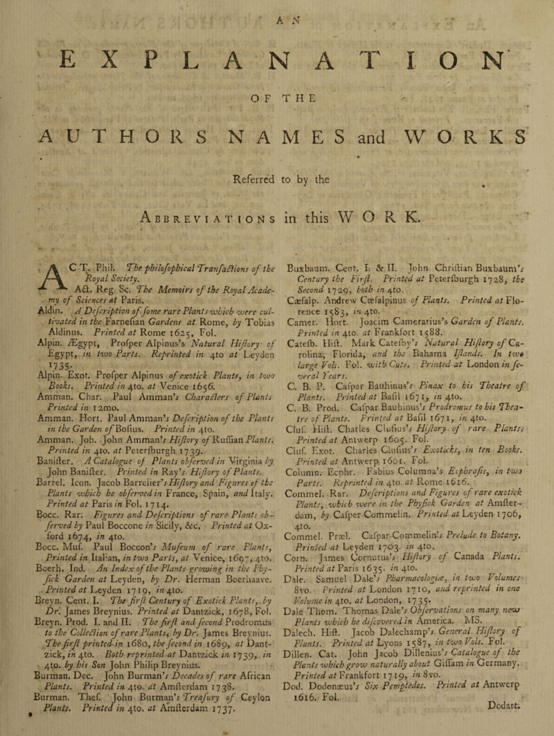 EXPLANATION O F AUTHORS N A Referred ABBREVI AT IONS C T. Phil. The philofophical Tranfactions of the Royal Society. AQi. Reg Sc. The Memoirs of the Royal Acade¬ my of Sciences at Paris. Aldm. A Defcription of fonie rare Plants which were cul¬ tivated in the Farnefian Gardens at Rome, by Tobias Aldinus. Printed at Rome 1625, Fol. Alpin. /Egypt, Profper Alpinus’s Natural Hiflory of Egypt, in two Parts. Reprinted in 4to at Leyden 1735* Alpin. Exot. Profper Alpinus of exotick Plants, in two Books. Printed in 4m. at Venice 1656. Amman. Char. Paul Amman’/ Characters of Plants Printed in 12mo. Amman. Hort. Paul Amman’/ Defcription of the Plants in the Garden o/'Bofius. Printed in 4m. Amman. Joh. John Amman’/ Hiflory o/'Ruffian Plants, printed in 4m. at Peterfburgh 1739. Banider. A Catalogue of Plants obferved in Virginia by John Banider. Printed in Ray’/ Hiflory of Plants. Barrel. Icon. Jacob Barrel'iePs Hi/lory and Figures of the Plants which be obferved in France, Spain, and Italy, Printed at Paris in Fol. 1714. Bocc. Rar. Figures and Defcriptions of rare Plants ob¬ ferved by Paul Boccone in Sicily, &c. Printed at Ox¬ ford 1674, in 4m. Bocc. Muf. Paul Boccon’/ Mufeurn of rare Plants, Printed in Italian, in two Parts, at Venice, 1697, 4to. Boerh. Ind. An Index of the Plants growing in the Phy- ftck Garden at Leyden, by Dr. Llerman Boerhaave. Printed at Leyden 1719, in-jfio. Breyn. Cent. I, . The frji Century of Exotick Plants,..by Dr. James Breynius. Printed at Dantzick, 1678, Fol. Breyn. Prod. I. and II. The firfl and fecond Prodromus to the Colledlion of rare Plants, by Dr. James Breynius. The firf printed in 1680, the fecond in 1689, at Dant¬ zick, in 4to. Both reprinted at Dantzick in 1739, in 4to. by his Son John Philip Breynius. Burman. Dec. John Burman’/ Decades of rare African Plants. Printed in 4(0. at Amderdam 1738. Burman. Thef. John Burman’/ Treafury of Ceylon Plants. Printed in 4to. at Amderdam 1737. T H E M E S and W O R K S to by the in this W O R K, Buxbaum. Cent. I. & II. John Chridian BuxbaumT Century the Firfl, Printed at Peterfburgh 1728, the Second 1729, both in 410. Caefalp. Andrew Caefalpinus of Plants. Printed at Flo¬ rence 1583, in 4to. Camer. Hort. Joacim Camerarius’s Garden of Plants, Printed in 4m. at Frankfort 1588. Catelb. Hid. Mark Catelby’/ Natural Hiflory of Ca¬ rolina, Florida, and the Bahama Iflands. In two large Vols. Fol. with Cuts. Printed at London in fe¬ ver al hears. C. B. P. Cafpar Bauhinus’/ Pinax to his Theatre of Plants. Printed at Balil 1671, in 4m. C. B. Prod. Cafpar Bauhinus’/ Prodromus to his Thea¬ tre of Plants, printed at Bafil 1671, in 4to. Cluf. Hid. Charles Cluftus’/ Hiftory of rare Plants,- Printed at Antwerp 1605. Fol. Cluf. Exot. Charles Cludus’/ Exoticks, in ten Books. Printed at Antwerp, 1601. Fol. Column. Ecphr. Fabius Columna’s Ecphrafis, in two Parts. Reprinted in 4U). at Rome 1616. Commel. Rar. Defcriptions and Figures of rare exotick Plants, which were in the Phyfick Garden at Amder- dam, by Cafper Commelin. Printed at Leyden 1706, 420. Commel. Prael. Cafpar Commelixv’/ Prelude to Botany. Printed at Leyden 17-03. in 4to. Corn. James Cornutus’/ Hifiory of Canada Plants. Printed at Paris 1635. in 410. Dale. Samuel Dale’/ Pharmacologies, in two Volumes - 8vo. Printed at London 1710, and reprinted in one Volume in 4m. at London, 1735- Dale Thom. Thomas Dale’/ Obfervations on many new Plants which he difeovered in America. MS. Dalech. Hid. Jacob Dalechamp’/ General Hifory of Plants. Printed at Lyons 1587, in two Vols. Fol. Dillen. Cat. John Jacob Dillenius’/ Catalogue of the Plants which grow naturally about Giflam in Germany, Printed at Frankfort 1719, in 8vo. Dod. Dodonseus’/ Six Pemptedes. Printed at Antwerp 1616. Fol. Dodart,